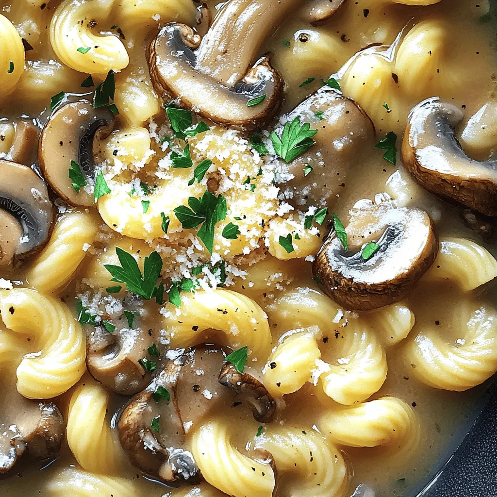For this creamy mushroom pasta soup, you need a few key ingredients. Here’s what you should gather: - 8 oz (225 g) elbow macaroni or pasta of choice - 2 tablespoons olive oil - 1 medium onion, finely chopped - 3 cloves garlic, minced - 12 oz (340 g) mixed mushrooms (cremini, shiitake, and button), sliced - 4 cups vegetable broth - 1 cup heavy cream or coconut milk for a dairy-free option - 1 teaspoon dried thyme - 1 teaspoon dried rosemary - Salt and pepper to taste - Fresh parsley, chopped (for garnish) - Grated Parmesan cheese (optional, for a finishing touch) These ingredients create a rich and filling dish. The blend of mushrooms adds deep flavor, while the cream makes it smooth and comforting. You can elevate your soup with a few simple garnishes. Here are some tasty options: - Fresh basil or chives for a burst of freshness - Croutons for added crunch - A drizzle of truffle oil for a gourmet touch - A sprinkle of red pepper flakes for heat These enhancers can change the soup's flavor and texture. Have fun mixing and matching! If you or someone you know has dietary needs, don’t worry! You can easily adjust this recipe. Here are some ideas: - Use gluten-free pasta if you avoid gluten. - Replace heavy cream with coconut milk for a dairy-free soup. - Choose vegetable broth for a vegan option. - For extra protein, add cooked chicken or tofu. These substitutions let everyone enjoy the soup. You can still achieve great taste and comfort! For the full recipe, check the recipe section above. Start by gathering all your ingredients. You will need elbow macaroni, olive oil, onion, garlic, and mushrooms. In a large pot, heat the olive oil over medium heat. Add the finely chopped onion. Sauté it for about five minutes until it becomes soft and clear. Then, mix in the minced garlic for one more minute. This step builds a strong flavor base for your soup. Next, it’s time to add the mushrooms. Use a mix of cremini, shiitake, and button mushrooms for great taste. Slice them and throw them into the pot. Cook these mushrooms for five to seven minutes. Stir them often until they are soft and release their juices. The aroma will fill your kitchen, making it hard to wait for the next step. Now, pour in the vegetable broth. Bring the mixture to a boil. Once it starts boiling, add the pasta. Cook according to the package instructions until the pasta is al dente. After the pasta is ready, lower the heat and stir in the heavy cream or coconut milk. Let the soup simmer for three to five minutes until everything is warm. Season with dried thyme, dried rosemary, salt, and pepper. Taste and adjust the seasoning as you like. Finally, serve the soup hot. Garnish with fresh parsley and Parmesan cheese if you wish. For the complete recipe, check out the Full Recipe. To get that creamy texture, start with heavy cream or coconut milk. Add it slowly to the pot after cooking the pasta. Stir gently to mix it well. This helps the cream blend with the broth. If you want a thicker soup, let it simmer longer. You can also mash a few mushrooms to thicken it up. This gives a nice, rich feel without extra cream. To make your soup shine, try adding fresh herbs. Thyme and rosemary work well, but fresh parsley adds a bright touch too. You can also add a squeeze of lemon juice for a bit of zest. Just a little enhances the flavor. For extra depth, sprinkle in some nutritional yeast or a dash of soy sauce. Both add umami without making it salty. One common mistake is overcooking the pasta. Cook it just until al dente, as it will soften more in the soup. Another error is adding the cream too early. This can cause it to curdle. Always wait until the soup is off the heat. Lastly, don’t skip the seasoning. A little salt and pepper can make a big difference in flavor. Adjust to taste! {{image_2}} You can boost the nutrition of your creamy mushroom pasta soup by adding proteins. Chicken works great here. Simply cook diced chicken breast in the pot before adding onions and garlic. Tofu is a fantastic choice too. Use firm tofu, cut into cubes, and sauté it until golden before combining it with the mushrooms. Both options make the soup heartier and more satisfying. Feel free to swap out the elbow macaroni for any pasta you love. Penne or fusilli can add a fun twist. If you want a gluten-free option, try chickpea or rice pasta. Just keep an eye on the cooking time, as different pastas may need more or less time. The shape of the pasta can change the soup's texture and feel. This soup can easily become vegetarian or vegan. To make it vegetarian, use vegetable broth and heavy cream or coconut milk, as mentioned in the full recipe. For a vegan version, skip the cream and use coconut milk instead. You can also add more veggies, like spinach or kale, for added nutrition. These changes keep the soup creamy and delicious while fitting various diets. To keep your creamy mushroom pasta soup fresh, store it in an airtight container. Make sure to cool the soup to room temperature first. This helps prevent bacteria growth. Place the container in the fridge. It will stay good for about 3 to 5 days. If you plan to eat it later, consider separating the pasta. Pasta can absorb liquid and change texture when stored. When you’re ready to enjoy the soup again, reheat it gently. Pour it into a pot over low heat. Stir it often to avoid sticking or burning. If the soup looks thick, add a splash of broth or water. This helps restore its creamy texture. You can also heat it in the microwave. Use a microwave-safe bowl and cover it loosely. Heat in short bursts, stirring in between. You can freeze creamy mushroom pasta soup too! Use a freezer-safe container for best results. Leave some space at the top, as the soup will expand. Label the container with the date. It can last for about 2 to 3 months in the freezer. When ready to eat, thaw it overnight in the fridge. Then, reheat as mentioned above. Keep in mind, the pasta may become softer after freezing. For the best texture, consider adding fresh pasta during reheating. To make this soup dairy-free, simply swap the heavy cream for coconut milk. Coconut milk gives the soup a rich, creamy feel without any dairy. You can also use almond or oat milk for a lighter option. Just aim for unsweetened varieties to keep the taste balanced. Adjust the seasoning as needed since these milks can have different flavors. Yes, you can use dried mushrooms instead of fresh. Dried mushrooms offer a strong, deep flavor. Before using them, soak the dried mushrooms in warm water for about 20-30 minutes. This rehydrates them and brings back their texture. After soaking, chop them and add them to the soup as you would with fresh mushrooms. Creamy Mushroom Pasta Soup pairs well with several side dishes. Here are a few suggestions: - Garlic bread: This adds a nice crunch and flavor. - Simple green salad: A fresh salad complements the rich soup. - Steamed broccoli or asparagus: These add a healthy, colorful touch. - Cheese toast: This is perfect for dipping in the soup. These sides enhance the meal and make it even more delightful. For the full recipe, you can check the detailed instructions above. This blog post covered everything you need to know to make creamy mushroom pasta soup. We explored the main ingredients, preparation steps, and tips for a rich flavor. You learned how to customize with protein options and store your soup well. Remember, you can make this dish dairy-free or use dried mushrooms for added convenience. With these tips and tricks, you can create a delicious meal every time. Enjoy cooking and sharing this comforting soup with others!