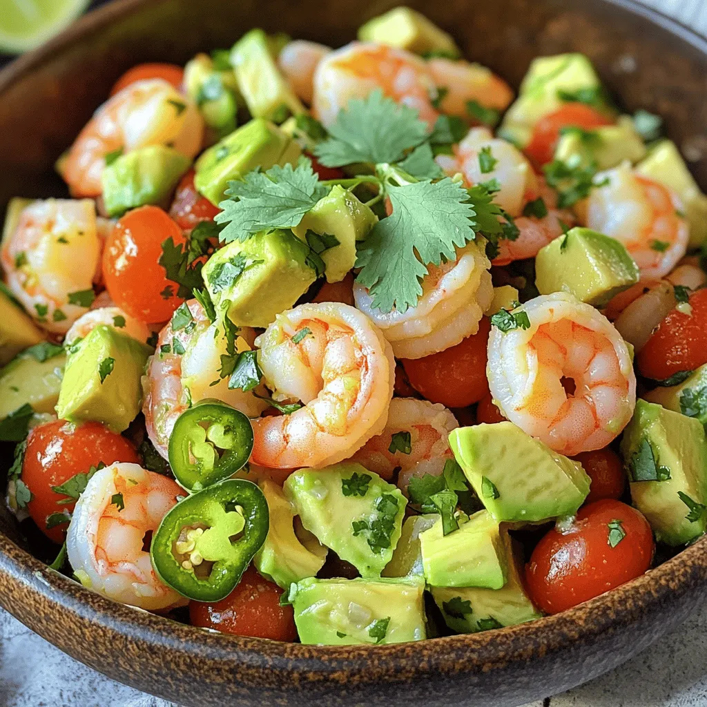 - 1 pound shrimp, peeled and deveined - 2 ripe avocados, diced - 1 cup cherry tomatoes, halved - Additional fresh vegetables: red onion and jalapeño When I create a Shrimp and Avocado Salad, I focus on fresh, high-quality ingredients. The shrimp is the star here. Make sure to use peeled and deveined shrimp for ease. You can choose fresh or frozen shrimp. If you use frozen, thaw them in cold water before cooking. The avocados add a creamy texture. Look for ripe ones, which feel slightly soft when you press them. Diced avocados mix well with the shrimp. Cherry tomatoes add color and a burst of flavor. Halve them for easy eating. Red onion brings a nice crunch. It also adds a hint of sweetness. I like to finely dice it to keep the flavors balanced. Jalapeño adds a kick, but you can adjust the amount to suit your taste. If you prefer less heat, just use a small amount or omit it. - 2 tablespoons lime juice - 2 tablespoons olive oil - Seasonings: garlic powder, salt, and pepper The dressing is simple yet flavorful. I mix lime juice and olive oil for a bright taste. Lime juice gives a fresh zing, which pairs well with shrimp. Olive oil adds richness. For seasoning, I use garlic powder, salt, and pepper. This combination enhances the dish without overpowering it. Taste the dressing before adding it to the salad. You can adjust the salt and pepper to your liking. - Fresh cilantro, chopped For a finishing touch, I like to sprinkle fresh cilantro on top. It adds a burst of color and a fresh taste. Chop it finely so it mixes well with the salad. This Shrimp and Avocado Salad is not just tasty; it is also visually appealing. The mix of colors from the shrimp, avocados, and tomatoes makes it a feast for the eyes. For the full recipe, check out the details provided above. To boil shrimp perfectly, start with a large pot. Fill it with salted water and bring it to a boil. Once the water is boiling, add the shrimp. Cook them for about 2-3 minutes. The shrimp should turn pink and opaque. After cooking, drain the shrimp and set them aside to cool. Cooling the shrimp is important. It keeps them tender and helps the salad stay fresh. Next, it’s time to mix the salad ingredients. In a mixing bowl, combine the diced avocados, halved cherry tomatoes, diced red onion, and minced jalapeño. This mix adds great color and flavor. To maintain freshness, mix the ingredients gently. This way, you won’t mash the avocados. Now let’s prepare the dressing. In a small bowl, whisk together lime juice and olive oil. Add garlic powder, salt, and pepper to taste. This simple dressing gives the salad a bright flavor. For seasoning accuracy, taste as you go. You can adjust the salt, pepper, or lime juice based on your preference. Once everything is ready, add the cooled shrimp to the avocado mixture. Pour the dressing over the top and gently toss everything together until evenly coated. Your Shrimp and Avocado Salad is now ready to serve! Check out the [Full Recipe] for more details. To cook shrimp just right, start by boiling water with salt. The shrimp should take only 2 to 3 minutes to cook. Watch for them to turn pink and opaque. Overcooking can make them tough. After cooking, cool the shrimp quickly by draining and rinsing in cold water. This stops the cooking process and keeps them tender. Common mistakes include not salting the water or cooking shrimp too long. Always taste one to check doneness. If it feels rubbery, it’s overcooked. Selecting ripe avocados is key. Look for avocados that yield slightly to gentle pressure, showing they are soft but not mushy. Dark green or black skin usually indicates ripeness. Avoid any with large dark spots or wrinkles. Store unripe avocados at room temperature. Once ripe, use them within a few days or refrigerate to slow down the ripening. To tweak the dressing, mix lime juice and olive oil to your taste. If you want more zest, add extra lime juice. For a richer flavor, increase the olive oil. For heat, include more jalapeño or a pinch of chili flakes. If you prefer sweetness, try adding honey or agave syrup. Always taste as you adjust to find your perfect balance. For the full recipe, check out [Full Recipe]. {{image_2}} You can switch up the proteins in your shrimp and avocado salad for more flavor. Crab meat adds a sweet taste and pairs well with the creamy avocado. Chicken is another great choice. Grilled or poached chicken adds a hearty touch. For those who prefer a vegan option, try using chickpeas or black beans. These legumes add protein and fiber. They also give a nice texture to your salad. Dressings can change the whole vibe of your salad. A creamy dressing can make it rich and smooth. You can use yogurt or avocado to create a creamy base. A vinaigrette made from olive oil and vinegar offers a light and zesty flavor. Citrus dressings are always a hit. You can add lime, lemon, or orange juice for a fresh twist. Each citrus fruit brings its own unique taste, making your salad bright and vibrant. Seasonal vegetables can take your salad to new heights. Consider adding bell peppers, cucumber, or radishes for crunch. These vegetables not only enhance flavor but also add color. If you have dietary needs, there are easy swaps. For a gluten-free option, all the ingredients work well. If you're going keto, stick to the shrimp and avocado, and skip high-carb items. This ensures everyone can enjoy your salad. Be sure to check out the Full Recipe for all the details on making this delicious dish! To store leftover shrimp and avocado salad, place it in an airtight container. This keeps air out and maintains freshness. Consume it within two days for the best taste. To prevent browning in avocados, squeeze some lime juice over them before storing. The acid in lime juice slows down the browning process. You should not reheat the salad. Reheating can make the shrimp tough and spoil the creamy texture of the avocado. If you want to eat leftover shrimp, heat them gently. Use a pan over low heat for a few minutes. This warms the shrimp without overcooking them. The salad stays fresh in the fridge for up to two days. After that, it may lose flavor and texture. Watch for signs of spoilage like a sour smell or slimy shrimp. If you see any of these, it is best to throw it away. Enjoy your shrimp and avocado salad fresh for the best experience! Yes, you can prepare this salad ahead of time. To do this, cook the shrimp and let them cool. You can mix the shrimp with the other ingredients right before serving. This keeps everything fresh. Store the salad in the fridge. If you make it too early, the avocados may brown. To slow that down, add lime juice right before serving. Yes, this shrimp and avocado salad is gluten-free. All the ingredients in this recipe, like shrimp, avocados, and vegetables, contain no gluten. Always check for cross-contamination if you have a severe gluten allergy. This salad pairs well with many sides. Consider serving it with: - Crunchy tortilla chips - Freshly baked bread - A light citrus sorbet - Grilled corn on the cob These sides add flavor and make the meal more filling. Enjoy your refreshing shrimp and avocado salad with these tasty options! For the full recipe, check out the details above. This blog post guides you on making a tasty shrimp and avocado salad. We covered the main ingredients, including shrimp, ripe avocados, and fresh veggies. I outlined the best steps for cooking shrimp and mixing the salad. You learned tricks for choosing ripe avocados and adjusting flavors. Plus, I shared ways to store leftovers and keep them fresh. With these tips, you can enjoy this refreshing salad anytime. Dive in and let your creativity shine with different flavors! Your perfect salad is just a mix away.