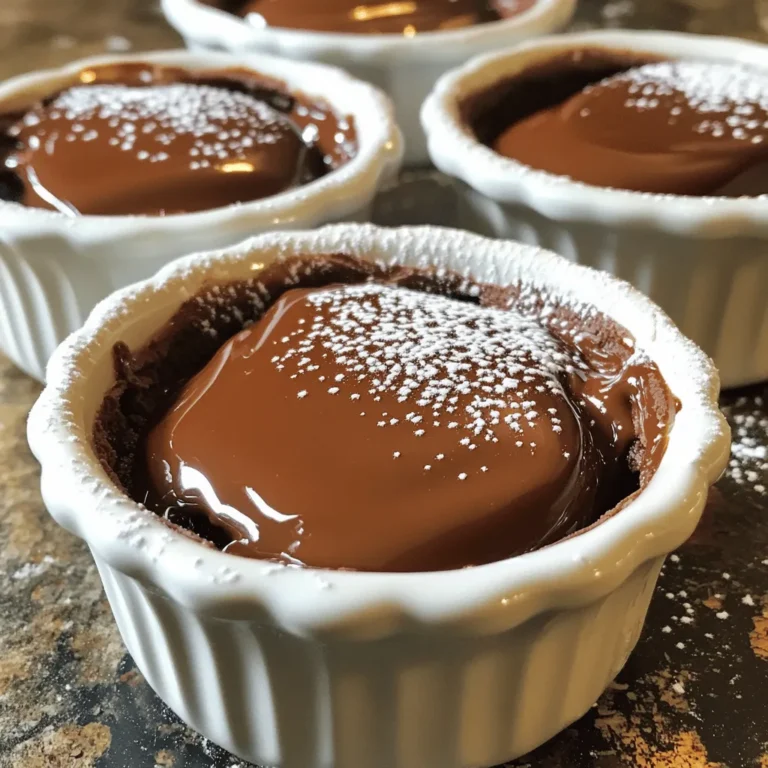 - 1/2 cup unsalted butter - 1 cup semi-sweet chocolate chips - 1 cup powdered sugar - 2 large eggs - 2 large egg yolks - 1 teaspoon vanilla extract - 1/4 cup all-purpose flour - 1/4 teaspoon salt - Cocoa powder for dusting To make a great chocolate lava cake, you need simple ingredients. Each one plays a key role in creating that soft, melting center. Butter and chocolate are the stars. They blend to create a rich base. The eggs are important too. They help the cake rise and set. You add powdered sugar for sweetness. This gives it a nice, smooth texture. The flour and salt balance the flavors. The flour helps hold the cake together, while the salt enhances the taste. Lastly, cocoa powder adds a touch of elegance when you dust the ramekins. - Ramekins - Whisk - Mixing bowls - Baking sheet Using the right equipment makes baking easier. Ramekins are a must for this recipe. They help shape the cake and keep it neat. A whisk mixes the ingredients well, giving you a smooth batter. Mixing bowls allow you to combine everything without making a mess. A baking sheet is perfect for easy handling in the oven. For this recipe, having the right tools helps ensure success. You will be amazed at how simple it is to create this decadent dessert. Once you gather these items, you can dive into the full recipe and start baking! 1. First, preheat your oven to 425°F (220°C). This helps the cakes bake evenly. 2. Next, grease four ramekins with unsalted butter. Dust them with cocoa powder to stop sticking. 1. In a medium bowl, combine the unsalted butter and semi-sweet chocolate chips. 2. Microwave them in 30-second bursts. Stir in between until the mix is smooth. 3. After that, whisk in the powdered sugar until it blends well. 4. Now, add the whole eggs, egg yolks, and vanilla extract. Whisk until everything is mixed. 5. Gently fold in the all-purpose flour and salt. Mix until just combined, but don’t overmix. 1. Divide the batter evenly among the prepared ramekins. 2. Place the ramekins on a baking sheet. Bake for 12-14 minutes. The edges should be firm, but the center should jiggle. 3. When done, take them out and let sit for 1 minute. Run a knife around the edges to loosen the cakes. 4. Invert the cakes onto plates and lift off the ramekins. Serve right away for that gooey lava effect. For more details, check the Full Recipe. To get that perfect gooey center, you must watch the baking time. Start checking your cakes at around 12 minutes. If the edges look firm but the center is soft, it's ready. If not, add a minute or two. Your oven might run hot or cold. Use an oven thermometer to check the exact temperature. This small detail can change everything. When it comes to serving, make it look amazing! Use a fine sieve to dust cocoa powder on top. This gives an elegant touch. You can also add a scoop of vanilla ice cream beside the cake. Fresh berries can add color and flavor, too. A drizzle of chocolate sauce can create a showstopper dessert. One common mistake is overmixing the batter. This can make the cake tough. Mix just until the flour blends in. Another mistake is not baking at the right temperature. Too hot can burn the edges while leaving the center raw. Always double-check your oven settings before baking. {{image_2}} You can change up the flavor of your chocolate lava cake. One way is by adding espresso or coffee. Just a teaspoon of espresso powder wakes up the chocolate. It adds depth and richness to the taste. You will love the new twist it gives. Another option is using different types of chocolate. You can try dark chocolate for a more intense flavor. Or use milk chocolate for a sweeter cake. Each type of chocolate gives its own unique taste. Feel free to mix and match to your liking. For gluten-free options, swap out the all-purpose flour. Use a gluten-free flour blend instead. This simple change makes the cake safe for those with gluten intolerance. It still tastes rich and delicious. If you want a vegan version, replace the eggs. Use flaxseed or chia eggs as a binder. Mix one tablespoon of ground flaxseed or chia seeds with three tablespoons of water. Let it sit for a few minutes to thicken. You can also use dairy-free butter and chocolate to keep it vegan. This way, everyone can enjoy the delight of lava cake. Pairing with sauces can elevate your dessert. A drizzle of raspberry or caramel sauce adds a lovely touch. It contrasts well with the rich chocolate. You could even try a chocolate sauce for double the chocolate goodness. Serving with fresh fruits makes your dessert look stunning. Raspberries or strawberries add color and freshness. They also balance the sweetness of the cake. Arrange them on the plate for a beautiful presentation. For the full recipe, check the complete details above. To keep your leftover chocolate lava cake fresh, store it in the fridge. Place it in an airtight container to avoid drying out. You can enjoy it for up to three days. If you want to save some for later, freezing is a great option. Wrap each individual cake tightly in plastic wrap. Then, place them in a freezer-safe bag or container. They can last in the freezer for about three months. When it's time to enjoy your cake again, use the oven or microwave to reheat. For the oven, preheat it to 350°F (175°C). Place the cake on a baking sheet and heat for about 10 minutes. This method helps keep the lava center gooey. If you’re short on time, use the microwave. Heat it for about 30 seconds on medium power. Check to see if it’s warm throughout. Be careful not to overheat, or the center may lose its molten texture. Following these storage and reheating tips will keep your chocolate lava cake delicious and gooey, just like the first time you made it! To check if your lava cake is done, look for a few signs. The edges should be firm and set. The center, however, should still jiggle slightly when you shake the ramekin. This jiggle means the gooey center is ready to flow out. If the top looks dry or cracked, you may have overcooked it. Aim for a balance between firm edges and a soft center. Yes, you can prepare chocolate lava cake ahead of time. Make the batter and fill the ramekins. Cover them with plastic wrap and store them in the fridge. They can stay fresh for up to 24 hours. When you’re ready to bake, just add a couple of extra minutes to the baking time. This way, you can enjoy warm lava cake with little fuss. Absolutely! Doubling the recipe is easy and fun. Just use double the amounts for each ingredient. Make sure your mixing bowl is large enough for the extra batter. Also, when filling the ramekins, do not overfill them; keep the same amount per ramekin. Bake them the same way, but check for doneness a minute or two later, as larger batches may need more time. For the full recipe, check the earlier section. This blog post covered how to make delicious chocolate lava cake. We discussed ingredients, required equipment, and step-by-step instructions. I shared tips for achieving the perfect molten center and avoiding common mistakes. We explored variations for taste and dietary needs, plus storage and reheating advice. Remember, practice makes perfect. Enjoy baking, and don’t hesitate to get creative with flavors or presentations. Your lava cake should taste as good as it looks!