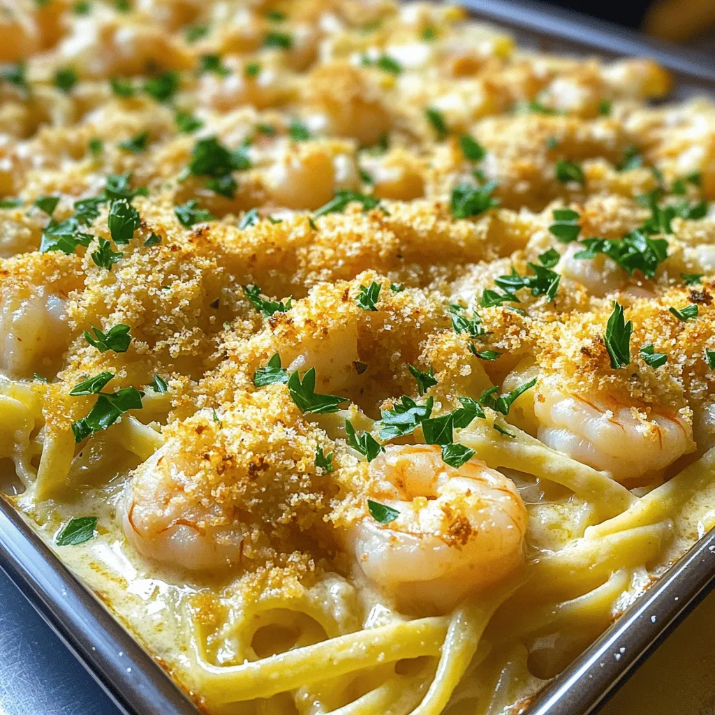 - 8 ounces uncooked linguine or spaghetti - 1 pound large shrimp, peeled and deveined - 4 tablespoons unsalted butter - 4 tablespoons olive oil - 4 cloves garlic, minced - 1 teaspoon red pepper flakes - Zest and juice of 1 lemon - 1/2 cup low-sodium chicken broth - 1 cup heavy cream - 1 cup grated Parmesan cheese, divided - 1 cup breadcrumbs - Salt and black pepper, to taste - 1/4 cup fresh parsley, chopped for garnish When making Shrimp Scampi Pasta Bake, gathering the right ingredients is key. Start with the pasta. I like to use linguine or spaghetti. They hold the sauce well and give a nice bite. Next, choose fresh shrimp. They should be large, peeled, and deveined for best results. You will also need butter and olive oil for cooking. The garlic adds a nice flavor. Red pepper flakes bring some heat, but you can adjust them to fit your taste. Lemon zest and juice brighten the dish. Chicken broth adds depth to the sauce. Heavy cream makes it rich. Cheese is a must; Parmesan adds a nice salty touch. Lastly, breadcrumbs help create a crispy topping. - Alternative pasta options: You can use penne or gluten-free pasta. - Shrimp substitutions: Cooked chicken or tofu works well for a different protein. - Dairy-free alternatives: Use coconut cream and nutritional yeast instead of heavy cream and cheese. Tweaking the ingredients can make this dish fit your needs. If you’re out of shrimp, chicken or tofu can be tasty. For a lighter dish, go dairy-free. You still enjoy the flavor and comfort of this family favorite with these swaps. For the full recipe, check out the detailed steps to make this delicious Shrimp Scampi Pasta Bake. To start, preheat your oven to 375°F (190°C). This step is key for a perfect bake. While the oven heats, cook your pasta. Use 8 ounces of uncooked linguine or spaghetti. Follow the package instructions until it is al dente. Drain the pasta and set it aside. Next, it's time to sauté the shrimp and garlic. In a large skillet, melt 4 tablespoons of unsalted butter and 4 tablespoons of olive oil over medium heat. Once melted, add 4 minced garlic cloves and 1 teaspoon of red pepper flakes. Sauté this mix for about a minute until you smell the garlic. Now, add 1 pound of peeled and deveined shrimp to the skillet. Cook the shrimp until they turn pink, which takes about 3 to 4 minutes. Season with salt and black pepper to taste. Now we create the sauce with the shrimp. Stir in the zest of 1 lemon, 1/4 cup of fresh lemon juice, and 1/2 cup of low-sodium chicken broth. Bring this mixture to a slight simmer. Pour in 1 cup of heavy cream and stir until it blends well. Let the sauce simmer for 2 to 3 minutes. For extra flavor, stir in 1/2 cup of grated Parmesan cheese. In a large mixing bowl, combine the cooked pasta with the shrimp and sauce mixture. Gently toss everything until the pasta is well coated. Next, transfer your pasta mix to a greased baking dish, about 9x13 inches. In a separate bowl, mix 1 cup of breadcrumbs with the remaining 1/2 cup of Parmesan cheese. Sprinkle this topping evenly over the pasta. Now, bake in the preheated oven for 20 to 25 minutes. Look for a golden brown and bubbling top. After baking, remove the dish from the oven. Let it cool slightly. Finally, garnish with 1/4 cup of chopped fresh parsley. Serve warm and enjoy your delicious Shrimp Scampi Pasta Bake! For the full recipe, refer to the earlier section. To get perfectly cooked shrimp, cook them just until they turn pink and opaque. This takes about 3 to 4 minutes. Overcooking shrimp makes them tough and chewy. Keep an eye on them while you cook. To ensure your pasta doesn’t get soggy, cook it al dente. Follow package instructions and drain it quickly. Mixing the pasta with the sauce right away keeps it from soaking too much liquid. For garnishing, sprinkle fresh parsley on top right before serving. It adds color and freshness. You can also add a little lemon zest for a bright touch. When serving, use a large serving spoon to scoop out the pasta bake. This keeps the layers intact. Pair it with a simple green salad or crusty bread for a complete meal. Prep your ingredients in advance to save time. Peel and devein the shrimp, mince the garlic, and zest the lemon the day before. This way, you can assemble the dish faster. Using a pressure cooker can cut down on cooking time for the shrimp. Cook them for just a few minutes, and they will be ready for the sauce. This method keeps them juicy and tender. For the full recipe, check out the detailed cooking instructions above. {{image_2}} You can change the flavor of your Shrimp Scampi Pasta Bake by adding herbs or spices. Fresh basil or thyme adds a nice touch. You can also try using dill or oregano for a different taste. Want some heat? Add more red pepper flakes. You can even mix in some smoked paprika to deepen the flavor. Incorporating vegetables can also brighten this dish. I like to add spinach or cherry tomatoes. They cook fast and add color. Broccoli or bell peppers work well too. Just make sure to chop them small so they cook evenly. If you need gluten-free options, swap the pasta for gluten-free linguine or spaghetti. There are many kinds available now, so choose one you like. You can also use zucchini noodles, which are low in carbs and gluten-free. For low-carb variations, skip the pasta entirely. Use cauliflower rice or spaghetti squash instead. Both options hold the sauce well and are filling. You can still enjoy that shrimp and sauce combo without the carbs. Pair your Shrimp Scampi Pasta Bake with side dishes for a full meal. A simple side salad with lemon vinaigrette works great. Garlic bread is another favorite, giving a nice crunch. You can also serve it with steamed veggies for a balanced plate. To make it a full meal, add a protein source. Grilled chicken or a leafy green salad can turn this bake into a feast. You can even serve it with a creamy soup for a cozy dinner. There are many ways to enjoy this dish! For the complete recipe, check out the [Full Recipe]. To store your Shrimp Scampi Pasta Bake, cover it tightly. You can use aluminum foil or plastic wrap. This keeps the dish fresh and prevents it from drying out. I recommend using an airtight container for the best results. Glass containers work well because they’re easy to clean and don’t stain. If you want to save some for later, freezing is a great option. First, let the pasta bake cool completely. Then, slice it into portions for easy reheating. Wrap each portion in plastic wrap, then place them in a freezer-safe bag. This method helps keep the flavors intact. When you’re ready to eat, thaw it overnight in the fridge. You can reheat it in the oven or microwave until hot. In the fridge, your Shrimp Scampi Pasta Bake stays good for 3 to 4 days. Look for signs of spoilage before eating. If you notice any off smells, discoloration, or mold, it’s best to throw it away. Keeping an eye on these details helps you enjoy your meal safely. Making Shrimp Scampi Pasta Bake takes about 50 minutes. This includes 15 minutes for prep and 35 minutes for cooking. You can have a warm dish ready in no time! Yes, you can use frozen shrimp. Just thaw them before cooking. Place the shrimp in cold water for about 15-20 minutes. This helps them cook evenly. Fresh shrimp is great, but frozen works well too. Absolutely! You can add different cheese types. Try mozzarella or cheddar for extra creaminess. Mixing in some feta can also give a nice twist. Cheese adds flavor and makes the dish even more delicious. I recommend serving this dish with a simple salad. A green salad with lemon dressing pairs well. Garlic bread is also a great choice to soak up the sauce. These sides complement the pasta bake beautifully. This dish has both good and not-so-good elements. Shrimp is high in protein and low in fat. The heavy cream adds calories, but you can use alternatives like Greek yogurt. Balance it with veggies for a healthier meal. This blog post shared a great shrimp scampi pasta bake recipe. You learned about the essential ingredients, preparation steps, and tips. There are also variations to suit different diets. Remember, you can make this dish your own by adding herbs, veggies, or alternative pasta. The storage tips will help keep your leftovers fresh. Overall, this recipe is both easy and delicious. Cooking can be fun and rewarding, so don't hesitate to try it! Enjoy your meal and impress your family with this tasty dish.