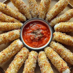 To make these cheesy treats, gather the following ingredients: - 12 sticks of mozzarella cheese (string cheese works well) - 1 cup all-purpose flour - 2 large eggs - 1 cup breadcrumbs (preferably panko for extra crunch) - 1 teaspoon garlic powder - 1 teaspoon Italian seasoning - 1 teaspoon paprika - Salt and pepper to taste - Vegetable oil, for frying - Marinara sauce, for dipping These ingredients create a crispy shell around the gooey cheese, making each bite irresistible. You can easily swap some ingredients if needed. If you want a gluten-free option, use gluten-free flour and breadcrumbs. You can also use different cheese types like cheddar or pepper jack for a twist. For a healthier version, consider using an air fryer instead of frying in oil. Using quality ingredients can elevate your mozzarella sticks. I recommend using BelGioioso or Galbani mozzarella for the best flavor. For breadcrumbs, Progresso or Kikkoman panko works great for that extra crunch. When it comes to oil, choose a high-quality vegetable oil like Canola or Peanut oil for frying. These brands consistently deliver great results and taste. Remember, the right ingredients make a big difference in your cooking experience. Start by freezing the mozzarella sticks for at least 30 minutes. This step helps the cheese hold its shape while frying. If you skip this, the cheese may melt too fast. Next, set up your breading station. In one shallow bowl, add 1 cup of all-purpose flour. Season it with salt and pepper. In a second bowl, whisk 2 large eggs until smooth. In a third bowl, mix 1 cup of breadcrumbs, 1 teaspoon of garlic powder, 1 teaspoon of Italian seasoning, and 1 teaspoon of paprika. This mix gives your sticks great flavor and crunch. Now it’s time to bread the sticks. Remove the frozen mozzarella from the freezer. Dip each stick in the flour first, shaking off any excess. Next, dip it in the egg, coating it evenly. Then roll it in the breadcrumb mix, pressing gently to make sure it sticks. For extra crunch, repeat the egg and breadcrumb steps. Heat about 2 inches of vegetable oil in a deep skillet over medium heat. Aim for a temperature of 350°F (175°C). Carefully place a few breaded sticks into the hot oil. Fry for about 2-3 minutes on each side. The sticks should turn golden brown and crispy. Do not overcrowd the pan. Fry in batches if needed. After frying, remove the sticks with a slotted spoon. Place them on a paper towel-lined plate to drain extra oil. For serving, arrange the mozzarella sticks in a circle on a large platter. Drizzle some marinara sauce in the center for a fun look. You can also sprinkle some extra Italian seasoning on top. For the full recipe, check out the detailed instructions provided. Making mozzarella sticks can be easy, but some common errors can ruin your snack. Here are a few mistakes to watch for: - Not Freezing the Cheese: Freezing the mozzarella sticks is crucial. If you skip this step, the cheese may melt too fast and ooze out during frying. - Overcrowding the Pan: Frying too many sticks at once lowers the oil temperature. This leads to soggy sticks instead of crispy ones. - Skipping the Double Breading: Just one coating of breadcrumbs is not enough for that crunch. Use the double breading technique for the best texture. Want your mozzarella sticks to be super crunchy? Follow these tips: - Use Panko Breadcrumbs: Panko gives a light and airy crunch. It’s perfect for achieving that golden-brown exterior. - Double Dip: After the first coat of breadcrumbs, dip the cheese sticks in egg and breadcrumbs again. This extra layer keeps the cheese inside while frying. - Fry at the Right Temperature: Maintaining an oil temperature of 350°F is key. Use a thermometer to check. If the oil is too cool, the sticks won’t crisp up. While marinara is a classic, you can spice things up with other dips: - Ranch Dressing: Its creamy texture pairs well with the crunchy cheese. - Buffalo Sauce: For a kick, try this spicy sauce. It adds a bold flavor contrast. - Honey Mustard: This sweet and tangy dip balances the savory cheese delightfully. These tips and tricks will help you create irresistible mozzarella sticks, just like a pro! For the full recipe, check out the details above. {{image_2}} Air frying gives you a crispy bite with less oil. To make air-fried mozzarella sticks, follow the same steps as the traditional recipe. Once breaded, place them in the air fryer basket instead of the oil. Set the temperature to 400°F (200°C) and cook for about 6-8 minutes. Check for a golden crust, and enjoy a guilt-free snack! You can make gluten-free mozzarella sticks using gluten-free breadcrumbs. Substitute regular breadcrumbs with finely crushed gluten-free crackers or store-bought gluten-free breadcrumbs. Follow the same breading steps. This way, everyone can enjoy this tasty snack, regardless of dietary needs! Stuffed mozzarella sticks take this snack to a new level. You can add different fillings inside the cheese before breading. Try adding pepperoni, jalapeños, or even a bit of pesto. Simply cut a slit in the mozzarella stick, add your filling, and then proceed with the breading. These creative additions make each bite more exciting! For more details, check out the Full Recipe. To keep leftover mozzarella sticks fresh, place them in an airtight container. Make sure they cool down completely before sealing. This helps prevent sogginess. Store them in the fridge if you plan to eat them within a few days. They will last about 3 to 5 days this way. If you want your mozzarella sticks to last longer, freezing is a great option. First, let them cool completely after frying. Then, place them on a baking sheet lined with parchment paper. Freeze them for about 1 hour until firm. Once frozen, transfer them to a freezer bag. Be sure to remove as much air as possible. This method keeps them fresh for up to 3 months. When it's time to enjoy your mozzarella sticks again, reheating is key. The best way to keep them crispy is by using the oven. Preheat your oven to 375°F (190°C). Place the mozzarella sticks on a baking sheet and bake for about 10-12 minutes. This way, they will heat through without losing that crunchy texture. You can also use an air fryer for the same effect, cooking them at 350°F (175°C) for about 5-7 minutes. Avoid the microwave, as it can make them chewy. Homemade mozzarella sticks can last about three days in the fridge. Store them in an airtight container. If you want them to last longer, freeze them. They can stay good for up to three months in the freezer. Yes, you can use other cheeses. Cheddar and pepper jack work great. Just remember, softer cheeses may melt faster and could be trickier to handle. To prevent cheese from leaking, freeze the mozzarella sticks for at least 30 minutes before frying. This helps them hold their shape. Also, make sure the oil is hot enough before you add the sticks. Yes, mozzarella sticks are perfect for freezing before frying. Just freeze them after breading. When you're ready to fry, you can cook them straight from the freezer. This keeps them crispy and delicious. In this post, we explored making delicious mozzarella sticks. We covered key ingredients and the best brands. I shared step-by-step instructions for preparing and frying them perfectly. We discussed tips to avoid mistakes and presented fun variations, like air-frying. Lastly, we talked about storing and reheating leftovers. Homemade mozzarella sticks can impress your friends or family. They are easy and fun to make, with so many options to experiment with. Enjoy your cooking journey!