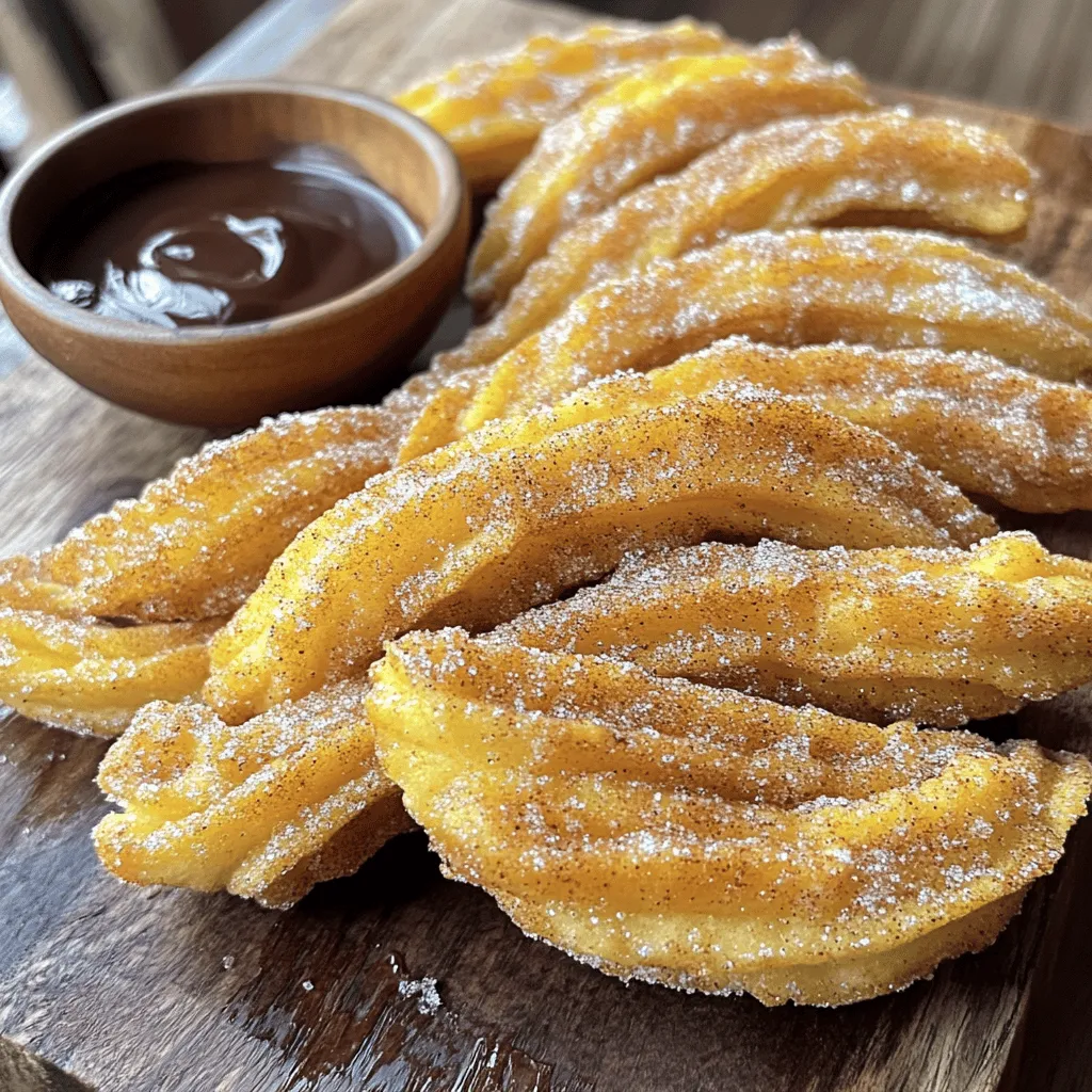 To make delicious cinnamon sugar churros, you will need the following: - 1 cup water - 1/2 cup unsalted butter - 2 tablespoons granulated sugar - 1/4 teaspoon salt - 1 cup all-purpose flour - 2 large eggs - 1 teaspoon vanilla extract - Oil, for frying - 1/2 cup granulated sugar (for coating) - 1 tablespoon ground cinnamon These are the essential ingredients for making churros. They create a rich, tasty dough that fries up perfectly. For variations, consider using: - Chocolate or caramel sauce for dipping - Nutmeg in the cinnamon sugar for extra flavor - Different extracts, like almond, for unique taste You will also need some tools: - A medium saucepan - A slotted spoon - A pastry bag with a large star tip - A deep frying pan Having these ingredients and tools ready makes your cooking process smooth and fun. Enjoy making churros with this Full Recipe! To make churro dough, start by boiling the base mixture. In a medium saucepan, mix 1 cup of water, 1/2 cup of unsalted butter, 2 tablespoons of sugar, and 1/4 teaspoon of salt. Bring this mixture to a boil over medium heat. Once it boils, remove the saucepan from the heat. Quickly stir in 1 cup of all-purpose flour until a dough forms and pulls away from the sides. This step is key for a good texture. Allow the dough to cool for about 5 minutes. Then, add 2 large eggs, one at a time. Mix well after each egg until the dough is smooth. Lastly, stir in 1 teaspoon of vanilla extract. For the right dough consistency, it should be thick but still pipeable. If it seems too runny, add a bit more flour. Now it’s time to fry the churros. Heat oil in a deep frying pan to 350°F (175°C). This temperature is perfect for crispiness. Next, transfer the churro dough to a pastry bag fitted with a large star tip. Pipe strips of dough into the hot oil, cutting them to about 6 inches long. Fry them in batches to avoid overcrowding. Cook the churros for about 2-3 minutes per side. They should turn golden brown and crispy. Use a slotted spoon to remove them and place them on a paper towel-lined plate to drain excess oil. A perfect fry gives you a crunchy outer layer. Once the churros are cooked, it’s time for the cinnamon sugar coating. In a shallow dish, mix 1/2 cup of granulated sugar with 1 tablespoon of ground cinnamon. While the churros are still warm, roll them in the cinnamon sugar mix until well-coated. This makes them sweet and tasty! Serve the churros hot for the best taste. They are great on their own, or you can pair them with a chocolate sauce for dipping. For the full recipe, check out the complete guide for all the details! To make perfect churros, avoid common mistakes. One mistake is not heating the oil enough. The oil should be 350°F (175°C). If it's too cool, the churros will soak up oil and become greasy. Use a thermometer to check the oil's temperature. Another mistake is overcrowding the pan. Fry only a few churros at a time. This keeps the oil hot and helps every churro cook evenly. Aim for about three to four churros per batch. For the dough, mix well but don’t overwork it. After boiling the base, let it cool before adding eggs. This helps the dough stay light and fluffy. If you add eggs while the dough is too hot, it may cook them and make the mixture lumpy. You can make churros gluten-free by using a gluten-free flour blend. Look for a blend that contains xanthan gum. This helps mimic the texture of all-purpose flour. If you want to change the sweetness, try alternative sweeteners. Coconut sugar or maple sugar can add unique flavors. Just make sure they dissolve well in the cinnamon sugar mixture. For fun flavor variations, consider adding zest. Lemon or orange zest can brighten the churros. You can also try spices like nutmeg or cardamom for a twist. This adds depth without changing the basic recipe. For the full recipe, check the main article section. Enjoy making your churros crispy and delicious! {{image_2}} You can add fun fillings to your churros. Chocolate and caramel are two great choices. To fill your churros, you need to pipe the filling inside them. After frying, use a small pastry bag or a squeeze bottle. Insert the tip into one end of the churro, then squeeze gently. This helps you get the filling inside without breaking the churro. When serving filled churros, slice them in half to show off the filling. You can dust them with extra cinnamon sugar for a nice touch. This makes them look great and taste even better! A chocolate dip will take your churros to the next level. To make it, melt some chocolate chips with a bit of cream. Heat them together until smooth, then dip the churros right in. You can add toppings to your chocolate-dipped churros. Try sprinkles, crushed nuts, or even sea salt. This gives them a fun twist and adds different textures. For a fun serving idea, place the churros in a tall cup filled with chocolate dip. This way, everyone can dip their own churro and enjoy! For more delicious ideas, check out the Full Recipe for Cinnamon Sugar Churros! To store leftover churros, keep them in an airtight container. This helps them stay fresh. You can also wrap them in plastic wrap. Make sure they cool down before wrapping. To keep churros crispy, avoid stacking them. Store them in a single layer. You can place paper towels in the container to absorb moisture. This way, they stay crunchy longer. When reheating churros, use an oven. Preheat it to 350°F (175°C). Place the churros on a baking sheet. Heat for about 5-10 minutes. This method keeps them crispy. To properly freeze churros, let them cool first. Place them on a baking sheet in a single layer. Freeze them for about an hour. After they are frozen, transfer them to a freezer bag. For best practices in thawing and reheating, take out as many as you need. You can thaw them in the fridge overnight. Reheat them in the oven for best texture. Churros can be stored in the freezer for up to three months. Mark the bag with the date. This helps you keep track of freshness. Enjoy your crispy churros anytime! Churros are sweet, fried dough treats. They are long and ridged, often coated in sugar. Churros have roots in Spanish and Latin American cultures. Enjoying churros is a festive experience. Countries have their own versions with unique twists. Some churros are filled with chocolate or caramel. Others are served with dipping sauces. They are popular at fairs, carnivals, and cafes. Yes, you can prepare churros ahead of time. Make the dough and store it in the fridge. Keep it in an airtight container to prevent drying. When ready to fry, let the dough warm up first. This helps with the frying process. You can also fry churros and cool them. Store cooked churros in a paper bag. Reheat them in the oven at 350°F (175°C) for crispiness. If you lack a pastry bag, use a zip-top bag. Cut a corner of the bag for piping. You can also use a funnel or a squeeze bottle. Just make sure the opening is big enough. For churro shapes, you can use a spoon. Drop the dough into hot oil, shaping it as you go. This method may not be perfect but can work well. Local bakeries often serve fresh churros. Check out food trucks or fairs in your area. Some restaurants specialize in Mexican or Spanish cuisine. These spots often have great churros. If you want to make your own, try the Full Recipe. Making them at home gives you control over flavors and freshness. In this post, we explored the ingredients and steps to make perfect churros. We discussed how to prepare the dough, fry them, and create a delicious cinnamon sugar coating. You learned tips for crispy churros and variations like filled or chocolate-dipped options. Whether you store, freeze, or reheat them, following these tips will keep your churros tasty. Now, you have all the tools to make churros at home. Enjoy the process and share these treats with friends!