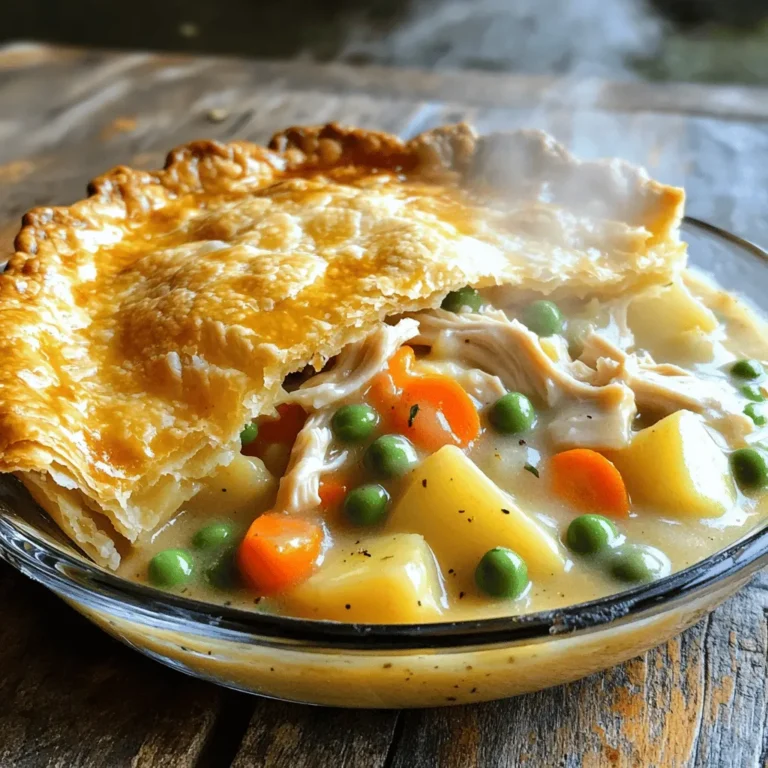 - 2 cups cooked chicken, shredded - 1 cup carrots, diced - 1 cup frozen peas - 1 cup potatoes, diced small - 1/2 cup celery, diced - 1/4 cup onion, finely chopped - 2 tablespoons butter - 1 tablespoon olive oil - 1/3 cup all-purpose flour - 2 cups chicken broth - 1 cup milk - 1 teaspoon dried thyme - 1 teaspoon garlic powder - 1/2 teaspoon salt - 1/2 teaspoon black pepper - 1 (9-inch) pie crust (store-bought or homemade) For this classic chicken pot pie, each ingredient plays a key role in flavor. The cooked chicken gives a hearty base. The vegetables, like carrots and peas, add color and sweetness. Potatoes bring creaminess, while celery and onion offer depth. The seasonings are crucial too. Dried thyme gives an earthy aroma. Garlic powder enhances the savory notes. The flour thickens the filling, making it rich. Chicken broth and milk create a creamy texture that binds it all. You can use either a store-bought crust or make your own. I often opt for a store-bought crust for ease, especially on busy days. The full recipe gives detailed steps to create this comforting dish. Enjoy the process of gathering these ingredients. Each one contributes to the magic of your homemade chicken pot pie! 1. Preheat your oven to 425°F (220°C). This helps the crust cook evenly. 2. Gather all your ingredients. You’ll need chicken, veggies, and spices. 3. Dice your carrots, potatoes, celery, and onion. Make them small for even cooking. 4. Shred your cooked chicken. This helps it mix well with the filling. 1. In a large skillet, heat olive oil over medium heat. 2. Add the diced onions, celery, and carrots. Sauté them until they are soft, about 5-7 minutes. 3. Stir in the diced potatoes and cook for another 5 minutes. 4. Add the shredded chicken, frozen peas, thyme, garlic powder, salt, and pepper. Mix everything well. 5. Sprinkle the flour over the mixture and stir to coat. This will help thicken the filling. 6. Gradually pour in the chicken broth and milk. Mix constantly until the sauce thickens, around 3-5 minutes. Then, remove it from heat. 1. Roll out your pie crust. Fit it into a 9-inch pie dish. 2. Pour the filling into the crust, spreading it evenly. 3. Cover with the second crust. Seal the edges well and cut slits for steam to escape. 4. Brush the top crust with melted butter for a golden finish, if you like. 5. Bake in the preheated oven for 30-35 minutes. Look for a golden crust and bubbly filling. 6. Allow it to cool for about 10 minutes before slicing. Enjoy your homemade chicken pot pie! Using leftover chicken makes this dish quick and easy. Cooked chicken from a roast works great. Just shred it, and you are ready to go. To build flavor, sauté your vegetables well. Start with onions and celery, and let them soften. Then, add carrots and potatoes for a hearty mix. This step adds depth to your filling. You can choose between store-bought or homemade pie crust. Store-bought is easy and saves time, but homemade tastes fresh. If you go homemade, start with cold butter. Cut it into flour until it looks like crumbs. Then, add water a bit at a time to form a dough. For a flaky crust, keep your ingredients cold and avoid overworking the dough. Serve your chicken pot pie with a fresh salad or crusty bread. A light salad balances the dish's richness. For a special touch, garnish your pie with fresh herbs. Chopped parsley or thyme adds color and flavor. Enjoy this comfort food with loved ones! {{image_2}} You can add herbs to boost flavor in your chicken pot pie. Rosemary or parsley can brighten the dish. Fresh herbs add a nice touch, but dried herbs work too. Try mixing in different vegetables for new tastes. Peppers, corn, or green beans can change the flavor profile. Get creative with your favorite veggies! If you need a gluten-free option, you can use a gluten-free pie crust. Many stores sell them, or you can make your own. For a vegetarian twist, swap chicken for mushrooms and lentils. This gives a hearty texture and adds protein. You won’t miss the meat! For convenience, you can use a slow cooker. Just add all the ingredients and let it cook on low. This method makes the chicken tender and flavorful. If you’re short on time, try an Instant Pot. This method cooks everything quickly and keeps the flavors locked in. Both options offer great ways to enjoy chicken pot pie. Check out the Full Recipe for more details! To store leftovers in the fridge, place them in an airtight container. This method keeps the pot pie fresh and tasty. It’s best to eat refrigerated pot pie within 3 to 4 days. If you wait too long, the flavors can fade, and the crust may get soggy. You can freeze an unbaked chicken pot pie for later. Wrap it well in plastic wrap and then in foil. This keeps the pie safe from freezer burn. You can freeze it for up to 3 months. When ready to bake, do not thaw. Just add 10 to 15 minutes to the baking time. To reheat a frozen baked pie, place it in a preheated oven at 350°F (175°C) for about 30 to 40 minutes. Cover with foil to prevent burning. To reheat leftovers, warm them in the oven. Set the oven to 350°F (175°C) and bake for about 20 minutes. This keeps the crust crisp while warming the filling. If you're in a hurry, use the microwave. Just cover it to keep moisture in, but the texture may not be as good. You can also repurpose leftovers into a new meal. Try adding the filling to a casserole or mix it into pasta for a quick dish. Chicken pot pie has roots in the early 1800s. It started as a way to use leftover meats. The dish gained fame in England, where it became a comfort food. Farmers often made pot pies with fresh ingredients. Each family added their twist, making it personal. Today, it reflects diverse cultures with many variations. This dish is more than a meal; it brings warmth and joy. To create a dairy-free chicken pot pie, you can use alternatives. Replace milk with almond milk or coconut milk. For butter, use olive oil or vegan butter. These swaps still make the dish creamy and rich. You won’t lose flavor; it will still taste amazing. Always check labels to ensure no hidden dairy is present. Yes, you can use frozen vegetables in your chicken pot pie. Frozen veggies are convenient and save time. They are often picked at peak ripeness and flash-frozen. This keeps their nutrients intact. However, fresh veggies might have a better texture and flavor. If you choose frozen, thaw and drain them before use. This prevents excess water in the pie. Both options can work well, so pick what you prefer. For more details, check the Full Recipe to discover how to make this classic dish at home. This blog post covered how to make a tasty chicken pot pie from scratch. We looked at the key ingredients, cooking steps, and tips for success. You also learned about variations and storage ideas. Whether using leftovers or trying new flavors, you can make this dish yours. A chicken pot pie is a hearty meal that warms the soul. With practice, yours will shine at any table. Enjoy your cooking journey and create a dish your family will love!