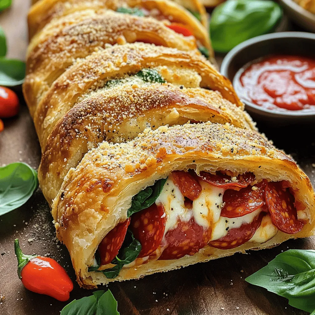 To make a tasty Stromboli, gather these must-have items: - 1 pound pizza dough (store-bought or homemade) - 8 ounces sliced salami - 8 ounces sliced pepperoni - 8 ounces mozzarella cheese, shredded - 1/2 cup roasted red peppers, sliced - 1 cup baby spinach - 1/4 cup grated Parmesan cheese - 1 tablespoon Italian seasoning - 1 tablespoon olive oil - 1 egg, beaten (for egg wash) - Marinara sauce for dipping These ingredients create a mouthwatering blend. The meats add richness, while the veggies bring freshness. Feel free to customize your Stromboli with these tasty add-ins: - Sliced olives for a briny kick - Fresh herbs like basil or oregano for extra flavor - Cooked sausage for a heartier filling - Sautéed onions or bell peppers for sweetness Adding these items can make your Stromboli unique and fun. Mix and match to suit your taste! If you need alternatives, consider these substitutions: - Use naan bread or pita for a different bread base - Swap mozzarella for provolone or cheddar cheese - Try turkey or chicken instead of salami and pepperoni - Replace roasted red peppers with sun-dried tomatoes These substitutes allow you to create a Stromboli that fits your dietary needs. Enjoy experimenting with flavors! For the detailed cooking guide, check out the Full Recipe. Start by preheating your oven to 400°F (200°C). This helps the Stromboli cook evenly. Next, take your pizza dough and place it on a clean, floured surface. Roll the dough out into a rectangle. Aim for about 12x16 inches in size. Make sure the thickness is even. This way, it will bake nicely all around. Now it's time to layer the yummy filling! Begin with the sliced salami and pepperoni. Spread them evenly over the dough, leaving a small edge around the sides. Next, sprinkle the shredded mozzarella cheese on top of the meats. Then, add the roasted red peppers and baby spinach. Layer these evenly for great taste. Finally, sprinkle the grated Parmesan cheese and Italian seasoning on top. This will give your Stromboli a burst of flavor. Once your filling is ready, it’s time to roll! Start at one of the longer edges and carefully roll the dough into a log shape. Pinch the ends to seal them and tuck them under. Place the rolled Stromboli seam side down on a baking sheet lined with parchment paper. Brush the top with the beaten egg for a golden finish. Make a few diagonal slits on top for steam to escape. Bake it in the oven for about 25-30 minutes. Look for a golden brown color and bubbling cheese. After baking, let it cool for a few minutes before slicing. Enjoy your delicious meal! For the full recipe, check out [Full Recipe]. To get the best dough, start with a good recipe. Use store-bought pizza dough for ease. If you want to make it at home, mix flour, water, yeast, and salt. Let it rise until it doubles in size. This gives the dough a nice, airy texture. When you roll it out, keep it even. Uneven dough can bake unevenly. Make sure to flour your surface to prevent sticking. This step is key for a smooth, perfect roll. For a delicious Stromboli, preheat your oven to 400°F (200°C). This heat ensures the dough cooks well. Bake for about 25 to 30 minutes. Look for a golden brown crust and bubbling cheese. These signs mean it's ready. Keep an eye on it during the last few minutes. Every oven is different, so your time may vary. If you notice it browning too fast, cover it with foil. Seasonings can make your Stromboli pop! I love using Italian seasoning for a classic flavor. It blends well with salami and pepperoni. You can also add garlic powder or crushed red pepper for extra kick. Don’t forget to sprinkle some Parmesan cheese on top before baking. This adds a nice, salty crunch. Feel free to experiment with herbs like oregano or basil. These choices can bring new life to your Stromboli. For an exciting twist, try adding fresh herbs or even a drizzle of balsamic glaze after baking. {{image_2}} You can easily make a tasty vegetarian Stromboli. Start by swapping out the meats. Use vegetables like mushrooms, bell peppers, and zucchini. Add a mix of cheeses like mozzarella, ricotta, or feta for creaminess. Toss in some fresh herbs like basil or oregano for flavor. You can also use pesto instead of marinara for a fresh twist. This way, you still get a rich taste without the meat. Different regions have unique flavors to try. For an Italian twist, add artichokes and prosciutto. For a spicy kick, include jalapeños and pepper jack cheese. You can also experiment with BBQ sauce and chicken for a Southern style. Each region has its own charm, so don’t be shy to mix and match. This lets you create a Stromboli that suits your taste. If you want a low-carb option, try using cauliflower dough instead of the traditional pizza dough. It still gives you that nice crust but with fewer carbs. For gluten-free, use a pre-made gluten-free pizza dough. This makes it easy for those with dietary restrictions. Both options ensure everyone can enjoy a delicious Stromboli, just like the Full Recipe suggests! After you enjoy your Stromboli, store any leftovers right away. Place it in an airtight container. This keeps it fresh and tasty. If you do not have a container, wrap it tightly in plastic wrap. Store it in the fridge for up to three days. Make sure it cools down before you place it in the fridge. This helps prevent sogginess. To reheat your Stromboli, use the oven for the best results. Preheat your oven to 350°F (175°C). Place the Stromboli on a baking sheet. Cover it lightly with foil to keep it from drying out. Heat for about 10-15 minutes. Check if it’s warm all the way through. If you want a crispier crust, remove the foil for the last few minutes. You can freeze Stromboli for a quick meal in the future. First, let it cool completely. Wrap it tightly in plastic wrap, then in foil. This double wrapping helps avoid freezer burn. Label it with the date so you remember when you made it. You can freeze it for up to three months. To use, thaw it overnight in the fridge. Reheat it in the oven, and it will taste almost fresh! For the Full Recipe, check back on the main article. Yes, you can use different meats and cheeses in Stromboli. Feel free to mix it up! Try ham, turkey, or even chicken. For cheeses, mozzarella works well, but you can also use provolone or cheddar. Just remember to balance flavors. A mix of meats and cheeses adds depth to your dish. Making homemade pizza dough is easy and fun. You need flour, water, yeast, salt, and olive oil. Here’s a simple method: - Combine 2 cups of flour, 1 packet of yeast, and 1 teaspoon of salt. - Add 3/4 cup warm water and 1 tablespoon of olive oil. - Mix until a dough forms. - Knead for about 5 minutes, then let it rise for 1 hour. This gives you fresh, tasty dough for your Stromboli! Stromboli and calzone are both delicious, but they are not the same. Stromboli is rolled and filled with meat, cheese, and veggies. It looks like a log. Calzone is folded over like a pocket, usually with similar fillings. They are both great options for a meal, but their shapes and styles differ. You now know how to make Stromboli from scratch. I covered the key ingredients, from must-haves to tasty add-ins. You learned step-by-step how to prep, fill, and bake your Stromboli. We explored tips for the perfect dough and flavor boosts. I shared fun variations, including vegetarian and low-carb options. Finally, you found out how to store and reheat your Stromboli for later. Whether you’re a beginner or a pro, make this dish your own. Enjoy every slice of your delicious creation.