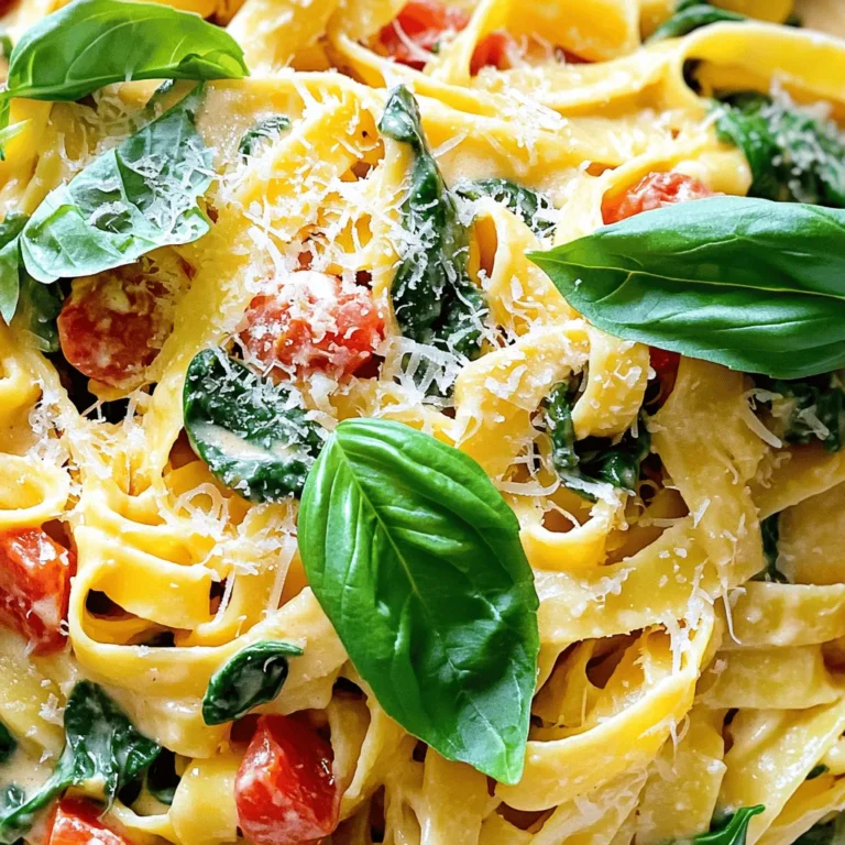 - 12 oz fettuccine or pasta of your choice - 2 tablespoons olive oil - 3 cloves garlic, minced - 1 can (14 oz) diced tomatoes, drained - 1 cup heavy cream or coconut cream for a dairy-free option - 2 cups fresh spinach, packed - 1 teaspoon dried oregano - Salt and pepper to taste - Grated Parmesan cheese (optional, for serving) - Fresh basil leaves, for garnish To make creamy tomato spinach pasta, gather these simple ingredients. Fresh spinach adds color and nutrients. The cream gives the dish a rich texture. Diced tomatoes bring a sweet and tangy flavor. Olive oil is essential for sautéing garlic. I often switch out fettuccine for other pasta shapes like penne or farfalle. You can also use gluten-free pasta if needed. Using coconut cream keeps it dairy-free without losing creaminess. Don't forget the Parmesan cheese! It adds a touch of saltiness that enhances the dish. For a fresh twist, I love adding herbs like basil. They brighten the plate and make it more inviting. This creamy tomato spinach pasta is not only easy to make but also full of flavor. Check out the Full Recipe for detailed steps on how to prepare this delightful meal. To cook pasta to al dente, bring a large pot of salted water to a boil. Add your pasta and cook it according to the package directions. This usually takes about 8-10 minutes. You want the pasta to be firm but not hard. When done, drain the pasta but save a cup of that starchy pasta water. This water helps thicken the sauce later. In a large skillet, heat 2 tablespoons of olive oil over medium heat. Add 3 cloves of minced garlic and sauté for about 1 minute. The garlic should smell amazing but not burn. Then, add 1 can of drained diced tomatoes. Cook for 2-3 minutes. This lets the flavors blend nicely. Now, reduce the heat to low and pour in 1 cup of heavy cream. Stir until it mixes well. Let it simmer for about 5 minutes. This will make your sauce thick and creamy. Next, add 2 cups of fresh spinach and 1 teaspoon of dried oregano. Stir until the spinach wilts. If the sauce seems too thick, add some of the reserved pasta water a little at a time. This helps you reach the perfect sauce thickness. Finally, add the cooked pasta to the skillet. Toss it well so that every piece is coated in the creamy sauce. Season with salt and pepper to taste. For a full experience, check the Full Recipe. - Overcooking the pasta: Always cook your pasta al dente. Overcooked pasta turns mushy and loses texture. This dish shines best with firm pasta. - Skipping the reserved pasta water: This water is starchy and helps the sauce stick. Don’t forget to save a cup before draining the pasta. - Using fresh herbs vs dried herbs: Fresh herbs bring brightness. Dried herbs work too but use less. If you want a stronger kick, try fresh basil or parsley. - Adding spices for extra kick: For a spicy twist, add a pinch of red pepper flakes. You can also try black pepper or smoked paprika to boost flavor. - Best pairings with Creamy Tomato Spinach Pasta: This pasta pairs well with garlic bread or a simple green salad. Both add balance to the meal. - Presentation tips for an appealing dish: Serve it in a big bowl. Top with grated Parmesan and fresh basil. A drizzle of olive oil adds shine and richness. Check out the Full Recipe for all the details you need to create this tasty dish! {{image_2}} You can make this creamy tomato spinach pasta fit many diets. For a vegan option, swap heavy cream with coconut cream. This keeps the dish rich and creamy without dairy. For gluten-free pasta, choose brown rice or chickpea pasta. Both options work well and keep the dish tasty. Feel free to mix up the veggies in this dish. Add bell peppers, mushrooms, or zucchini for extra flavor and nutrition. You can also boost the protein by adding chicken or shrimp. Cook them in the skillet before adding the sauce for a hearty meal. Adjust the creaminess to match your taste. If you want it creamier, add more heavy cream or coconut cream. You can also sprinkle in cheese like mozzarella or feta for a richer taste. This will enhance the flavor and make each bite even more enjoyable. For the full recipe, check out the detailed instructions above. To keep your Creamy Tomato Spinach Pasta fresh, place it in the fridge. Use airtight containers to store the pasta. This will help prevent air from making it dry. I recommend dividing it into smaller portions. This way, you can grab just what you need later. When it’s time to eat your leftovers, the best method is to use the stove. Heat a pan on low, and add a splash of water or cream. This keeps the pasta moist and creamy. Stir gently as it heats. Avoid using the microwave if you can; it may make the pasta soggy. If you want to save some for later, freezing is a great option. Cool the pasta completely before freezing. Place it in a freezer-safe container or bag. Make sure to remove as much air as possible. To thaw, move it to the fridge overnight. Reheat it gently on the stove, adding a little liquid to keep it creamy. Enjoy your meal again! For the full recipe, refer back to the main section. Yes, you can make this dish dairy-free! Instead of heavy cream, use coconut cream. It adds a nice richness and flavor. You can also try nut-based creams like cashew or almond. These options work well too. Creamy Tomato Spinach Pasta lasts about 3 to 5 days in the fridge. Store it in an airtight container. To keep it fresh, let it cool before sealing. This keeps the pasta from getting soggy. Fettuccine is great, but you can use any pasta you like. Penne, rigatoni, or even spaghetti work well. Choose a shape that holds the sauce. It makes each bite full of flavor. Yes, you can use frozen spinach! It’s convenient and saves time. Just thaw and squeeze out the extra water. Frozen spinach might change the texture a little. It may not be as bright as fresh, but it’s still tasty. This blog post covered the key steps to make delicious Creamy Tomato Spinach Pasta. We looked at ingredients, cooking methods, and useful tips. Remember, use fresh herbs for better flavor and avoid overcooking your pasta. Try variations like vegan options or different veggies for more fun. Store leftovers properly for later, and enjoy your meal with creamy goodness. Cooking can be simple and rewarding, so let's keep experimenting in the kitchen!
