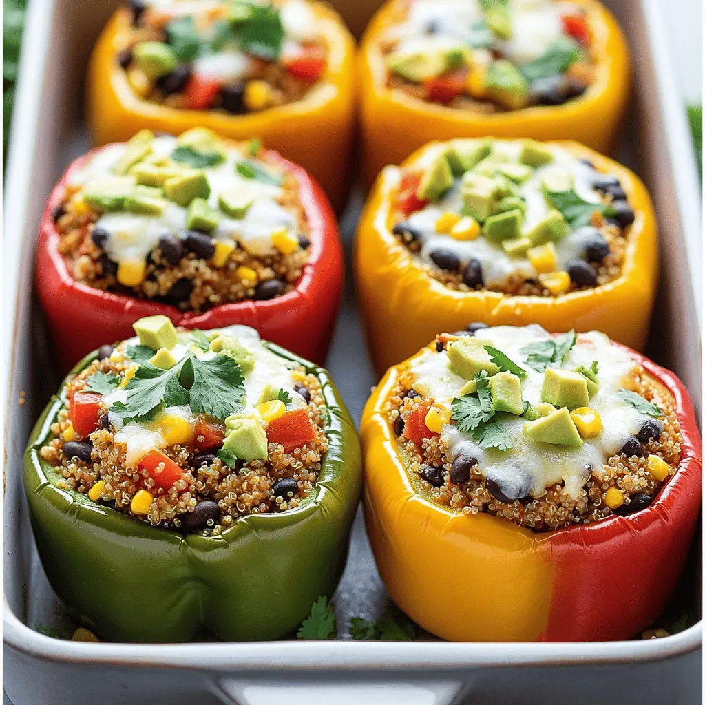 To make delicious vegetarian stuffed peppers, you need key ingredients. Here’s what you need: - 4 large bell peppers (any color) - 1 cup quinoa, rinsed - 2 cups vegetable broth - 1 can (15 oz) black beans, rinsed and drained - 1 cup corn kernels (fresh or frozen) - 1 cup diced tomatoes (canned or fresh) - 1 teaspoon cumin - 1 teaspoon smoked paprika - Salt and pepper to taste - 1 cup shredded cheese (cheddar or a dairy-free alternative) - Fresh cilantro or parsley for garnish - 1 avocado, diced (for topping) These ingredients come together to create a tasty, filling dish that everyone will love. You can add extra ingredients to boost flavor and texture. Here are some tasty options: - Chopped onions or garlic for a savory kick. - Spinach or kale for added nutrients. - Cooked rice or couscous for more bulk. - Sliced olives or jalapeños for a bit of heat. Feel free to mix and match these items to suit your taste. If you lack some ingredients, don’t worry. You can make smart swaps. Here are some ideas: - Use farro or barley instead of quinoa for a different grain. - Swap black beans with kidney beans or lentils. - Replace cheese with nutritional yeast for a vegan option. - Use any veggie broth if you can’t find vegetable broth. With these substitutions, you can still enjoy a great meal that fits your needs. For a detailed guide, check out the Full Recipe. To start, rinse the quinoa under cold water. This step helps remove any bitter taste. In a medium pot, add the rinsed quinoa and vegetable broth. Bring the mixture to a boil. Once boiling, lower the heat and cover the pot. Let it simmer for 15 minutes. When done, the quinoa should be fluffy, and all broth should be absorbed. This is the base for our filling. Next, prepare your bell peppers. Slice off the tops and remove the seeds and membranes. This makes room for the filling. Stand the peppers upright in a baking dish. In a large bowl, mix the cooked quinoa, black beans, corn, diced tomatoes, cumin, and smoked paprika. Add salt and pepper to taste. Stir until it’s well combined. Carefully stuff each pepper with this mixture. Pack it in gently, ensuring each pepper is full. Preheat your oven to 375°F (190°C). After stuffing the peppers, sprinkle cheese on top of each one. Cover the baking dish with aluminum foil to keep moisture in. Bake for 30 minutes. Then, remove the foil and bake for another 10-15 minutes. The peppers should be tender, and the cheese should be melted and bubbly. Once out of the oven, let them cool a bit. Garnish with fresh cilantro or parsley and top with diced avocado before serving. Enjoy your tasty vegetarian stuffed peppers! For the full recipe, see the details above. To make your stuffed peppers pop, use spices wisely. I love adding cumin and smoked paprika. These spices give a warm, smoky taste. You can also try chili powder for heat or oregano for a fresh kick. Mix and match spices to suit your taste. Don’t be shy! Season well with salt and pepper. Taste as you go; this helps you find the perfect balance. Cooking the peppers just right is key. Start by preheating your oven to 375°F (190°C). This helps the peppers cook evenly. Slice off the tops and remove the seeds. Place them upright in a baking dish. This way, they hold the filling and bake nicely. Cover the dish with foil for the first half of baking. This keeps the moisture in. Remove the foil later to let the cheese melt and bubble. Presentation makes meals special. After baking, let the peppers cool a bit. This makes them easier to handle. Garnish with fresh cilantro or parsley on top. Add diced avocado for creaminess and color. Arrange the peppers on a nice plate. You can serve them whole or slice them in half for a fun look. This makes your meal not just tasty, but also beautiful! For the full recipe, check out the colorful vegetarian stuffed peppers section. {{image_2}} You can change the filling for your stuffed peppers to suit your taste. Try using rice, lentils, or even farro. You can mix in sautéed veggies like mushrooms, spinach, or zucchini for added color and nutrients. Nuts like walnuts or pine nuts can add a nice crunch. If you want more spice, add diced jalapeños or chili flakes. This way, you keep your meal exciting and fresh. Cheese can really change the flavor of your stuffed peppers. Instead of cheddar, try feta for a tangy twist or mozzarella for a gooey melt. You can also use vegan cheese if you prefer. For toppings, think about using breadcrumbs for crunch, or even a drizzle of hot sauce for a kick. Fresh herbs like basil or thyme can also give a great aroma and taste. Making your stuffed peppers vegan is easy! Skip the cheese and use a plant-based filling. You can use tofu or tempeh for protein. For gluten-free options, just ensure your grains are certified gluten-free. Quinoa is a great choice because it’s naturally gluten-free. This way, everyone can enjoy a delicious meal without worry. For the full recipe, check out the details above. After enjoying your colorful vegetarian stuffed peppers, store any leftovers in the fridge. Place them in an airtight container. This keeps them fresh for up to four days. To reheat, simply pop them in the oven or microwave until warm. You can freeze stuffed peppers for later. Wrap each pepper tightly in plastic wrap. Then, place them in a freezer bag. They last up to three months. For reheating, thaw in the fridge overnight. Bake them in the oven at 350°F (175°C) for about 30 minutes, or until heated through. Each ingredient has its own shelf life. Fresh bell peppers stay good in the fridge for about a week. Quinoa lasts for several months when stored in a cool, dry place. Black beans in a can can last up to five years if unopened. Once opened, use them within three to four days. You cook stuffed peppers for about 40-45 minutes. First, cover them with foil and bake for 30 minutes. Then, remove the foil and bake for another 10-15 minutes. This step helps the peppers get soft and the cheese melts nicely. Yes, you can make vegetarian stuffed peppers ahead of time. Prepare the filling and stuff the peppers. Then, cover them and store them in the fridge. Bake them when you are ready to eat. This makes meal prep easy and fun! You can serve many tasty sides with vegetarian stuffed peppers. Here are some ideas: - A fresh green salad - Rice or quinoa - Crusty bread or rolls - Guacamole or salsa - Sour cream or yogurt These sides add flavor and make a great meal. Feel free to mix and match! In this guide, we covered how to make tasty vegetarian stuffed peppers. We delved into essential ingredients and fun add-ins. You learned how to prepare a flavorful quinoa filling and stuff your peppers right. We shared tips for perfect baking and creative serving ideas. Remember, the key is to customize based on your taste. Play with spices, fillings, and toppings to make them your own. Enjoy making these delicious meals, and share them with family and friends. They will love every bite!