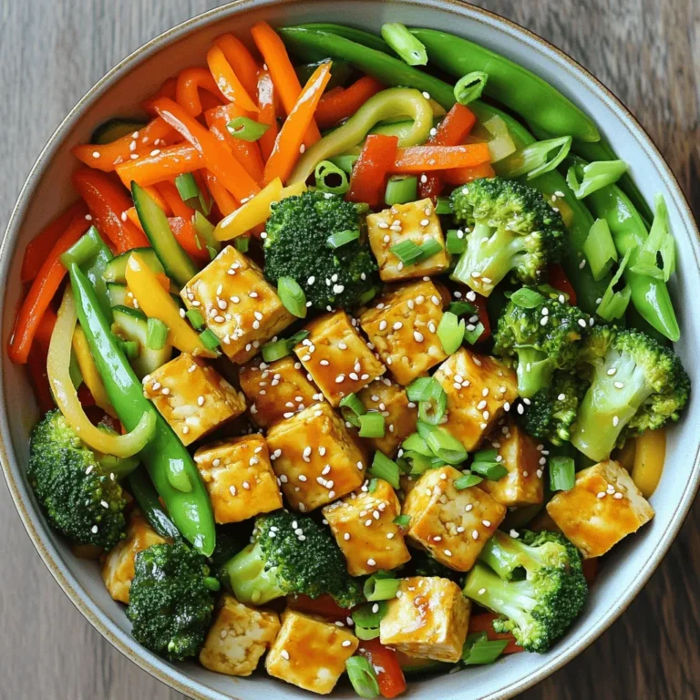 - 14 oz (400g) firm tofu, pressed and cubed - 2 tablespoons soy sauce - 1 tablespoon sesame oil - 1 bell pepper (red or yellow), sliced - 1 carrot, julienned - 1 zucchini, sliced - 1 cup broccoli florets - 1 cup snap peas - 3 cloves garlic, minced - 1 tablespoon ginger, grated - 2 green onions, chopped - 1 tablespoon sesame seeds - Salt and pepper to taste When I make vegetable stir-fry with tofu, I love to use fresh and colorful ingredients. The firm tofu gives a nice base, while the soy sauce and sesame oil add depth. For the veggies, I enjoy using a bell pepper, carrot, zucchini, broccoli, and snap peas. Each adds a unique taste and crunch to the dish. Fresh garlic and ginger bring a fragrant aroma. Green onions and sesame seeds give that perfect finishing touch. You can find the full recipe at the end of this section. This mix of ingredients makes a tasty and healthy meal that everyone will enjoy. Start with the tofu. First, press it for at least 15 minutes. This removes extra moisture. Next, cut the pressed tofu into cubes. Then, place the cubes in a bowl. Add 1 tablespoon of soy sauce and mix well. Let the tofu marinate for about 10 minutes. This step boosts the flavor. Grab a large skillet or wok. Heat 1 tablespoon of sesame oil over medium-high heat. Once the oil is hot, add the marinated tofu cubes. Fry them until they are golden brown on all sides. This should take around 5 to 7 minutes. After frying, remove the tofu from the skillet and set it aside. In the same skillet, add the minced garlic and grated ginger. Sauté them for about 30 seconds until you smell that great aroma. Now, it’s time for the veggies! Add the sliced bell pepper, julienned carrot, zucchini, broccoli florets, and snap peas to the skillet. Stir-fry these colorful vegetables for about 5 minutes. You want them tender but still crisp. Once they are ready, return the tofu to the skillet. Pour in the remaining tablespoon of soy sauce. Mix everything together for another 2 minutes. Season with salt and pepper. For a nice touch, top with chopped green onions and sesame seeds before serving. This stir-fry is not just tasty; it’s also a feast for the eyes! Check out the Full Recipe for more details. Tofu is key in this dish. Start by pressing it for at least 15 minutes. This step removes extra water. Less water means better frying. After pressing, cut the tofu into cubes. Marinate it in soy sauce for 10 minutes. When frying, use medium-high heat. Cook the tofu for about 5-7 minutes. You want it golden brown on all sides. This gives it a crispy texture. Keep your veggies crisp. Cut them into even pieces. This helps them cook at the same time. Start with the garlic and ginger for flavor. Then add the vegetables. Stir-fry them for about 5 minutes. They should be tender but still bright and crisp. If you overcook them, they lose their charm. Presentation matters! Serve the stir-fry in a large bowl. Garnish with sesame seeds and green onions. For extra color, add fresh cilantro. Pair it with rice or noodles for a complete meal. This adds texture and makes it filling. Check out the Full Recipe for more details on cooking times and tips! {{image_2}} You can swap tofu for other proteins. Chicken is a great choice if you eat meat. Simply cut it into bite-sized pieces and cook it the same way as tofu. Tempeh is another tasty option for a plant-based meal. It has a nutty flavor and pairs well with veggies. To keep your dish vegan, stick with tofu or tempeh. For gluten-free, use gluten-free soy sauce. This ensures everyone can enjoy your meal. Look for brands that clearly state "gluten-free" on the label. Always check for hidden ingredients in sauces and marinades. Seasonal veggies can change your stir-fry's taste. In spring, add asparagus or snap peas. Summer is perfect for fresh corn or bell peppers. In fall, try adding squash or Brussels sprouts. Winter calls for hearty greens like kale or collard greens. Choose what is fresh and available in your area for the best flavor. For the full recipe, you can find it [here](insert link to full recipe). To keep your stir-fry fresh, store leftovers in an airtight container. Let it cool first. Place it in the fridge. It will stay good for about 3 to 4 days. Make sure to check for any signs of spoilage before eating. You can freeze vegetable stir-fry, but some veggies may lose texture. For best results, freeze it in small portions. Use freezer-safe bags or containers. When you want to eat it, thaw it overnight in the fridge. This helps keep flavors and textures. You can reheat your stir-fry in two ways. The microwave is quick. Just add a splash of water to keep it moist. Heat for 1-2 minutes. The stovetop gives better texture. Heat over medium heat for about 5 minutes, stirring often. This way, it tastes fresh and delicious. Vegetable stir-fry lasts about 3 to 5 days in the fridge. Store it in an airtight container. Make sure to cool the stir-fry before placing it in the fridge. This helps keep it fresh and safe to eat. If you see any signs of spoilage, like off smells or colors, toss it out. Yes, you can make this dish ahead of time. Prepare the stir-fry and let it cool down. Then store it in the fridge for later. This is great for meal prep. Just reheat it when you're ready to eat. You can warm it up in a pan or microwave for quick meals. You can add many things to boost the flavor of your stir-fry. Try adding: - Crushed red pepper for heat - Hoisin sauce for sweetness - Lime juice for brightness - Fresh herbs like basil or cilantro for freshness - Peanuts or cashews for crunch These additions can take your vegetable stir-fry from good to great! For a complete guide to making this dish, check out the Full Recipe. We explored how to create a tasty vegetable stir-fry using firm tofu and fresh veggies. I shared step-by-step instructions for preparation and cooking, along with tips for perfecting texture and flavor. Remember to mix your vegetables and protein based on what you enjoy. This dish is versatile and easy, making it perfect for any meal. Enjoy your fresh stir-fry, and don't be afraid to experiment with new ingredients!