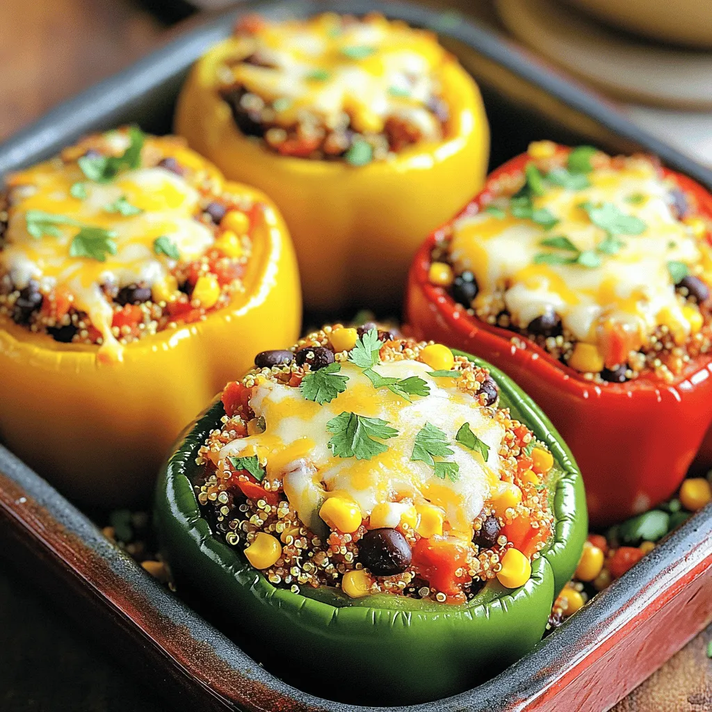 - 4 large bell peppers (any color) - 1 cup quinoa, rinsed - 2 cups vegetable broth - 1 can (15 oz) black beans, drained and rinsed - 1 cup corn (fresh or frozen) - 1 medium onion, diced - 2 cloves garlic, minced - 1 teaspoon cumin - 1 teaspoon paprika - 1 teaspoon chili powder - Salt and pepper to taste - 1 cup diced tomatoes (fresh or canned) - 1 cup shredded cheese (cheddar or Monterey Jack) - Fresh cilantro, for garnish (optional) To make savory quinoa stuffed peppers, gather all these ingredients. This dish packs flavor and nutrition in every bite. Bell peppers give a sweet crunch. Quinoa provides protein and fiber. Black beans add heartiness, and corn brings sweetness. The spices give warmth and depth. You can customize this list as you wish. Swap in different beans or add extra veggies. Each choice alters the taste and makes it your own. For the full recipe, check the provided link. Enjoy creating this healthy and tasty dish! - Preheat the oven to 375°F (190°C). - Cut the tops off the bell peppers and remove seeds. These steps set the stage for your delicious dish. Preheating the oven ensures even cooking. Cutting the tops off the peppers makes room for the filling. Removing the seeds helps keep the texture smooth. - Combine rinsed quinoa and vegetable broth in a saucepan. - Bring to a boil, then reduce heat and simmer. Cooking quinoa is easy. Rinsing it removes any bitterness. The vegetable broth adds flavor, making the quinoa tasty. Boiling it first helps it cook quickly. Simmering allows the grains to soak up all the goodness. - Sauté onion and garlic in a skillet. - Mix cooked quinoa with other ingredients in a bowl. Sautéing onion and garlic gives a great aroma. It adds depth to the dish. Once the quinoa is ready, mix it with black beans, corn, and diced tomatoes. This mix creates a burst of flavors. - Stuff the bell peppers with the quinoa mixture and top with cheese. - Cover and bake, then uncover to finish cooking. Now comes the fun part! Stuff each pepper with the quinoa mixture. Press down gently to pack it in. Topping with cheese gives a nice, melty finish. Covering the dish traps steam, making the peppers tender. Uncovering it near the end helps the cheese bubble and brown. You can find the full recipe for Savory Quinoa Stuffed Peppers in the previous sections. Enjoy the colorful and healthy meal! - Use leftover quinoa for this recipe. It saves time and reduces food waste. - Adjust seasoning according to taste preferences. You can add more spice or salt if you like. - Serve with a side salad for a complete meal. A fresh salad adds crunch and color. - Pair with avocado slices or guacamole. The creaminess of avocado balances the dish well. - Top with fresh herbs for added flavor. Cilantro, parsley, or green onions work great. - Drizzle with lime juice for a zesty finish. The acidity brightens every bite. These tips will help you enjoy your Savory Quinoa Stuffed Peppers even more. For the full recipe, check out the [Full Recipe]. {{image_2}} You can easily change this recipe to suit your taste. One great way is to substitute different beans. Try using kidney or pinto beans instead of black beans. Both add unique flavors and nutrients. You can also add more vegetables. Consider adding zucchini or spinach for extra vitamins and crunch. If you want to boost the protein in your meal, consider adding meat. Mix in ground turkey or chicken for a hearty option. Both meats cook well with quinoa and blend nicely with the spices. You can also add crumbled sausage. This gives your dish a savory twist and adds great flavor. For those who need gluten-free options, it’s easy to adapt this dish. Just make sure all your ingredients are certified gluten-free. This includes broth and any seasonings you use. Always check labels to be sure. Enjoy a delicious meal without worrying about gluten! For the complete cooking process, don't forget to check the Full Recipe. Store leftovers in an airtight container for up to 4 days. This keeps the flavors fresh. When you’re ready to eat, just pull it out of the fridge. Seal in freezer bags for up to 3 months. This is great for meal prep. When you want to enjoy them, simply reheat before serving. Reheat in the oven or microwave until heated through. For the oven, set it to 350°F (175°C) and cover the dish with foil. This helps keep the peppers moist. In the microwave, heat in short bursts to avoid overcooking. These simple steps will help you enjoy Savory Quinoa Stuffed Peppers even after the first meal. For the full recipe, check above. You can prepare the stuffing in advance. Just store it in the fridge. When you're ready, stuff the peppers and bake. This way, you save time on busy days. Yes, you can use bell peppers, poblano, or jalapeños. Each type adds a unique flavor. Try different colors for a fun look! Serve quinoa stuffed peppers with rice, beans, or a fresh green salad. These sides add more color and nutrition to your meal. Absolutely! The steps are simple and straightforward. Even new cooks will find it fun and easy to make. Check out the Full Recipe for more details! In this blog post, I shared a simple recipe for quinoa stuffed peppers. You learned about the key ingredients, step-by-step instructions, and helpful tips. Don't forget to experiment with variations and adjust the flavors to suit your taste. Whether you enjoy them vegetarian or with added protein, quinoa stuffed peppers are easy to make and delicious. Store any leftovers for later or prepare them in advance. Try this recipe, and enjoy a healthy and flavorful meal!