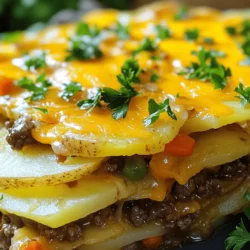 - 1 lb ground beef - 4 medium potatoes, thinly sliced - 1 onion, finely chopped - 2 cloves garlic, minced - 1 cup beef broth - 1 cup shredded cheddar cheese - 1 cup mixed frozen vegetables (carrots, peas, corn) - 2 tablespoons Worcestershire sauce - 1 teaspoon dried thyme - 1 teaspoon paprika - Salt and pepper to taste - 2 tablespoons olive oil This list of ingredients makes the base of a hearty casserole. The ground beef gives protein, while potatoes add a filling touch. You can mix in veggies for color and nutrition. - Fresh herbs like parsley or rosemary - A dash of hot sauce for spice - Chopped bell peppers for sweetness - Cream of mushroom soup for extra creaminess Adding these optional items can enhance flavor. Fresh herbs brighten the dish. Hot sauce adds heat. Chopped bell peppers and soup give more depth. - Calories: 420 - Protein: 25g - Carbohydrates: 35g - Fat: 20g - Fiber: 4g This casserole is balanced. It offers protein and carbs for energy. The fiber helps digestion. Enjoying this dish fits well into a healthy meal plan. For the full recipe, check the link. Start by gathering all your ingredients. You will need 1 pound of ground beef, 4 medium potatoes, 1 onion, 2 cloves of garlic, 1 cup of beef broth, 1 cup of shredded cheddar cheese, and 1 cup of mixed frozen vegetables. You'll also want Worcestershire sauce, thyme, paprika, salt, pepper, and olive oil. Next, preheat your oven to 375°F (190°C). This temperature helps the casserole cook evenly. While the oven heats, chop your onion and mince the garlic. Thinly slice the potatoes so they cook well. In a large skillet, heat 2 tablespoons of olive oil over medium heat. Once the oil is hot, add your chopped onion and minced garlic. Cook them for about 3-4 minutes until the onion turns translucent. This step builds a base of flavor for the beef. Add your ground beef to the skillet. Use a wooden spoon to break it apart. Cook until the beef is browned, which will take about 5-7 minutes. If there is excess fat, drain it off to keep your casserole from being greasy. Now, stir in 2 tablespoons of Worcestershire sauce, 1 teaspoon of dried thyme, paprika, and salt and pepper to taste. Then, add the mixed frozen vegetables and 1 cup of beef broth. Bring this mixture to a simmer for about 5 minutes. This helps all the flavors to meld together. Grease a 9x13 inch baking dish to prevent sticking. Begin layering by placing half of your thinly sliced potatoes at the bottom of the dish. Pour half of your beef mixture over the potatoes. Make sure to spread it evenly. Repeat this with the remaining potatoes and beef mixture. Proper layering ensures even cooking and flavor in every bite. Cover the dish with aluminum foil and place it in your preheated oven. Bake for 45 minutes. After 45 minutes, remove the foil and sprinkle 1 cup of shredded cheddar cheese on top. Return the dish to the oven uncovered for an additional 15 minutes. The cheese should melt and bubble, while the potatoes become fork-tender. Let the casserole cool for a few minutes before serving. This dish is hearty, flavorful, and sure to please everyone at the table. For detailed ingredients and cooking times, refer to the Full Recipe. To make the best beef and potato casserole, focus on your layers. Start with thin potato slices. This helps them cook evenly. Use a good quality ground beef for rich flavor. Do not rush the browning step; it adds depth. Keep the beef mixture moist but not soupy. The right balance is key. Adding Worcestershire sauce enhances the umami taste. Mix in frozen veggies for color and nutrition. You will need a few essential tools for this recipe. A large skillet works well for browning beef. Use a sharp knife for slicing potatoes. A cutting board is crucial for safe prep. A 9x13 inch baking dish is perfect for layering. Do not forget aluminum foil for baking. A spatula helps with mixing and serving. Lastly, have measuring spoons and cups handy for accuracy. One common mistake is cutting potatoes too thick. This leads to uneven cooking. Avoid skipping the browning step for the beef. It gives your dish a richer taste. Don’t overload the casserole with vegetables. They can release extra moisture and make it soggy. Remember to cover your dish with foil during the first baking phase. This helps the potatoes cook fully. Lastly, let the casserole cool before serving. It helps with presentation and flavor. For the full recipe, check out the complete guide! {{image_2}} You can swap some ingredients for a new taste. Instead of ground beef, use ground turkey or chicken. For a twist, try adding sausage for a spicy kick. You can also use sweet potatoes instead of regular ones. They add a nice sweetness and color. To make this dish vegetarian, replace ground beef with lentils or black beans. Use vegetable broth instead of beef broth. For gluten-free options, ensure your Worcestershire sauce is gluten-free. You can also add more veggies like bell peppers or zucchini for extra nutrients. Add a pinch of cumin or chili powder for warmth. Fresh herbs like rosemary or basil can brighten the dish. If you love a bit of heat, sprinkle in some red pepper flakes. For a richer taste, try adding a splash of soy sauce or hot sauce. These small changes can make a big difference in flavor. For the complete experience, check out the Full Recipe. Store any leftover casserole in an airtight container. This keeps it fresh and tasty. Make sure to cool it to room temperature before sealing. It is best to eat leftovers within 3 days for great flavor. If you have more, consider freezing some for later. To reheat, place the casserole in the oven. Preheat to 350°F (175°C). Cover with foil to avoid drying out. Heat for about 20 minutes or until hot. You can also use the microwave. Place a portion on a microwave-safe plate and heat for 2-3 minutes, stirring halfway. If you want to freeze the casserole, it’s easy. Wrap it tightly in plastic wrap and then in aluminum foil. This prevents freezer burn. You can freeze it for up to 3 months. To thaw, move it to the fridge overnight. Then reheat it in the oven for the best taste. For quicker thawing, use the microwave on defrost mode, but be careful not to cook it. You can serve many things with this casserole. A simple side salad pairs well. The crisp greens add freshness. Garlic bread also works nicely for a hearty meal. You might enjoy some steamed veggies for color. Mashed peas or green beans can be great too. You can store the casserole in the fridge for up to three days. Make sure to cover it well. This keeps it fresh and tasty. If you can, use an airtight container. This helps maintain flavor and texture. Yes, you can prepare the casserole ahead of time. Simply layer the ingredients in your dish. Cover it tightly and place it in the fridge. When you are ready to bake, just add a few extra minutes to the cooking time. This makes meal prep easy and stress-free. You can freeze the casserole before baking it. Wrap it in plastic wrap and foil. This keeps it fresh for up to three months. When you are ready, thaw it overnight in the fridge. Bake it as per the instructions for a hot meal. You know the casserole is done when the potatoes are fork-tender. The cheese should be melted and bubbly. A golden brown color on top means it's ready to enjoy. You can reheat the leftovers in the microwave. A conventional oven works well too. Just cover it to keep moisture in. You can also repurpose it into a burrito or a taco filling. Get creative with your leftovers! This blog post covered everything you need for a delicious beef and potato casserole. We discussed essential and optional ingredients, plus their nutritional value. You learned step-by-step cooking instructions and useful tips to make the perfect dish. We also explored different variations and how to store leftovers properly. Now, you have the tools to create a meal that delights. Enjoy making this casserole that’s easy to share and customize!