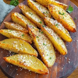 - 4 medium russet potatoes, washed and trimmed - 3 tablespoons olive oil - 3 cloves garlic, minced - 1 teaspoon dried oregano - 1 teaspoon smoked paprika - ½ cup grated Parmesan cheese - Salt and black pepper to taste - Fresh parsley, chopped (for garnish) Using fresh garlic is key for great flavor. It gives a strong, tasty kick. If you don’t have olive oil, you can use canola or avocado oil. Parmesan is great, but you can swap it for Pecorino Romano if you want something sharper. Choosing the right potato matters. Russet potatoes are perfect because they become crispy on the outside while staying fluffy inside. This texture is what makes every bite so enjoyable. Always look for firm potatoes without any dark spots. When you do this, you'll get the best results for your baked garlic Parmesan potato wedges. For the full recipe, follow the details to make these delicious bites! - Preheat the oven to 425°F (220°C). - Cut the potatoes into wedges, leaving the skin on. The skin adds flavor and crunch. - In a large bowl, mix olive oil, minced garlic, oregano, paprika, salt, and pepper. Use fresh garlic for the best taste. - Add the potato wedges to the bowl. Toss them well to coat with the oil and seasoning mix. - Arrange the potato wedges in a single layer on a baking sheet. Make sure they are not crowded. - Bake until golden and crispy, flipping halfway through. This takes about 30-35 minutes. - When done, remove from the oven and let cool for a few minutes. - Garnish with chopped parsley after baking for a fresh touch. Enjoy your delicious Baked Garlic Parmesan Potato Wedges! For the full recipe, check the section above. To make your potato wedges crispy, start with the right technique. After cutting the potatoes, soak them in cold water for 30 minutes. This helps remove excess starch, leading to a crispier texture. Pat them dry before seasoning. Using fresh herbs enhances the flavor greatly. Fresh garlic adds a nice punch. If fresh herbs are not available, dried herbs work too. Just remember that dried herbs are more potent, so use less. One common mistake is overcrowding the baking sheet. If the wedges are too close, they will steam instead of bake. Leave space between them to ensure they crisp up nicely. Another mistake is not seasoning enough. A good amount of salt and pepper is key. You want to taste the flavor in every bite. Don't be shy with your spices! For dips, creamy ranch or garlic aioli pairs perfectly. These sauces complement the garlic and Parmesan well. You can also try a spicy ketchup for a kick. To make your dish more appealing, arrange the wedges in a fan shape on a platter. Garnish with fresh parsley for a pop of color. This simple touch makes the meal look more inviting. For the full recipe, refer back to the earlier section. {{image_2}} You can spice up your baked garlic parmesan potato wedges in fun ways. Add chili flakes for a spicy garlic parmesan twist. The heat from the chili complements the garlic and cheese. You can also try a cheesy herb variation. Mix in different cheeses like cheddar or mozzarella. This gives a richer flavor and a gooey texture. Want to make your wedges even more exciting? Incorporate vegetables like sweet potatoes or carrots. They add color and unique taste. Sweet potatoes bring a hint of sweetness. Carrots add a nice crunch. You can also add bacon bits for extra flavor. The salty, smoky taste of bacon pairs well with the garlic and cheese. If you want a healthier option, try using an air fryer. This method uses less oil and still gives you crispy wedges. You can also bake them with different coatings. For a lighter version, use less cheese or substitute with nutritional yeast. This keeps the flavor while reducing calories. For more details on making these delicious wedges, check out the Full Recipe. To keep your baked garlic parmesan potato wedges fresh, place them in an airtight container. Make sure to let them cool first. Store them in the fridge for up to three days. If you want to maintain their crispy texture, avoid stacking them too tightly in the container. A single layer is best. When it's time to enjoy leftovers, you have two main options: the oven or the microwave. For the oven, preheat it to 400°F (200°C). Spread the wedges on a baking sheet and heat for about 10-15 minutes. This method helps restore their crispiness. If you use the microwave, place the wedges on a plate and cover them with a damp paper towel. Heat in short bursts of 30 seconds, but expect them to be softer. If you want to prep ahead, you can freeze the baked potato wedges. Let them cool completely, then place them in a freezer bag. Remove as much air as possible before sealing. They can last up to three months in the freezer. To thaw, simply transfer them to the fridge overnight. Reheat as mentioned above for the best texture. Baking potato wedges is quick and easy. You need about 15 minutes for prep. The total cooking time is around 30 to 35 minutes. So, in less than an hour, you can enjoy crispy, delicious wedges. Yes, you can prepare these potato wedges ahead of time. Cut and season the potatoes, then store them in the fridge. Make sure to keep them in an airtight container. They can stay fresh for about a day. When you’re ready to bake, just pop them in the oven. For dipping these tasty wedges, I recommend creamy ranch or zesty garlic aioli. Both sauces complement the savory garlic and cheese flavors well. Many people also enjoy ketchup or spicy sriracha for a kick. Feel free to mix and match to find your favorite! In this article, I shared how to make crispy baked garlic Parmesan potato wedges. We discussed key ingredients and why fresh garlic matters. I also outlined step-by-step cooking instructions and offered tips for perfect texture. Remember, avoiding common mistakes, like overcrowding your baking sheet, is vital. You can also explore variations to suit your taste. Enjoy storing and reheating leftovers to keep them fresh. Try these helpful strategies for a delicious potato wedge experience!