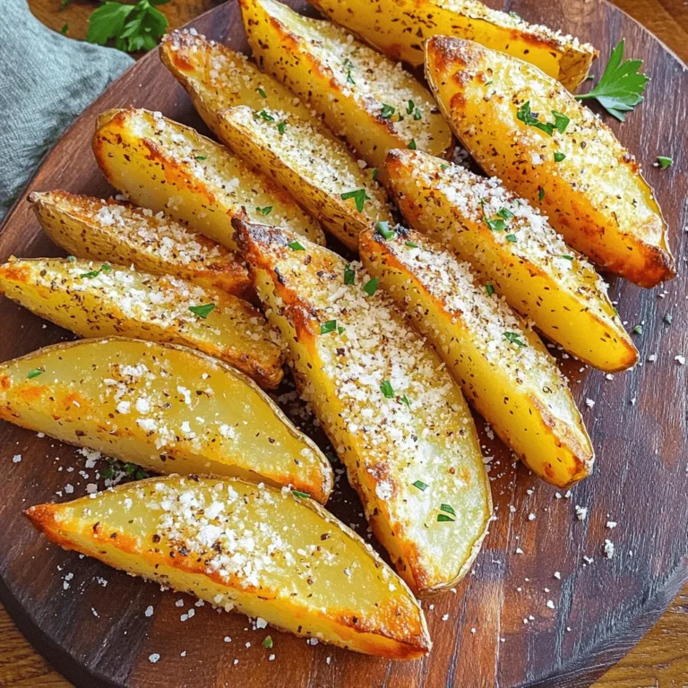- 4 medium russet potatoes, washed and trimmed - 3 tablespoons olive oil - 3 cloves garlic, minced - 1 teaspoon dried oregano - 1 teaspoon smoked paprika - ½ cup grated Parmesan cheese - Salt and black pepper to taste - Fresh parsley, chopped (for garnish) Using fresh garlic is key for great flavor. It gives a strong, tasty kick. If you don’t have olive oil, you can use canola or avocado oil. Parmesan is great, but you can swap it for Pecorino Romano if you want something sharper. Choosing the right potato matters. Russet potatoes are perfect because they become crispy on the outside while staying fluffy inside. This texture is what makes every bite so enjoyable. Always look for firm potatoes without any dark spots. When you do this, you'll get the best results for your baked garlic Parmesan potato wedges. For the full recipe, follow the details to make these delicious bites! - Preheat the oven to 425°F (220°C). - Cut the potatoes into wedges, leaving the skin on. The skin adds flavor and crunch. - In a large bowl, mix olive oil, minced garlic, oregano, paprika, salt, and pepper. Use fresh garlic for the best taste. - Add the potato wedges to the bowl. Toss them well to coat with the oil and seasoning mix. - Arrange the potato wedges in a single layer on a baking sheet. Make sure they are not crowded. - Bake until golden and crispy, flipping halfway through. This takes about 30-35 minutes. - When done, remove from the oven and let cool for a few minutes. - Garnish with chopped parsley after baking for a fresh touch. Enjoy your delicious Baked Garlic Parmesan Potato Wedges! For the full recipe, check the section above. To make your potato wedges crispy, start with the right technique. After cutting the potatoes, soak them in cold water for 30 minutes. This helps remove excess starch, leading to a crispier texture. Pat them dry before seasoning. Using fresh herbs enhances the flavor greatly. Fresh garlic adds a nice punch. If fresh herbs are not available, dried herbs work too. Just remember that dried herbs are more potent, so use less. One common mistake is overcrowding the baking sheet. If the wedges are too close, they will steam instead of bake. Leave space between them to ensure they crisp up nicely. Another mistake is not seasoning enough. A good amount of salt and pepper is key. You want to taste the flavor in every bite. Don't be shy with your spices! For dips, creamy ranch or garlic aioli pairs perfectly. These sauces complement the garlic and Parmesan well. You can also try a spicy ketchup for a kick. To make your dish more appealing, arrange the wedges in a fan shape on a platter. Garnish with fresh parsley for a pop of color. This simple touch makes the meal look more inviting. For the full recipe, refer back to the earlier section. {{image_2}} You can spice up your baked garlic parmesan potato wedges in fun ways. Add chili flakes for a spicy garlic parmesan twist. The heat from the chili complements the garlic and cheese. You can also try a cheesy herb variation. Mix in different cheeses like cheddar or mozzarella. This gives a richer flavor and a gooey texture. Want to make your wedges even more exciting? Incorporate vegetables like sweet potatoes or carrots. They add color and unique taste. Sweet potatoes bring a hint of sweetness. Carrots add a nice crunch. You can also add bacon bits for extra flavor. The salty, smoky taste of bacon pairs well with the garlic and cheese. If you want a healthier option, try using an air fryer. This method uses less oil and still gives you crispy wedges. You can also bake them with different coatings. For a lighter version, use less cheese or substitute with nutritional yeast. This keeps the flavor while reducing calories. For more details on making these delicious wedges, check out the Full Recipe. To keep your baked garlic parmesan potato wedges fresh, place them in an airtight container. Make sure to let them cool first. Store them in the fridge for up to three days. If you want to maintain their crispy texture, avoid stacking them too tightly in the container. A single layer is best. When it's time to enjoy leftovers, you have two main options: the oven or the microwave. For the oven, preheat it to 400°F (200°C). Spread the wedges on a baking sheet and heat for about 10-15 minutes. This method helps restore their crispiness. If you use the microwave, place the wedges on a plate and cover them with a damp paper towel. Heat in short bursts of 30 seconds, but expect them to be softer. If you want to prep ahead, you can freeze the baked potato wedges. Let them cool completely, then place them in a freezer bag. Remove as much air as possible before sealing. They can last up to three months in the freezer. To thaw, simply transfer them to the fridge overnight. Reheat as mentioned above for the best texture. Baking potato wedges is quick and easy. You need about 15 minutes for prep. The total cooking time is around 30 to 35 minutes. So, in less than an hour, you can enjoy crispy, delicious wedges. Yes, you can prepare these potato wedges ahead of time. Cut and season the potatoes, then store them in the fridge. Make sure to keep them in an airtight container. They can stay fresh for about a day. When you’re ready to bake, just pop them in the oven. For dipping these tasty wedges, I recommend creamy ranch or zesty garlic aioli. Both sauces complement the savory garlic and cheese flavors well. Many people also enjoy ketchup or spicy sriracha for a kick. Feel free to mix and match to find your favorite! In this article, I shared how to make crispy baked garlic Parmesan potato wedges. We discussed key ingredients and why fresh garlic matters. I also outlined step-by-step cooking instructions and offered tips for perfect texture. Remember, avoiding common mistakes, like overcrowding your baking sheet, is vital. You can also explore variations to suit your taste. Enjoy storing and reheating leftovers to keep them fresh. Try these helpful strategies for a delicious potato wedge experience!