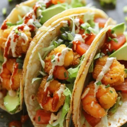 - 1 pound shrimp, peeled and deveined - 1 cup panko breadcrumbs - 1/2 cup all-purpose flour - 1 teaspoon garlic powder - 1 teaspoon paprika - 1/2 teaspoon cayenne pepper (adjust for spice preference) - 1/2 cup mayonnaise - 2 tablespoons sweet chili sauce - 1 tablespoon lime juice To make Air Fryer Bang Bang Shrimp Tacos, you need fresh shrimp. Start with one pound of shrimp, peeled and deveined. This gives your tacos a sweet, tender base. Next, grab one cup of panko breadcrumbs. These breadcrumbs make the shrimp crunchy and light. You will also need half a cup of all-purpose flour to help the breading stick. For seasoning, use one teaspoon of garlic powder. This adds a warm flavor. Paprika brings a nice color and a mild smokiness with another teaspoon. If you like heat, add half a teaspoon of cayenne pepper. You can adjust the amount based on your spice preference. Now let’s talk about toppings and sauce. You will need half a cup of mayonnaise for a creamy base. Adding two tablespoons of sweet chili sauce gives it a sweet and tangy kick. Finally, one tablespoon of lime juice brightens the flavors. With these simple ingredients, you can create a tasty dish everyone will enjoy. For the full recipe, check out the details to guide you step by step. To make the bang bang sauce, start by mixing three easy ingredients in a bowl. You will need mayonnaise, sweet chili sauce, and lime juice. Stir them together until they blend well. Once mixed, set the sauce aside for later. This sauce adds a sweet and spicy kick that enhances the shrimp. Next, we will bread the shrimp. First, grab a shallow dish and mix the flour with garlic powder, paprika, cayenne pepper, salt, and pepper. This will create a tasty dry mix. In another bowl, whisk one egg until it is smooth. For the last bowl, fill it with panko breadcrumbs. You now have your breading station ready! Now, take each shrimp. First, dip it into the flour mix. Then, coat it in the egg. Finally, roll it in the panko breadcrumbs. Make sure each shrimp is well covered. Once done, place them on a plate. This breading process gives the shrimp a crispy, golden exterior. Now it's time to cook the shrimp in the air fryer. Preheat your air fryer to 400°F (200°C) for about five minutes. This step is key to getting that perfect crunch. Once preheated, arrange the breaded shrimp in a single layer in the basket. Cook them for 8 to 10 minutes. Remember to shake the basket halfway through. This helps the shrimp cook evenly and become golden brown. While the shrimp cooks, warm the tortillas. Use a dry skillet over medium heat. Warm each tortilla for about 30 seconds on both sides. This makes them soft and easy to fold. Once the shrimp is done, it’s time to assemble your tacos! On each tortilla, layer some shredded lettuce, a few slices of avocado, and diced tomato. Next, add the crispy bang bang shrimp on top. Drizzle the bang bang sauce generously over the shrimp. Finally, sprinkle chopped green onions for extra flavor. Your Air Fryer Bang Bang Shrimp Tacos are now ready to enjoy! For the full recipe, check the earlier section in this article. To make the best Bang Bang shrimp, set your air fryer to 400°F (200°C). Preheat it for five minutes. This helps cook the shrimp evenly and keeps them crispy. To prevent shrimp from sticking, use a light spray of cooking oil. You can also place parchment paper in the basket. This keeps shrimp from clumping together. You can prep many parts in advance. Bread the shrimp and store them in the fridge for up to an hour before cooking. This helps flavors blend and cuts down on prep time. Store your toppings separately. Keep the lettuce, avocado, and tomatoes in airtight containers. This keeps them fresh until you are ready to assemble your tacos. To elevate your tacos, add toppings like fresh cilantro or diced jalapeños. These add flavor and a pop of color. For a nice presentation, stack the tacos on a wooden board. You can also serve them with lime wedges on the side. This brightens up the dish and adds a fresh zing. For the full recipe, check out the recipe section above! {{image_2}} You can make the bang bang sauce even hotter. Add more cayenne pepper for that kick. If you want a different flavor, swap out some mayonnaise with Greek yogurt. This gives a nice tang without losing creaminess. You can also try using sour cream or avocado for a rich touch. Want to switch up the protein? You can use chicken, tofu, or fish. For chicken, cut it into strips and use the same breading method. Cook it in the air fryer for 12-15 minutes. If you use tofu, press it first to remove moisture. Then, cut into cubes and follow the same steps. For fish, choose firm white fish and cook it for about 10 minutes. Need gluten-free options? Use gluten-free breadcrumbs and corn tortillas. They work great for this recipe. If you want a vegetarian or vegan option, use chickpeas or cauliflower instead of shrimp. Just coat them with the same breading mix and air fry for about 10-12 minutes. This way, you can enjoy bang bang tacos no matter your diet! For the full recipe, check out the original. When you have extra Bang Bang shrimp tacos, store the shrimp and taco parts separately. This keeps everything fresh and tasty. Place the shrimp in an airtight container. The cooked shrimp lasts about 2 to 3 days in the fridge. For the toppings, keep them in separate containers. This helps avoid soggy tacos when you reheat. To reheat, warm the shrimp in the air fryer at 350°F for about 5 minutes. This keeps the shrimp crispy. You can also use a skillet on low heat for a few minutes. If you want to save some for later, you can freeze the shrimp and toppings. First, let the cooked shrimp cool completely. Then, lay them in a single layer on a baking sheet. Freeze for 1 hour, then transfer them to a freezer bag. This method stops them from sticking together. The shrimp can last about 2 to 3 months in the freezer. For toppings, only freeze the shrimp. Toppings like lettuce and avocado do not freeze well. When ready to eat, thaw the shrimp in the fridge overnight. Reheat them in the air fryer or a skillet as mentioned before. Enjoy your tasty tacos anytime! Yes, you can! You can bake or pan-fry the shrimp. Baking takes longer, about 15-20 minutes at 400°F. For pan-frying, heat oil in a skillet and cook the shrimp for 2-3 minutes per side. Both methods yield crispy shrimp, but air-frying gives a lighter texture. Look for color and texture. Cooked shrimp turn pink and opaque. They should curl slightly and be firm to the touch. If they are still translucent or soft, they need more time. These tacos shine with fresh sides. Try serving them with: - Mexican rice - Black beans - Corn salad - Fresh salsa - Lime wedges for extra zing These sides balance the flavors and add color to your meal. For the full recipe, check the instructions above. You now know how to make Bang Bang shrimp tacos. We covered the key ingredients, step-by-step instructions, and helpful tips. With options for variations and storage, you can customize these tacos to fit your taste. Whether you use shrimp, chicken, or tofu, these tacos are easy to prepare and share. Enjoy the crunchy texture and zesty flavors with your friends or family. Dive in and make these tasty tacos your own!