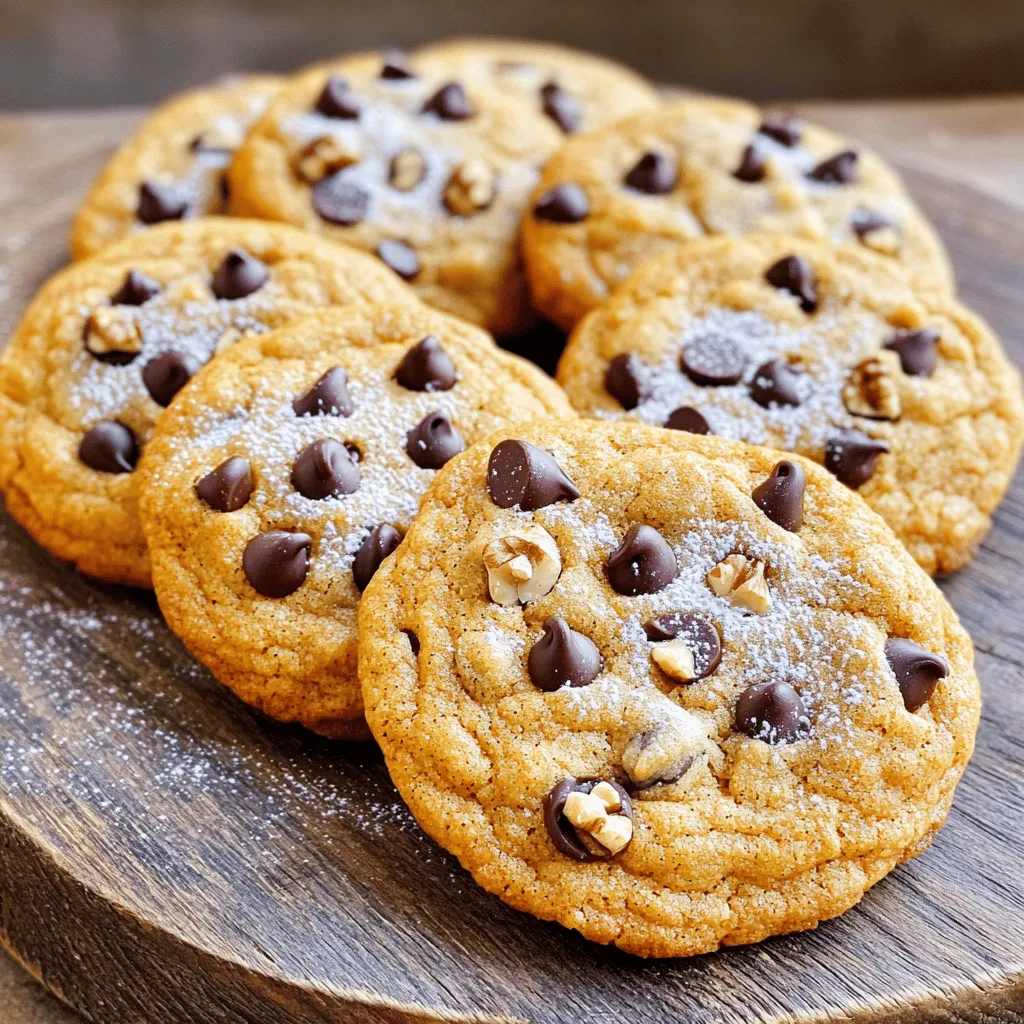 To make these delicious cookies, gather these key ingredients: - 1 cup canned pumpkin puree - 1/2 cup unsalted butter, softened - 1 cup brown sugar, packed - 1/2 cup granulated sugar - 1 large egg - 2 teaspoons vanilla extract - 2 cups all-purpose flour - 1 teaspoon baking soda - 1 teaspoon baking powder - 1 teaspoon cinnamon - 1/2 teaspoon nutmeg - 1/2 teaspoon ginger - 1/2 teaspoon salt - 1 cup semi-sweet chocolate chips - 1/2 cup chopped walnuts (optional) These ingredients work together to create a soft, chewy cookie filled with flavor. The pumpkin adds moisture, while the spices give warmth. The chocolate chips bring a sweet twist that makes each bite a treat. If you need to swap some ingredients, here are a few ideas: - Use coconut oil instead of butter for a dairy-free option. - Replace brown sugar with coconut sugar for a lower glycemic index. - Use a flax egg (1 tablespoon flaxseed meal + 2.5 tablespoons water) instead of an egg for a vegan choice. - Substitute whole wheat flour for all-purpose flour for added fiber. These swaps can help meet dietary needs without losing that great taste. For some extra fun, try these add-ins: - Add 1/2 cup of dried cranberries for a chewy texture. - Mix in 1/2 cup of white chocolate chips for a sweeter cookie. - Toss in 1/2 teaspoon of pumpkin spice for more fall flavor. These options let you customize the cookies to fit your taste. Experiment and find your favorite mix! For the full recipe, check out the detailed instructions above. Start by gathering all your ingredients. You'll need canned pumpkin puree, butter, sugars, an egg, vanilla, flour, baking soda, baking powder, spices, salt, and chocolate chips. Preheat your oven to 350°F (175°C). Line a baking sheet with parchment paper to make clean-up easy. 1. In a large bowl, cream the softened butter with brown and granulated sugars. Mix until fluffy. 2. Add the pumpkin puree, egg, and vanilla extract to the bowl. Beat until it's well combined. 3. In another bowl, whisk together the flour, baking soda, baking powder, cinnamon, nutmeg, ginger, and salt. 4. Gradually mix the dry ingredients into the wet mixture. Stir gently until just combined. Avoid overmixing to keep cookies soft. 5. Fold in the chocolate chips and walnuts if you like a crunch. 6. Drop tablespoon-sized balls of dough onto the baking sheet. Leave space between them for spreading. 7. Bake for 12-15 minutes. The edges should be golden, while the centers stay soft. 8. Let the cookies cool on the baking sheet for a few minutes. Then, transfer them to a wire rack to cool completely. - Measure your flour accurately. Use a spoon to scoop it into your measuring cup, then level it off. - Don’t overmix the dough; it can make cookies tough. Just mix until you see no dry flour. - Consider chilling the dough for 30 minutes. This helps the cookies hold their shape better while baking. - Use a mix of chocolate chips for a fun twist. Try dark chocolate or white chocolate chips. With these steps, you'll create delicious pumpkin chocolate chip cookies that everyone will love! For the complete recipe, check out the Full Recipe section. Baking can be tricky, but I have some easy tips. First, always measure your ingredients accurately. Too much flour can make cookies dry. Use the spoon and level method for flour. Scoop flour into a cup, then level it off with a knife. Next, watch your oven temperature. An oven that runs hot can burn cookies. Use an oven thermometer to check the heat. If you see the cookies spreading too much, your dough might be too warm. Chill it for 30 minutes before baking. Finally, don’t overmix the dough. Mix just until combined for soft, chewy cookies. Overmixing adds too much air, making them tough. Measuring ingredients correctly is key for tasty cookies. Use dry measuring cups for flour and sugar. For sticky ingredients like pumpkin, use a liquid measuring cup. When measuring brown sugar, pack it tightly into the cup. This ensures you get the right amount. Also, remember to sift dry ingredients when needed. Sifting helps to break up clumps and adds air. Always read the recipe first. Gather all your ingredients before you start. This way, you won’t miss anything important. Cooling cookies properly is crucial for the best texture. Let them cool on the baking sheet for 5 minutes first. This helps them set and makes them easier to move. After five minutes, transfer them to a wire rack. This allows air to flow around the cookies, keeping them from getting soggy. If you want soft cookies, store them in a container with a slice of bread. The bread keeps them moist. For a fun touch, dust cooled cookies with powdered sugar or cinnamon. Enjoy them warm or at room temperature with a nice drink. For the complete recipe, check out the Full Recipe. {{image_2}} You can make these cookies gluten-free easily. Just swap regular flour with a gluten-free mix. Look for one that works well for baking. Most blends have the right balance of ingredients. This makes the cookies soft and tasty, just like the original. If you want a vegan treat, replace the egg with a flax egg. Mix 1 tablespoon of ground flaxseed with 2.5 tablespoons of water. Let it sit for a few minutes until it thickens. Use coconut oil instead of butter for a rich flavor. You will still get yummy cookies that everyone will love. Add fun flavors to change things up! Try adding: - 1 cup of chopped pecans for crunch - 1 teaspoon of pumpkin spice for extra warmth - A dash of sea salt on top for a sweet-salty treat - A swirl of peanut butter for a creamy touch Feel free to mix and match these ideas. Each twist brings a new vibe to your pumpkin chocolate chip cookies. For the full recipe, be sure to check the details! To keep your cookies fresh, place them in an airtight container. This will help them stay soft. You can layer them with parchment paper to avoid sticking. Store them at room temperature for up to a week. If you want them to last longer, consider freezing. To freeze your cookies, first cool them completely. Then, place them in a single layer on a baking sheet. Freeze them for about one hour. After that, move them to a freezer-safe bag. Remove as much air as possible. They can last up to three months in the freezer. When you're ready, let them thaw at room temperature. Baked pumpkin chocolate chip cookies stay fresh for about a week at room temperature. If stored properly, they can last longer in the freezer. For the best taste and texture, enjoy them within a week. After that, they may dry out or lose flavor. Always check for any signs of spoilage before eating. To make your cookies moist, add more pumpkin puree. This gives them a soft texture. You can also reduce the baking time slightly. Check your cookies a minute or two before the time ends. If they look set but soft, take them out. This helps keep moisture in. Yes, you can use fresh pumpkin. Just make sure to cook and puree it first. Roast or steam the pumpkin until it’s tender. Then, blend it until smooth. Fresh pumpkin can add a nice flavor, but it might be more watery. Adjust the flour slightly if needed to balance the dough. These cookies have pumpkin puree, which adds flavor and moisture. The spices like cinnamon, nutmeg, and ginger give them a warm, cozy taste. They are soft and chewy, while classic chocolate chip cookies are often crispier. Plus, the addition of pumpkin makes them perfect for fall! For the complete recipe, check out the Full Recipe. In this post, we explored all you need for perfect pumpkin chocolate chip cookies. We covered the best ingredients, substitutions, and add-ins. You learned step-by-step how to bake them, along with tips to ensure great texture. We also discussed variations, storage methods, and answered common questions. Baking should be fun and simple! Now, you can whip up delicious cookies that everyone will love. Enjoy your time in the kitchen and share these treats with friends and family!