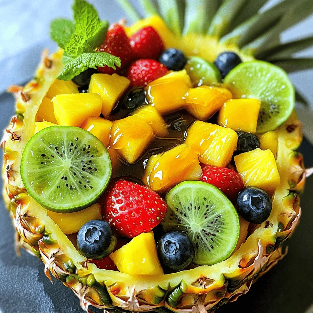 To make a delicious tropical fruit salad, gather these fresh fruits: - 1 ripe mango, diced - 1 medium pineapple, diced - 2 kiwis, peeled and sliced - 1 cup strawberries, hulled and halved - 1 cup blueberries - 1 banana, sliced These fruits add vibrant colors and flavors to your salad. Each fruit brings a unique taste. Mango offers sweetness, pineapple adds a bit of tang, and kiwi gives a refreshing twist. Strawberries and blueberries provide juiciness, while bananas add creaminess. Next, you'll need ingredients for the honey lime dressing: - 2 tablespoons honey - Zest and juice of 1 lime The honey lime dressing is simple yet magical. Honey adds sweetness, while lime brings a bright zing. Together, they make each bite of fruit even better. You can adjust the dressing to fit your taste. Add more honey for sweetness or extra lime for more tang. For an extra touch, consider these optional garnishes: - Fresh mint leaves - Additional lime wedges Mint leaves add a burst of freshness. Lime wedges can enhance the flavor when served. These garnishes make your salad look pretty and inviting. You can get creative with your presentation. Scatter mint leaves on top or serve lime wedges on the side. This Tropical Fruit Salad with Honey Lime Dressing will brighten any table. For the full recipe, check the details above. Start by dicing the ripe mango and pineapple into bite-sized pieces. Peel and slice the kiwis, then hull and halve the strawberries. Next, slice the banana and measure out the blueberries. Once you have all your fruits ready, combine them in a large mixing bowl. This colorful mix will be the star of your tropical fruit salad! In a small bowl, mix together the honey with the fresh lime juice. Make sure to add the zest of the lime for that extra zing. Whisk these ingredients until they blend into a smooth dressing. Now it’s time to bring everything together! Drizzle the honey lime dressing over the mixed fruits in your large bowl. Gently toss the fruits to coat them with the dressing, but be careful not to mash them. You want each piece to shine with flavor. Enjoy the vibrant colors and aromas of your tropical fruit salad! For the full recipe, refer to the earlier section. To make your fruit salad shine, choose ripe but firm fruits. Ripe fruits taste best, but firmness helps them hold their shape. After you mix the fruits, refrigerate it for about 15-20 minutes. This keeps the salad fresh and cool. Want a sweeter salad? You can add more honey to the dressing. Just drizzle in a little at a time. If you like a tangy taste, squeeze in extra lime juice. This makes the flavors pop and keeps your taste buds happy. For a fun twist, serve the salad in hollowed fruits. A pineapple or coconut shell adds a tropical vibe. You can also garnish with mint leaves and lime wedges. Serve it chilled to give everyone a refreshing experience. Try these tips to take your Tropical Paradise Fruit Salad to the next level! For the complete recipe, check out the Full Recipe section. {{image_2}} You can make your Tropical Fruit Salad even more exciting with some fun variations. - You can swap in juicy oranges or sweet peaches. - For a nice crunch, add pomegranate seeds. These fruits bring their flavors and textures, making each bite special. You can play with what’s fresh in your area. - If you're vegan, try using agave syrup instead of honey. - Add chia seeds for a boost of nutrition. Chia seeds are tiny but mighty! They add fiber and protein while helping to thicken the salad. - Want to change the taste? Add a splash of coconut water. - A hint of ginger or chili can give your salad a kick. These simple additions can transform your dish. You can truly make it your own with these easy twists. For the full recipe, check out the [Full Recipe]. To keep your Tropical Fruit Salad fresh, store it in the refrigerator. Use an airtight container for best results. The salad tastes best when consumed within 1-2 days. After that, the fruits may lose their texture and flavor. If you want to save some fruits for later, consider freezing them before mixing. Cut the fruits into pieces and place them in freezer bags. However, do not freeze the dressed salad. The honey lime dressing won’t hold up well in the freezer and may separate when thawed. If you need to serve the salad again, keep it fresh by removing it from the fridge shortly before serving. Avoid mashing or wilting the fruits. Gently toss the salad to redistribute the dressing before serving. This keeps it looking vibrant and delicious! To make Tropical Fruit Salad, you will need to combine fresh fruits. Start by dicing one ripe mango and one medium pineapple into bite-sized pieces. Then, slice two kiwis and hull and halve one cup of strawberries. Add one cup of blueberries and one sliced banana to the mix. In a separate small bowl, mix two tablespoons of honey with the juice and zest of one lime. Pour this honey lime dressing over the fruit and gently toss everything together. Finally, add one tablespoon of chopped fresh mint leaves and give it another light toss. Chill the salad for about 15-20 minutes before serving. For the full recipe, you can refer to the full recipe section. You can use frozen fruits, but the texture and taste will change. Frozen fruits often become mushy when thawed. They may also lose some of their bright flavors. If you choose frozen, let them thaw first. Drain any excess water before mixing them with fresh fruits. This helps keep your salad from becoming too watery. If you want to enhance the taste, consider adding a bit more lime juice or honey to balance the flavors. Serving Tropical Fruit Salad can be fun and creative. One great idea is to use a hollowed-out pineapple or coconut shell. This adds a tropical touch to your dish. You can also serve the salad in individual bowls for easy sharing. Garnish each serving with fresh mint leaves and lime wedges for a pop of color. This not only makes it look beautiful but also adds extra flavor. Enjoy it chilled for a refreshing treat on a hot day. This blog post outlined a tasty tropical fruit salad recipe. We covered fresh fruits like mango and kiwi, plus a sweet honey lime dressing. You learned how to mix, dress, and store the salad properly. In closing, enjoy experimenting with flavors and fruits. This salad refreshes your meals and boosts nutrition. Try different garnishes and toppings for extra fun. Dive into this fruity delight today and share it with friends!