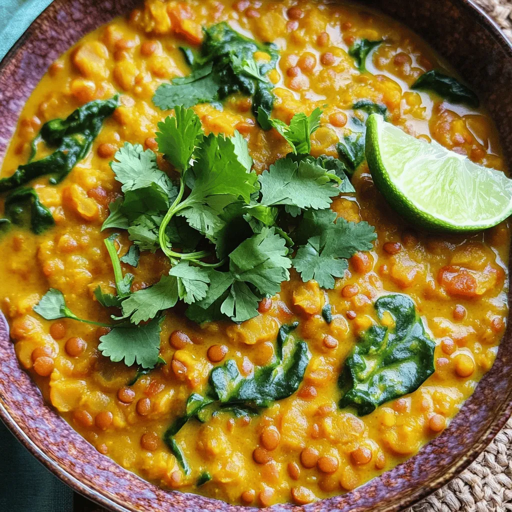 - 1 cup red lentils, rinsed - 1 can (14 oz) coconut milk - 1 cup vegetable broth - 1 medium onion, chopped - 3 cloves garlic, minced - 1 tablespoon ginger, grated - 1 tablespoon red curry paste - 1 teaspoon turmeric - 1 teaspoon cumin - 1 tablespoon olive oil - Salt and black pepper to taste - 1 cup spinach, roughly chopped - Juice of 1 lime - Fresh cilantro, for garnish These ingredients create a rich and tasty meal. Each one plays an important role. The red lentils give a nice texture and protein. Coconut milk adds creaminess and a mild sweetness. The broth deepens the flavor, while the onion, garlic, and ginger offer a fresh base. Spices like red curry paste, turmeric, and cumin create warmth and depth. Olive oil helps with cooking and adds richness. Spinach brings in color and nutrients, and lime juice brightens the dish. Cilantro is a perfect garnish, giving a fresh taste. You can swap red lentils with green or brown lentils. They will change the cooking time. Coconut milk can be replaced with almond milk for a lighter option. For a bit more heat, try adding chili flakes or fresh peppers. You can also use kale instead of spinach for a different green. Coconut Curry Lentils are packed with nutrients. A serving has about 300 calories, 15 grams of protein, and 45 grams of carbs. They are also high in fiber, making them filling and healthy. This meal is vegan and gluten-free, perfect for various diets. Enjoy this simple yet flavorful dish anytime! - Step 1: Sautéing onions Start by heating olive oil in a large pot over medium heat. Add the chopped onion and sauté for 3-4 minutes. You want it to be soft and clear, not brown. - Step 2: Adding aromatics Next, mix in the minced garlic and grated ginger. Cook for one more minute. This step helps the flavors bloom and fills the kitchen with a lovely scent. - Step 3: Incorporating spices Now, add the red curry paste, turmeric, and cumin. Stir everything together, coating the onions well. Cook for another minute until the spices release their aroma. - Step 4: Simmering lentils Pour in the rinsed red lentils, coconut milk, and vegetable broth. Stir to combine all the ingredients. Bring the mixture to a gentle simmer. - Step 5: Adding spinach and lime Lower the heat and cover the pot. Let the lentils cook for about 20 minutes. When they are tender, stir in the chopped spinach and lime juice. Cook for another 2-3 minutes until the spinach wilts. Serve your Coconut Curry Lentils hot. You can garnish with fresh cilantro. These lentils pair well with rice or warm naan. For a crunch, try adding some toasted nuts. Enjoy the rich flavors! For the full details on how to make this dish, refer to the Full Recipe. Eliminating bitterness To avoid bitterness in your lentils, rinse them well before cooking. This step removes dust and impurities. You can also sauté them briefly in oil before adding liquid. This adds a nice flavor. Ensuring consistency For even cooking, use the right amount of water. A 1:3 ratio of lentils to liquid works best. Stir occasionally while they cook. This helps them cook evenly and prevents sticking. You can boost the flavor of your Coconut Curry Lentils by adding spices. Try these: - A pinch of cinnamon for warmth. - A dash of chili powder for heat. - Fresh herbs like basil or mint for freshness. Top your dish with crispy shallots or toasted coconut. These add crunch and flavor. To save time, prep your ingredients first. Chop your onion, garlic, and ginger before you start cooking. This way, you can focus on cooking once you begin. Use canned coconut milk. It’s quick and easy. You can also cook lentils in bulk and freeze extras for future meals. {{image_2}} You can easily make this dish vegan and gluten-free. All the ingredients in the Coconut Curry Lentils are plant-based. Use vegetable broth to keep it gluten-free. If you want low-carb options, use fewer lentils and add more veggies. Zucchini or cauliflower works well here. Switch up the curry paste for a new taste. Try green or yellow curry paste for different flavors. You can also add spices like coriander or fenugreek to boost the taste. Each combination brings a new twist to the dish. Want extra protein? Chickpeas or tofu make great additions. They boost the meal's nutrition and add texture. You can toss them in during the last few minutes of cooking. This way, they soak up the curry flavor while staying firm. - Refrigeration tips: Store your Coconut Curry Lentils in an airtight container. They can last in the fridge for up to 4 days. Let them cool completely before sealing. This helps keep the flavors fresh. - Freezing guidelines: You can freeze the lentils for up to 3 months. Use a freezer-safe container. Leave some space at the top for expansion. Thaw in the fridge overnight before reheating. To reheat, use a pot on low heat. Add a splash of water or broth to keep it moist. Stir often to prevent sticking. You can also microwave them in a bowl. Cover the bowl to trap steam while heating. This helps retain flavor and texture. The lentils will taste best if you eat them within 4 days when stored in the fridge. If you see any mold or smell something off, it’s time to toss them. Always trust your senses. Fresh food is key to a great meal! Yes, you can use other lentils. Green or brown lentils will work, but they take longer to cook. Red lentils cook quickly and break down, making the dish creamy. If you choose green or brown lentils, adjust the cooking time. They need about 30-40 minutes. Coconut Curry Lentils can be mild or spicy. The spice level depends on the red curry paste you use. I recommend starting with one tablespoon. You can add more if you like heat. Taste as you go to find your perfect spice level. You can easily make Coconut Curry Lentils in a slow cooker. First, sauté the onion, garlic, and ginger in a pan. Then, add them to the slow cooker with the other ingredients. Cook on low for 6-8 hours or high for 3-4 hours. Stir in the spinach and lime juice just before serving. Coconut Curry Lentils pair well with rice or quinoa. They also taste great with naan or flatbread. You can serve a fresh salad on the side for added crunch. If you want more protein, add grilled chicken or shrimp. Enjoy your meal! Coconut Curry Lentils are great for a healthy meal. You can make them with easy steps and simple ingredients. I shared tips for cooking lentils and how to store leftovers. You can also swap ingredients or add proteins for nutrition. This dish is flexible and fun. Experiment with flavors to find what you love. Enjoy your cooking!