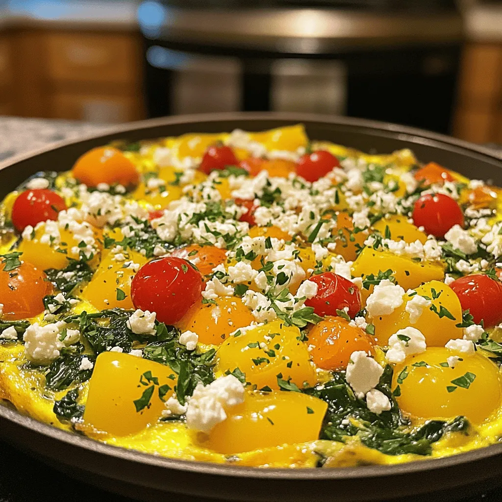 - 6 large eggs - 1 cup spinach, chopped - 1/2 cup bell peppers (red and yellow), diced - 1/2 cup cherry tomatoes, halved - 1/4 cup red onion, finely chopped - 1/2 cup zucchini, diced - 1/4 cup feta cheese, crumbled - 1/4 cup milk (or plant-based alternative) - 2 tablespoons olive oil - Salt and pepper to taste - Fresh herbs (such as basil or parsley) for garnish Each serving of this frittata has about 200-250 calories. The breakdown of macronutrients includes: - Proteins: 14g - Fats: 16g - Carbs: 6g You can use other veggies like mushrooms, broccoli, or asparagus. For cheese, try a non-dairy option like cashew cheese. Instead of milk, you can use almond milk or soy milk. These changes keep your dish tasty and healthy! First, preheat your oven to 375°F (190°C). This helps the frittata cook evenly. Next, gather all your ingredients. You will need eggs, spinach, bell peppers, cherry tomatoes, red onion, zucchini, feta cheese, milk, olive oil, salt, and pepper. In a large mixing bowl, whisk together 6 large eggs and 1/4 cup of milk. Mix until the eggs and milk blend well. Season the mixture with salt and pepper to taste. This step adds flavor to your frittata. Now, heat 2 tablespoons of olive oil in an oven-safe skillet over medium heat. Once hot, add 1/4 cup of finely chopped red onion and 1/2 cup of diced bell peppers. Sauté these for about 3-4 minutes. You want them to soften but not brown. Next, add 1/2 cup of diced zucchini to the skillet. Cook it for 2 more minutes. Then, stir in 1 cup of chopped spinach and 1/2 cup of halved cherry tomatoes. Cook this mixture until the spinach wilts, which takes about 2-3 minutes. Now, pour the egg mixture over the sautéed vegetables. Gently fold them together to ensure even distribution. Finally, sprinkle 1/4 cup of crumbled feta cheese on top. Cook the frittata on the stovetop for 3-4 minutes. This helps the edges set. Then, transfer the skillet to your preheated oven. Bake for 15-20 minutes. Keep an eye on it until the center is set and lightly golden. Once done, remove the skillet from the oven and let it cool for a few minutes. This helps with slicing. After cooling, cut it into wedges and serve. Enjoy your savory vegetable frittata made from the full recipe! To get the best texture, use fresh ingredients. Fresh veggies keep their crunch and flavor. I love using vibrant bell peppers, sweet cherry tomatoes, and leafy spinach. These add color and nutrition too. Whisk the eggs and milk until smooth. This helps the frittata rise and stay fluffy. One big mistake is overcooking the frittata. This can make it dry and rubbery. Watch it closely as it bakes. The edges should be set, but the center can still be soft. Another mistake is skipping the seasoning step. A pinch of salt and pepper enhances all the flavors. Don’t forget this important part! Your frittata pairs well with a side salad or crusty bread. Fresh fruits also make a great side. For breakfast, serve it with coffee. For brunch, add a glass of fresh juice. You can even enjoy it for a light dinner. It’s great warm or at room temperature. For the full recipe, check out [Full Recipe]. {{image_2}} You can boost your frittata with protein. Adding cooked meats like bacon or sausage makes it hearty. Just chop them up and mix them in before baking. If you want a vegetarian twist, try beans or tofu instead. Both options add a great texture and keep it filling. Herbs and spices can elevate the taste of your frittata. Fresh basil or parsley brings a bright flavor. You can also try thyme or oregano for a warm touch. Adding different cheese varieties makes it even better. Cheddar, gouda, or mozzarella can change the whole dish. Each cheese adds its own unique taste. Using seasonal vegetables keeps your frittata fresh and tasty. In winter, use root veggies like carrots or sweet potatoes. Spring brings asparagus and peas. Summer is perfect for tomatoes and bell peppers. In fall, think about squash or kale. Each season has its own flavors to explore, making your frittata exciting all year round. Store your frittata in the fridge. Use an airtight container to keep it fresh. It stays good for about 3 to 4 days. Make sure it cools to room temperature before sealing it up. This helps maintain its taste and texture. Reheat your frittata in a few ways. The oven is best for even heating. Set it to 350°F (175°C) and bake for about 10 to 15 minutes. For a quick option, use the microwave. Heat it in 30-second intervals until warm. Just be careful not to overheat it, or it can get tough. You can also freeze frittata for later. Cut it into wedges and wrap each piece tightly. Use plastic wrap and then foil to prevent freezer burn. It can last up to 2 months in the freezer. When you want to eat it, thaw it in the fridge overnight. Reheat it in the oven or microwave, just like the leftovers. Enjoy your meal anytime! For the full recipe, check out the previous section. To know when your frittata is done, look for these signs: - The edges will be firm and slightly golden. - The center should not jiggle when you gently shake the pan. You can test the center firmness using a knife. Insert it into the middle and pull it out. If it comes out clean, your frittata is ready. If it has runny egg, cook it a bit longer. Yes, you can make frittata ahead of time! Here’s how: - Let it cool completely before storing. - Use an airtight container to keep it fresh in the fridge for up to 3 days. For reheating, simply warm it in the oven at 350°F (175°C) for about 10 minutes. You can also use a microwave, but the oven keeps it from getting soggy. Frittatas pair well with many sides. Here are some ideas: - A fresh garden salad with lemon dressing. - Toasted bread or bagels with cream cheese. For drinks, try serving a light juice or herbal tea. These choices make for a complete, delicious meal. You can find the full recipe in the article to create your perfect frittata! In this post, we explored how to make a delicious frittata. We covered essential ingredients, step-by-step cooking, and storage tips. I shared common mistakes and how to avoid them. You can customize your frittata with various flavors and proteins. For a perfect meal, use fresh ingredients, and don’t skip the seasoning. Enjoy your frittata warm, or save leftovers for later. Simple and tasty, this dish fits any occasion. Now, you're ready to impress with your culinary skills!