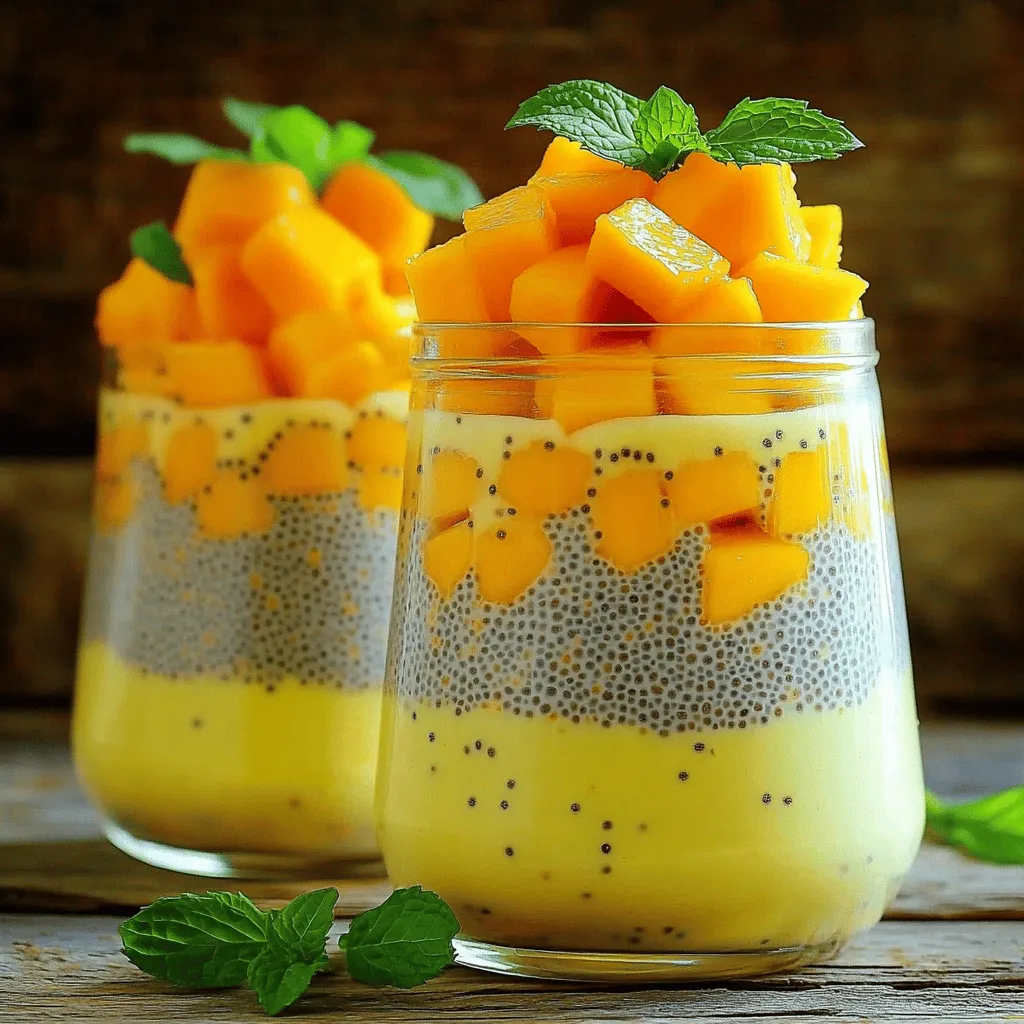 The key to a great Mango Coconut Chia Pudding lies in the ingredients. Each one plays a vital role in creating the perfect treat. Here’s what you need: - 1 cup coconut milk (canned or fresh) - 1 cup almond milk (or any milk of your choice) - 1/2 cup chia seeds - 2 ripe mangos, diced - 3 tablespoons maple syrup (or honey) - 1 teaspoon vanilla extract - A pinch of salt - Fresh mint leaves for garnish (optional) Coconut milk gives the pudding a rich, creamy base. Almond milk adds a nice nutty flavor. Chia seeds are the star here; they thicken the pudding and add healthy nutrients. Ripe mangos bring sweetness and a burst of tropical flavor. Sweetener options like maple syrup or honey allow you to control the sweetness. Vanilla extract enhances the overall taste, while a pinch of salt balances the flavors. You can add fresh mint leaves for a pop of color and freshness. For the full recipe, follow the steps laid out to create this delightful dessert. Each ingredient works together to make a simple and healthy treat that you will love. First, grab a mixing bowl. Pour in 1 cup of coconut milk and 1 cup of almond milk. I prefer almond milk, but you can use any milk you like. Next, add 3 tablespoons of maple syrup and 1 teaspoon of vanilla extract to the bowl. Finally, toss in a pinch of salt. Whisk it all together until smooth. Now it’s time for the star of the show: chia seeds. Add 1/2 cup of chia seeds to the bowl. Whisk them into the mixture. Make sure the chia seeds are evenly spread throughout. This helps create that perfect pudding texture. Once your mixture is ready, cover the bowl with plastic wrap. You can also use individual jars if you want. Place it in the fridge for at least 4 hours, but overnight is best. Chilling lets the chia seeds swell and thicken the pudding. While the pudding chills, let’s prepare the mango. Peel and dice 2 ripe mangos into small pieces. It’s best to do this just before you serve. This keeps the mango fresh and tasty. When you’re ready to serve, stir the pudding well. Grab your serving glasses and layer the chia pudding and fresh mango. Start with a layer of pudding, then add mango, and repeat. For a nice touch, garnish with fresh mint leaves. This adds color and a refreshing taste. For the complete instructions, check out the Full Recipe. To get the best texture, adjust the chia seed soak time. I suggest soaking them for at least four hours. For a thicker pudding, leave them overnight. This helps the seeds swell well. Whisking is also key. When you mix the chia seeds, stir well to avoid clumps. This ensures even soaking and a smooth pudding. You can customize the sweetness to suit your taste. Start with the recommended three tablespoons of maple syrup. Taste it, and add more if you like it sweeter. If you want alternatives to maple syrup, try honey or agave. Both options add a nice touch without overpowering the flavor. Pair your pudding with flavors that complement it. Fresh fruit like bananas or berries works great. You can also serve it with granola for added crunch. This pudding fits well with breakfast dishes like yogurt or pancakes. It also makes a great dessert after a light meal. Enjoy this treat any time of day! For more details, check the Full Recipe. {{image_2}} You can change up mango coconut chia pudding in fun ways. Try using other fruits like berries, bananas, or kiwi. Each fruit adds a new taste. You can mix and match to find your favorite. You can also play with milk bases. Instead of coconut and almond milk, try oat milk or soy milk. Each milk brings its own flavor and texture. This means you can create a pudding that suits your taste. Mango coconut chia pudding is easy to make for different diets. It is already vegan and gluten-free. The main ingredients do not have animal products or gluten. This makes it a great option for many people. If you want a low-sugar version, use less sweetener. You can also swap maple syrup for a sugar substitute. This way, you keep the taste without too much sugar. How you serve your pudding can make it special. Use fun serving vessels like mason jars or clear cups. These let the colorful layers shine through. For garnishing, think about themes. Use fresh mint leaves for a pop of green. You can also add edible flowers for a touch of elegance. These details make your dish look and taste amazing. For more details on making this treat, check the Full Recipe. Mango Coconut Chia Pudding stays fresh in the fridge for up to five days. Store it in an airtight container to keep it safe from other smells and flavors. I recommend using glass jars or plastic containers with lids. This way, you can grab a serving quickly whenever you want a tasty treat. You can freeze Mango Coconut Chia Pudding, but it's best to do it in single servings. Use freezer-safe containers or bags. Make sure to leave some space in the container for expansion. To thaw, place it in the fridge overnight. When you freeze it, the texture may change slightly. It might become a bit grainy, but the taste will still be great. Enjoy it as a quick dessert or snack straight from the freezer if you like it icy! Mango Coconut Chia Pudding lasts about 5 days in the fridge. To keep it fresh, store it in an airtight container. This helps lock in flavor and texture. If you notice any changes in smell or appearance, it's best to discard it. Absolutely! Making this pudding ahead is a great idea. I suggest preparing it the night before. This gives the chia seeds enough time to thicken and soak up the flavors. Just remember to cover your bowl or jars well before chilling. Chia seeds are tiny powerhouses. They are high in fiber, protein, and omega-3 fatty acids. Just two tablespoons of chia seeds provide about 140 calories, 10 grams of fiber, and 4 grams of protein. They also help with hydration and digestion. Adding them to your diet can support heart health and weight management. Yes, you can use frozen mango! It works well and is often more convenient. Just thaw the mango before using it. This helps keep the texture smooth. Fresh mango gives a brighter flavor, but frozen mango still tastes great. You can blend it into the pudding or use it as a topping. Try both to find your favorite! For the full recipe, check out the details above. In this post, we explored making Mango Coconut Chia Pudding. You learned about the key ingredients, step-by-step instructions, and tips for perfecting the dish. We also discussed variations and storage options to keep your pudding fresh. This simple dessert is healthy, tasty, and easy to customize. Whether you’re serving guests or treating yourself, it’s a delightful choice. Experiment with flavors and enjoy a bowl of creamy goodness anytime. Your mango chia pudding adventure awaits!