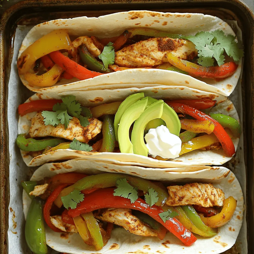 For the oven-baked chicken fajitas, you will need: - 1 lb (450g) boneless, skinless chicken breasts - 1 red bell pepper, sliced - 1 green bell pepper, sliced - 1 yellow onion, sliced - 3 tablespoons olive oil - 2 tablespoons fajita seasoning - 1 teaspoon garlic powder - 1 teaspoon chili powder - Salt and pepper to taste These ingredients form the base of your dish. The chicken gives protein, while the bell peppers and onion add color and crunch. Olive oil helps flavors mix well and keeps the dish moist. Fajita seasoning gives that classic taste. Feel free to get creative with toppings! Here are some ideas: - Avocado slices - Sour cream - Fresh herbs like cilantro - Salsa These toppings add creaminess and freshness. Avocado adds healthy fats, while salsa gives a kick. You can mix and match based on your taste. To make this recipe easy, gather these kitchen tools: - Baking sheet - Parchment paper - Mixing bowl Using parchment paper helps with cleanup. A mixing bowl makes it easy to combine your ingredients. The baking sheet is essential for even cooking in the oven. For the full recipe, check out the details provided! First, set your oven to 400°F (200°C). This temperature cooks the chicken and veggies just right. Next, grab a large baking sheet. Line it with parchment paper to make cleanup a breeze. The paper keeps food from sticking. Now, let’s slice the chicken and veggies. Cut the chicken breasts into thin strips. This helps them cook evenly. For the veggies, slice the red and green bell peppers and the onion. Put them all in a large bowl. Drizzle 3 tablespoons of olive oil over the mix. Add 2 tablespoons of fajita seasoning, 1 teaspoon of garlic powder, and 1 teaspoon of chili powder. Sprinkle in salt and pepper to taste. Toss the mixture well so everything gets coated. This step is key for great flavor. Spread the chicken and veggies evenly on the baking sheet. Bake in the preheated oven for 20-25 minutes. Check that the chicken reaches 165°F (75°C) inside. This ensures it’s fully cooked. Stir the mix halfway through to help it bake evenly. While the fajitas bake, warm your tortillas. You can use a dry skillet or microwave for this. Once the chicken and veggies are done, take them out of the oven. Serve them in the warm tortillas. Add your favorite toppings like avocado slices or salsa for extra flavor. Enjoy your meal! For the full recipe, check out the complete instructions. To ensure your chicken is tender and juicy, aim for an internal temperature of 165°F (75°C). Use a meat thermometer to check this. This step keeps you safe and guarantees great taste. Remember to stir the mix halfway through baking. This helps the chicken and veggies cook evenly, which gives the best texture. Want more heat? Adjust spice levels by adding more chili powder or jalapeños. You can also use milder peppers if you prefer. Experiment with different vegetables too. Zucchini, mushrooms, or corn add a fun twist. Mix and match to find your favorite flavor combo! To impress your guests, serve fajitas on a large platter. Arrange the chicken and veggies in the center. Add bowls of toppings around the platter for a colorful look. For creative plating, stack the fajitas high and garnish with fresh cilantro. This makes the dish pop and adds a hint of freshness. For the full recipe, check here: [Full Recipe]. {{image_2}} You can switch chicken for beef or shrimp. Use flank steak or shrimp for a tasty change. Just adjust cooking time. Beef needs longer, while shrimp cooks fast. For a meat-free meal, try using black beans or tofu. They soak up flavors well. Different spices can add unique tastes. Try cumin or smoked paprika for a smoky kick. You can also mix herbs like oregano or thyme. Marinades can boost flavor too. A simple mix of lime juice, garlic, and olive oil works great. Let proteins marinate for at least 30 minutes for the best taste. You can pick flour or corn tortillas. Flour is soft and easy to fold. Corn has a nice crunch and is gluten-free. For a low-carb option, use lettuce wraps. They make a fresh, light choice that still holds all the delicious fillings. For the full recipe, check out the previous section. To keep your oven-baked chicken fajitas fresh, store them in an airtight container. This helps keep moisture in and air out. Place the fajitas in the fridge within two hours of cooking. They will stay good for about 3 to 4 days. You can freeze the fajitas if you want to save them for later. First, let them cool completely. Then, pack the fajitas in a freezer-safe bag. Make sure to remove as much air as possible. For best flavor, use them within 2 to 3 months. To reheat, thaw them overnight in the fridge before warming in the oven or microwave. This keeps the flavor and texture intact. Preparing your fajitas ahead of time can save you effort on busy days. You can slice the chicken and veggies and store them separately. This makes it easy to cook them quickly. Consider portioning out the ingredients in bags. This way, you can grab what you need for a quick meal. Bake your chicken fajitas at 400°F (200°C). The cooking time is 20-25 minutes. Check if the chicken is done when it reaches 165°F (75°C). The vegetables should be tender and flavorful. Stir the mix halfway through to ensure even cooking. Yes, you can use frozen chicken! Be sure to thaw it first. Place the chicken in the fridge overnight to thaw. If you’re short on time, you can use the microwave. Use the defrost setting, but do not cook it yet. Once thawed, cut the chicken into strips and follow the recipe as usual. You can add many tasty ingredients! Try corn, zucchini, or mushrooms for extra veggies. For more heat, add jalapeños. You can also mix in beans for protein. Don’t forget your favorite toppings, like avocado, sour cream, and salsa to enhance the flavors. Making your own fajita seasoning is easy! Combine these spices: - 1 tablespoon chili powder - 1 teaspoon cumin - 1 teaspoon paprika - 1 teaspoon garlic powder - 1 teaspoon onion powder - 1/2 teaspoon salt - 1/2 teaspoon black pepper Mix well and use it in your recipe. This blend adds a fresh taste to your fajitas. For the full recipe, check the details above. In this blog post, we explored making delicious oven-baked chicken fajitas. We discussed the key ingredients and optional toppings to enhance your dish. You learned step-by-step instructions for cooking and tips for perfecting your fajitas. Variations offer choices for different proteins and spices, while storage tips ensure leftovers stay fresh. Remember, fajitas are fun and easy to customize. Enjoy your cooking adventure, and impress your family or friends with a tasty meal!