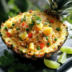 - 2 cups cooked jasmine rice (preferably day-old) - 1 cup fresh pineapple, diced - 1/2 cup green peas (fresh or frozen) - 1/2 cup bell peppers, diced (red and yellow for color) - 1/4 cup red onion, finely chopped - 2 cloves garlic, minced - 2 tablespoons soy sauce - 1 tablespoon sesame oil - 2 eggs, lightly beaten - 1/4 cup scallions, sliced - 1 tablespoon fresh cilantro, chopped - Salt and pepper to taste - Lime wedges, for garnish When I make pineapple fried rice, I love to use fresh ingredients. Fresh pineapple gives a sweet burst that contrasts with the savory rice. Day-old jasmine rice is best because it holds its shape. I always like to add bright colors, so I use red and yellow bell peppers. They not only look nice but also add a sweet crunch. Green peas bring a pop of color and a bit of sweetness too. The red onion adds depth, while garlic brings that aromatic flavor we all love. Soy sauce is key for adding umami, and sesame oil gives a nice nutty taste. Eggs add protein and creaminess, making the dish more filling. Topping it all with scallions and cilantro adds freshness. The lime wedges are perfect for a zesty finish. - Calories: Approximately 300 per serving - Protein: 9g - Carbs: 45g - Fats: 10g This meal is healthy and satisfying. Each serving gives you a good mix of flavors and nutrients. Enjoy this tasty dish that is easy to make on a weeknight! For the full recipe, check out Pineapple Paradise Fried Rice 🥥. Start by preparing your ingredients. Dice your vegetables and pineapple into small pieces. This helps them cook evenly. Use fresh pineapple for the best taste. Next, heat the sesame oil in a large skillet or wok over medium-high heat. The oil should shimmer but not smoke. This step is key for great flavor. Once the oil is hot, sauté the red onion and garlic. Cook them for about two minutes. They will become fragrant and the onion will turn translucent. Next, toss in the bell peppers and peas. Cook these veggies until they are tender-crisp, about two to three minutes. Now, push the veggies to one side of the skillet. Pour the beaten eggs into the empty side. Scramble the eggs until fully cooked, then mix them with the veggies. This adds protein and richness to your dish. Now it's time to add the cooked rice to the skillet. Break up any clumps while stirring. Gradually mix everything together, making sure the rice is well combined with the vegetables and eggs. Pour in the soy sauce and fold it in gently. This allows the rice to soak up all the flavors. Taste your dish and adjust with salt and pepper as needed. Finally, gently fold in the diced pineapple and scallions. Cook for an additional one to two minutes until the pineapple is warmed through. This adds a sweet touch to your fried rice. For the full recipe, don't forget to check the detailed instructions. To make great pineapple fried rice, follow these tips: - Sautéing Vegetables: Start with a hot skillet. Use sesame oil for a nice flavor. Add onion and garlic first. Stir often for two minutes. Then add bell peppers and peas. Cook for three more minutes. The veggies should be tender but still crisp. - Scrambling Eggs: Move the veggies to one side of the skillet. Pour the beaten eggs into the empty space. Let them sit for a moment, then stir gently. Scramble until fully cooked. Mix the eggs with the veggies for even flavor. To boost flavor, try these ideas: - Adjusting Seasoning Levels: Taste your dish as you cook. Add soy sauce for saltiness. If it's too salty, add more rice or veggies. Balance is key! - Adding Heat: If you like spice, add chili flakes or sriracha. Start with a small amount. You can always add more if you want more heat. Make your dish look fun and fresh: - Serving Tips: For a tropical feel, serve the rice in a hollowed-out pineapple. It looks cool and adds flavor! - Garnishing: Use lime wedges for a zesty touch. Sprinkle chopped cilantro on top for color and taste. This makes your dish pop! Follow these tips, and your pineapple fried rice will impress everyone at your table. For more details, check out the Full Recipe. {{image_2}} You can switch jasmine rice for other types if you like. Brown rice adds a nutty taste. Quinoa works well for a protein boost. For protein, chicken, shrimp, or tofu are great choices. Chicken adds heartiness. Shrimp gives a sweet flavor. Tofu is perfect for a plant-based meal. Make this dish gluten-free by using tamari instead of soy sauce. This keeps the taste the same while avoiding gluten. If you want a vegan meal, skip the eggs. Try using firm tofu instead. It adds protein and makes the dish filling. Adding fruits can change the taste. Try mango for a sweet twist. Coconut adds creaminess and a tropical vibe. You can also use spices to enhance flavor. Curry powder gives warmth and depth. Ginger adds a nice zing to the dish. For the Full Recipe, refer to the section above. To keep your pineapple fried rice fresh, place it in an airtight container. Make sure the rice cools down first. This helps prevent condensation. Store it in the fridge for up to four days. When you want to eat it, just reheat in a pan or microwave. If you have extra pineapple fried rice, freezing is a great option. Allow it to cool completely, then scoop portions into freezer bags. Press out as much air as you can before sealing. You can freeze it for up to three months. To reheat, thaw overnight in the fridge, then warm it in a skillet or microwave until hot. Pineapple fried rice lasts well when stored properly. In the fridge, it can stay fresh for four days. If you freeze it, it will keep for about three months. Just remember, the sooner you eat it, the better it will taste! Enjoy your meal with fresh flavors anytime. You can easily swap some ingredients for lighter options. Here are some ideas: - Use brown rice instead of jasmine rice. It adds fiber and nutrients. - Replace sesame oil with a light cooking spray to cut fat. - Add more vegetables like carrots, zucchini, or broccoli for extra vitamins. - Reduce the amount of soy sauce, or choose low-sodium soy sauce to cut sodium. - Scramble in egg whites instead of whole eggs for less fat. These simple changes can make your dish lighter while keeping it tasty. Yes, you can use canned pineapple, but there are pros and cons. Pros: - Canned pineapple is convenient and saves time. - It often has a longer shelf life, so you can keep it on hand. Cons: - Canned pineapple can be sweeter due to added syrup. This might change the taste. - The texture may be softer than fresh pineapple, which can affect crunchiness. If you choose canned, look for options packed in juice, not syrup. This keeps it less sweet and healthier. Pineapple fried rice pairs well with many dishes. Here are some great options: - Serve it with grilled chicken or shrimp for protein. - Add a side of spring rolls for a fun crunch. - Pair it with a light salad topped with a citrus dressing. - Try it alongside a spicy Thai curry for a flavor blast. These options will make your meal complete and delightful! Pineapple fried rice is simple and fun to make. We explored the right ingredients, cooking steps, and variation ideas. This dish is great for quick dinners and can adapt to many diets. Remember, experimenting with flavors can make your meal unique. Store leftovers correctly to keep them fresh for later. I hope you enjoy making and sharing this dish with family and friends. Start your culinary journey today with this tasty recipe!