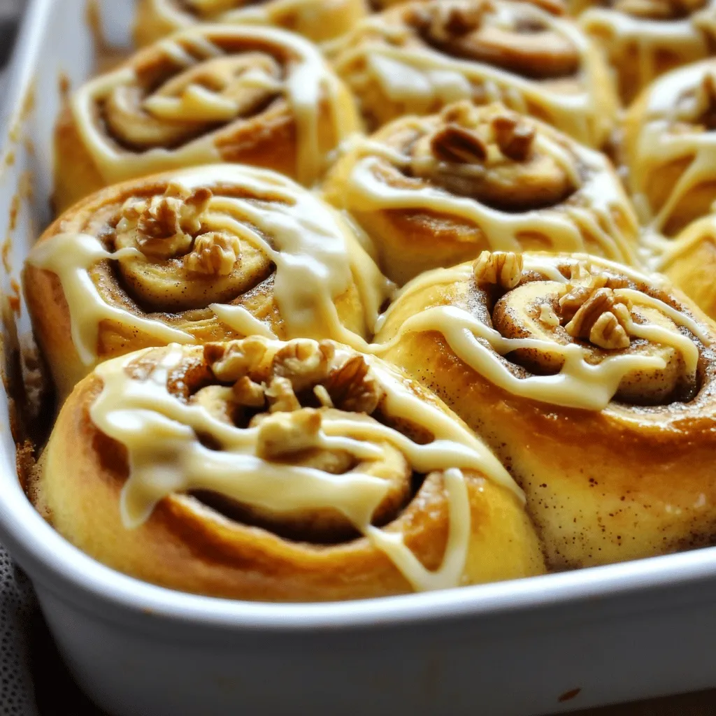 - 2 ripe bananas, mashed - 1/2 cup granulated sugar - 1/4 cup brown sugar - 1/3 cup melted butter - 1 egg - 1 teaspoon vanilla extract - 2 cups all-purpose flour - 1 teaspoon baking powder - 1/2 teaspoon baking soda - 1/4 teaspoon salt - 1 tablespoon ground cinnamon - 1/2 cup chopped walnuts or pecans (optional) - 1/2 cup cream cheese, softened - 1 cup powdered sugar - 2 tablespoons milk - Mixing bowls - Rolling pin - Baking dish - Whisk and spatula The right ingredients make all the difference in your banana bread cinnamon rolls. Start with ripe bananas. They should be soft and brown. This ensures a sweet, rich flavor. Combining both granulated and brown sugar adds depth. The brown sugar gives a nice caramel taste. Next, melted butter adds moisture and richness. Make sure to let it cool slightly before mixing in the egg. This keeps the egg from cooking too fast. Add vanilla extract for a warm, sweet note. When it comes to dry ingredients, use all-purpose flour. This is the backbone of your dough. Baking powder and baking soda help the rolls rise. A pinch of salt balances the sweetness. Cinnamon is key in this recipe. It gives that cozy, warm flavor. If you enjoy nuts, add chopped walnuts or pecans. They add a nice crunch and extra flavor. For the frosting, cream cheese is a must. It brings a creamy texture that pairs well with the rolls. Powdered sugar sweetens it up, while milk helps achieve the right consistency. Gather these ingredients and tools, and you’re ready to make some magic. Check the [Full Recipe] for detailed steps! First, preheat your oven to 350°F (175°C). Grease a large baking dish with non-stick spray or butter. This step helps the rolls not stick. Next, in a mixing bowl, mash the bananas until smooth. Add the granulated sugar, brown sugar, melted butter, egg, and vanilla extract. Mix everything until it looks creamy and well combined. In another bowl, whisk together the flour, baking powder, baking soda, and salt. This mix adds the right rise and texture. Gradually add the dry mixture to the banana mix. Stir gently until just combined. Don't overmix! This keeps your rolls soft and fluffy. Now, it's time to roll out the dough. On a floured surface, roll the dough into a rectangle, about 1/4-inch thick. In a small bowl, mix the brown sugar and ground cinnamon. Spread melted butter over the dough, leaving a small border. Sprinkle the cinnamon-sugar mix evenly on top. If you like, add chopped nuts for extra crunch. Starting from the edge closest to you, roll the dough into a log. Pinch the seams to seal the roll, then cut it into 1-2 inch pieces. Place the rolls in your prepared baking dish, giving them a little space. Bake in the oven for 25-30 minutes until they turn golden brown. While the rolls bake, prepare the cream cheese frosting. In a bowl, beat together the softened cream cheese, powdered sugar, and milk until smooth. After the rolls are done, let them cool for about 5 minutes. Drizzle the frosting over the warm rolls. Enjoy your soft and sweet banana bread cinnamon rolls! For the full recipe, check the earlier section. To make great banana bread cinnamon rolls, start with ripe bananas. Ripe bananas have brown spots and are sweeter. This sweetness makes your rolls soft and tasty. If your bananas are not ripe, they won't add the right flavor. Mixing is key. Avoid overmixing the dough. When you mix too much, the rolls can turn out tough. Stir gently until the dry and wet ingredients just come together. This keeps your rolls fluffy and light. For a creamy and smooth cream cheese frosting, keep your cream cheese soft. Cold cream cheese can lead to lumps. So, let it sit at room temperature before mixing. Add powdered sugar and milk slowly. This helps achieve the right consistency. If your frosting is too thick, add a little more milk. If you want to change things up, try using honey or maple syrup instead of sugar in the frosting. These alternatives can add a unique twist to your rolls. Serve your banana bread cinnamon rolls warm. They taste best with a cup of coffee or tea. The warmth enhances the flavors and makes the rolls even more inviting. For a special touch, present the rolls in the baking dish. Drizzle extra frosting on top and sprinkle chopped walnuts for a lovely look. This makes them perfect for gatherings or special occasions. Enjoy! {{image_2}} You can make your banana bread cinnamon rolls even better! Adding chocolate chips gives a sweet twist. I love using semi-sweet chips, but dark chocolate works too. Dried fruits like raisins or cranberries add a nice chew. You might wonder which nuts to choose. Pecans offer a buttery taste, while walnuts bring a slightly earthy flavor. Try both to see which you like best! If you need gluten-free options, swap regular flour for a gluten-free blend. Look for a mix that works well in baking. This change keeps your rolls soft and delicious. For vegan versions, you can use applesauce instead of eggs. Substitute coconut oil or vegan butter for the regular butter. These simple swaps keep your rolls tasty and kind to all diets. Want to turn these rolls into a coffee cake? Roll the dough into a thicker layer. Then, top with a crumbly mix of flour, brown sugar, and butter before baking. This adds a lovely crunchy layer. For a great finish, consider a streusel topping. Mix oats, cinnamon, and brown sugar together. Sprinkle it on top for a delightful texture. You’ll enjoy this sweet spin on a classic! For the complete recipe, check out the Full Recipe section. After you bake your banana bread cinnamon rolls, let them cool. Once cool, wrap them in plastic wrap. This keeps them soft and fresh. You can also place them in an airtight container. They will stay fresh for up to three days in the fridge. You can freeze both unbaked and baked rolls. For unbaked rolls, prepare them and then freeze them on a baking sheet. Once frozen, transfer them to a freezer bag. For baked rolls, cool them completely first. Wrap them in plastic wrap and then foil. They can last up to three months in the freezer. To thaw, take them out and let them sit at room temperature. For reheating, bake them at 350°F (175°C) for 10-15 minutes. If your rolls get stale, don't worry! You can repurpose them. Cut them into pieces and toast them for breakfast. Another option is to make a bread pudding. If you just want to soften them, sprinkle a little water on top. Then, cover them with a damp paper towel and microwave for 10-15 seconds. This helps bring back their softness. For more details on making these delicious rolls, check out the Full Recipe. You can tell the rolls are done by their color and smell. Look for a golden-brown top. You can also poke one roll with a toothpick. If it comes out clean, the rolls are ready. They should feel firm, not doughy. The sweet smell will fill your kitchen, too! Yes, you can prepare the rolls ahead of time. Make the dough and shape the rolls. Place them in the baking dish and cover tightly with plastic wrap. You can store them in the fridge overnight. In the morning, let them sit at room temperature for 30 minutes before baking. This way, they rise nicely! If you can’t use bananas, try using applesauce. It gives a similar moist texture. You can also use pureed pumpkin or mashed sweet potatoes. These options will change the flavor a bit, but they still taste great! Just use the same amount as the bananas in the recipe. Yes, you can make this recipe healthier. Try using whole wheat flour instead of all-purpose flour. You can also cut the sugar in half and add a bit of honey for sweetness. Use unsweetened applesauce instead of some butter. These changes help reduce sugar and fat! Absolutely! You can add more spice to these rolls. Try adding nutmeg or cardamom for a warm flavor. You could also mix in some pumpkin pie spice for a fun twist. Just remember to keep the cinnamon as the main spice so the flavor stays balanced. This blog post guides you through making delicious banana rolls. We covered the main and frosting ingredients, essential tools, and step-by-step instructions. I shared tips for perfect dough and explored fun variations. You learned how to store leftovers and repurpose stale rolls. Try these recipes to create a tasty treat for yourself or loved ones. Baking can be simple and fun, bringing joy to your kitchen. Enjoy exploring different flavors and impressing everyone with your delicious rolls!