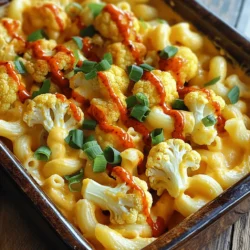 - Cauliflower florets - Elbow macaroni - Cheese options For this Buffalo Cauliflower Mac and Cheese, you need a few star ingredients. First, grab one medium cauliflower head. Cut it into florets. Next, get 8 ounces of elbow macaroni. This pasta shape holds the creamy sauce well. You’ll also need cheese. Sharp cheddar gives great flavor, but feel free to mix in some crumbled blue cheese for a zesty twist. - Olive oil - Buffalo sauce - Spices Let’s spice things up! Use 2 tablespoons of olive oil to roast your cauliflower. Buffalo sauce is key for that tangy heat. You’ll need about 1/2 cup. For added flavor, gather some spices: garlic powder, onion powder, and smoked paprika. These will enhance your dish and make it sing. - Crumbled blue cheese - Topping suggestions If you love blue cheese, consider adding 1 cup of crumbled blue cheese. It gives a bold taste. For a fun topping, think about adding chopped green onions. They add color and freshness to your dish. You can also sprinkle extra buffalo sauce on top for a spicy kick. For the full recipe, check the details provided earlier. Enjoy your cooking adventure! 1. Preheating the oven: First, set your oven to 350°F (175°C). This helps to get it hot and ready for baking the dish. 2. Cooking macaroni: Bring a large pot of salted water to a boil. Add 8 ounces of elbow macaroni to the water. Cook it according to the package instructions until it is al dente. Drain it well and set it aside for later. 1. Roasting cauliflower: Take 1 medium cauliflower head and cut it into florets. In a large mixing bowl, toss the florets with 2 tablespoons of olive oil, salt, and pepper. Spread the cauliflower on a baking sheet. Roast in the oven for about 20 minutes, until the florets are golden and tender. 2. Making cheese sauce: In a saucepan over medium heat, melt 4 tablespoons of unsalted butter. Once it melts, whisk in 1/4 cup of all-purpose flour to create a roux. Cook for about 2 minutes until it bubbles. Gradually add 2 cups of milk while whisking to avoid lumps. Cook until the sauce thickens, about 5-7 minutes. Stir in 1 teaspoon garlic powder, 1 teaspoon onion powder, 1/2 teaspoon smoked paprika, and 1/2 cup buffalo sauce. Remove from heat, then mix in 2 cups of shredded sharp cheddar cheese and 1 cup of crumbled blue cheese until melted. 1. Mixing macaroni and cauliflower: In a large bowl, combine the cooked macaroni and roasted cauliflower. Pour the cheese sauce over them and mix well to coat everything. 2. Baking the dish: Pour the mixture into a greased baking dish. If you like extra heat, drizzle some buffalo sauce on top. Bake in the preheated oven for 15-20 minutes. Look for it to be bubbly and slightly golden on top. Follow these steps, and you'll create a Buffalo Cauliflower Mac and Cheese that is flavorful and satisfying. For the complete recipe, check out the Full Recipe. To make the perfect cheese sauce, start with a roux. Melt butter in a pot over medium heat. Add flour and stir for about two minutes. This step helps thicken your sauce. Gradually add milk while whisking. Keep stirring until the sauce is smooth and thick. For roasting cauliflower, cut it into small florets. Toss them in olive oil, salt, and pepper. Spread them evenly on a baking sheet. Roast at 350°F for about 20 minutes. This brings out the sweet, nutty flavor of the cauliflower. When serving, dish out the mac and cheese straight from the baking dish. This keeps it warm and bubbly. Garnish with chopped green onions for a pop of color. The green onions add a fresh taste that balances the rich cheese. For pairing, try serving it with a light salad or grilled chicken. The crunch of the salad complements the creamy pasta well. If you need a gluten-free option, swap the elbow macaroni for gluten-free pasta. Many brands make great gluten-free pasta that tastes just as good. For vegan substitutions, use plant-based cheese and milk. Nutritional yeast can also add a cheesy flavor without dairy. It’s a great way to keep the dish creamy and tasty. {{image_2}} You can mix up the cheese in this dish. Try using gouda or pepper jack for a twist. Each cheese adds a unique flavor. You can also swap the elbow macaroni for gluten-free pasta or even whole wheat. This change keeps it healthy while still tasting great. Want more heat? Add extra buffalo sauce to really kick it up! You can also mix in cayenne pepper or crushed red pepper for a spicy boost. If you prefer less spice, reduce the buffalo sauce to suit your taste. Remember, it’s all about balance. You can add more veggies to boost nutrition. Try spinach, broccoli, or even peas. Each one gives a fresh taste and adds color. If you want protein, mix in cooked chicken, tofu, or chickpeas. This makes your mac and cheese a full meal. For the complete recipe, check out the Full Recipe link. After you enjoy your Buffalo Cauliflower Mac and Cheese, save leftovers for later. Let the dish cool to room temperature. Use an airtight container to keep it fresh. Glass or plastic containers work well. You can also use plastic wrap, but make sure it seals well. Store it in the fridge for best results. You can freeze this dish if you want to store it longer. First, let it cool completely. Then, pack it in a freezer-safe container. Make sure to leave some space for expansion. Seal it tightly to prevent freezer burn. When you're ready to eat, thaw it in the fridge overnight. Reheat it in the oven or microwave until hot. Stir it well to make sure it heats evenly. In the fridge, Buffalo Cauliflower Mac and Cheese lasts about 3 to 5 days. If you freeze it, it can last up to 2 to 3 months. After that, the taste may start to fade. Always check for signs of spoilage before eating. Buffalo cauliflower mac and cheese has a bold flavor. You get the creamy taste of cheese mixed with a spicy kick from the buffalo sauce. The roasted cauliflower adds a nice texture, making each bite exciting. The sharp cheddar cheese gives it richness, while the optional blue cheese adds a tangy note. This dish blends comfort food with a zesty twist that keeps you coming back for more. Yes, you can easily make this dish vegan. Here are some great swaps: - Use vegan cheese instead of regular cheese. - Substitute almond milk or coconut milk for dairy milk. - Replace butter with vegan margarine or olive oil. - Use a vegan buffalo sauce to keep the spice. These changes will keep the flavors and textures while making it suitable for a vegan diet. You can prep this dish in advance. Here’s how: 1. Cook the macaroni and roast the cauliflower as directed. 2. Make the cheese sauce and allow it to cool. 3. Mix the macaroni, cauliflower, and sauce together. 4. Store everything in a greased baking dish, cover with plastic wrap, and refrigerate. When you're ready to eat, just bake it at 350°F (175°C) for about 20-25 minutes. This way, you save time and still enjoy a delicious meal. For the full recipe, check [Full Recipe]. Buffalo cauliflower mac and cheese is a tasty and fun dish. We covered the key ingredients, including the cauliflower and cheese options. You learned how to roast cauliflower and make a great cheese sauce. I shared tips for serving and storing leftovers too. With a few easy swaps, you can adapt this recipe to fit your diet. Enjoy this dish as a main meal or a side. Remember, cooking should always be rewarding. Now, grab your ingredients and start creating!