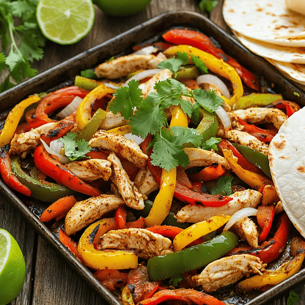 - 1 pound boneless, skinless chicken breasts, sliced into thin strips - 1 red bell pepper, sliced - 1 yellow bell pepper, sliced - 1 green bell pepper, sliced - 1 medium onion, sliced - 3 tablespoons olive oil - 2 teaspoons chili powder - 1 teaspoon cumin - 1 teaspoon garlic powder - 1 teaspoon onion powder - 1/2 teaspoon paprika - Salt and pepper to taste The main ingredients in this dish create a vibrant and tasty meal. Chicken breasts are the star, and they cook quickly. I love using bell peppers for their crunch and sweet flavor. They add color too. The onion gives a nice depth to the dish. Olive oil helps the spices stick and keeps the chicken juicy. I always season the chicken and veggies well. Chili powder brings heat and flavor. Cumin adds earthiness, while garlic and onion powders boost the taste. Paprika gives a hint of smokiness, making each bite delightful. Salt and pepper finish the mix, enhancing the overall flavor. - Fresh cilantro - Lime wedges - Warm tortillas Garnishes make your fajitas even better. Fresh cilantro adds a bright taste and aroma. I love squeezing lime over my fajitas. The zest from the lime cuts through the richness. Warm tortillas are a must. They hold all the flavors together and make each bite satisfying. For the full recipe, check out the details above. Enjoy cooking! 1. Preheat the oven: Set your oven to 400°F (200°C). This step is key for cooking the chicken and veggies just right. 2. Combine chicken and vegetables: In a large bowl, add the sliced chicken, red bell pepper, yellow bell pepper, green bell pepper, and onion. Mix them well together. 1. Drizzle olive oil and seasonings: Pour 3 tablespoons of olive oil over the chicken and veggies. Next, sprinkle 2 teaspoons of chili powder, 1 teaspoon of cumin, 1 teaspoon of garlic powder, 1 teaspoon of onion powder, 1/2 teaspoon of paprika, and salt and pepper to taste. Toss everything until the chicken and vegetables are well coated. 2. Bake until done: Spread the mixture evenly on a large baking sheet. Place it in your preheated oven. Bake for 20-25 minutes. Stir halfway through to ensure even cooking. The chicken should be cooked through and the veggies tender. 1. Garnish and serve: After baking, take the sheet pan out of the oven. Let it cool for a few minutes. Serve the fajitas warm, garnished with fresh cilantro and lime wedges on the side. Don’t forget warm tortillas to wrap up all that goodness. For the full recipe, check out the instructions above. Enjoy your tasty meal! To make your fajitas shine, focus on seasoning. Use the right amount of spices. For the best flavor, mix the chili powder, cumin, garlic powder, onion powder, and paprika. Toss these with the chicken and veggies. This ensures every bite bursts with flavor. For tender chicken, don’t overcook it. Bake at 400°F for 20-25 minutes. Stir halfway through cooking. This helps all parts cook evenly. Check the chicken with a meat thermometer. It should reach 165°F to be safe and juicy. Pair your fajitas with fresh lime wedges. The lime adds a zesty kick that brightens the dish. You can also serve them with warm tortillas. This creates a delicious wrap for your tasty filling. For a nice look, arrange the chicken and veggies on a platter. Sprinkle fresh cilantro on top for color. You can also add lime wedges around the edge. This makes your dish appealing and fun to eat. For the full recipe, check out the link provided. {{image_2}} You can change the protein in this recipe. Try beef, shrimp, or tofu. Each option brings a new taste. Just slice them thinly like the chicken. For a vegetarian twist, use black beans or chickpeas. They pack a protein punch without meat. Adding more veggies is a great idea too. Consider zucchini, mushrooms, or corn. These give extra flavor and color to your fajitas. Mix and match based on what you have. This recipe is great for using up leftover veggies. To change the spice level, adjust the chili powder. If you like it hot, add more. You can also use jalapeños for an extra kick. For a milder flavor, reduce the chili powder or skip it. Creating your own marinades can be fun. Combine lime juice, garlic, and your favorite spices. Let the chicken soak in this mix for 30 minutes before cooking. This will add depth and flavor. You can also use store-bought marinades for quick prep. For the full recipe, check the link above! After enjoying your sheet pan chicken fajitas, store any leftovers in the right way. Use airtight containers to keep your food fresh. Glass containers work great because they don’t stain or hold odors. If you prefer plastic, make sure it is BPA-free. For best results, let the fajitas cool down before sealing. This helps prevent moisture buildup inside the container. Store the fajitas in the fridge for up to three days. If you want to keep them longer, freeze the leftovers. Just make sure to use freezer-safe containers. When it’s time to enjoy your leftovers, you want them to taste fresh. The best way to reheat fajitas is in the oven. Preheat your oven to 350°F (175°C). Place the fajitas on a baking sheet and cover with foil. This keeps moisture in, preventing dryness. Heat for about 15 minutes or until warm. If you're in a hurry, you can use the microwave. Place fajitas in a microwave-safe dish and cover with a damp paper towel. Heat them in short bursts of 30 seconds. Stir between each burst to heat evenly. Be careful not to overheat, as this can dry them out. For a quick meal, check out the Full Recipe for more details on this tasty dish! How long does it take to cook chicken fajitas? It takes about 20 to 25 minutes to cook chicken fajitas in the oven. Preheat your oven to 400°F. Once it's hot, bake the chicken and vegetables for the best results. Stir halfway through to ensure even cooking. Can I make fajitas in advance? Yes, you can make fajitas in advance. Cook them and let them cool. Then, store them in an airtight container in the fridge. They will stay fresh for up to three days. Reheat when you are ready to serve. What can I add to sheet pan chicken fajitas? You can add many things to your sheet pan chicken fajitas. Consider adding more veggies like zucchini or mushrooms. You can also use different spices to change the flavor. Try adding jalapeños for heat or lime juice for zest. How do I know when the chicken is cooked through? The chicken is cooked when it reaches 165°F internally. You can use a meat thermometer to check. The chicken should be white in the center with no pink. If it looks dry, it may be overcooked, but it will still taste great! This blog post covered how to make delicious chicken fajitas. We discussed the main ingredients like chicken, bell peppers, and spices. You learned step-by-step instructions to prepare and cook the dish. Tips for serving and variations helped you add your own twist. Finally, we reviewed how to store and reheat leftovers properly. Making chicken fajitas can be fun and easy. With these tips, you can impress friends and family. Enjoy your cooking!