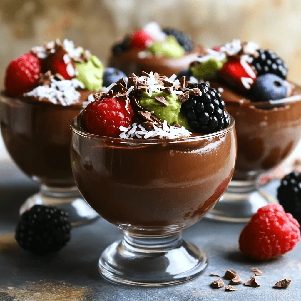 To make a rich and creamy vegan chocolate avocado mousse, you need simple and fresh ingredients. Here’s what you will need: - 2 ripe avocados - 1/2 cup cocoa powder - 1/3 cup maple syrup (or agave syrup) - 1/4 cup almond milk (or any plant-based milk) - 1 teaspoon vanilla extract - A pinch of salt - Optional toppings: shredded coconut, fresh berries, or cacao nibs Using ripe avocados is key. They should feel soft when you gently press them. If they are too hard, give them a few days to ripen. Cocoa powder brings deep chocolate flavor. Maple syrup or agave syrup adds sweetness, while almond milk gives it a smooth texture. Vanilla adds warmth, and a pinch of salt enhances the flavors. Feel free to top your mousse with shredded coconut, fresh berries, or cacao nibs. These toppings not only add special texture but also make your dessert look beautiful. For the full recipe, check out the instructions to whip up this delightful treat! To start, you need to cut the avocados. Take a ripe avocado and place it on a cutting board. Use a sharp knife to slice it in half, from top to bottom. Twist the two halves gently to separate them. Remove the pit using a spoon or the knife carefully. Scoop the green flesh into a food processor with a spoon. When picking avocados, look for ones that are slightly soft. Press gently on the skin. If it gives a bit, it is ripe. Avoid avocados that feel very hard or have dark spots. Now, let's blend the ingredients. Add the cocoa powder, maple syrup, almond milk, vanilla extract, and a pinch of salt to the food processor. Close the lid tightly. Blend the mixture until it is smooth and creamy. You might need to stop and scrape down the sides to mix well. This helps create a silky texture. If you notice any lumps, keep blending until everything is perfectly smooth. A good blender can make a big difference here. Once blended, taste the mousse to check the sweetness. If it’s not sweet enough, add a little more maple syrup and blend again. Next, transfer the mousse into serving cups or bowls. Use a spatula to get every bit out. Finally, place the mousse in the refrigerator. Let it chill for at least 30 minutes. This helps it set and enhances the flavor. You can top your mousse with shredded coconut, fresh berries, or cacao nibs for extra fun and flavor. Enjoy your delicious creation! For the complete recipe, check out the Full Recipe. To avoid a grainy texture, always use ripe avocados. Ripe avocados blend smoothly and add creaminess. If your avocados are too firm, the mousse may not be smooth. The right blender is key. A high-speed blender or a powerful food processor works best. These tools help break down the avocado and cocoa fully. If you notice lumps, blend for a bit longer. Scraping the sides also helps mix everything well. To enhance the chocolate flavor, use high-quality cocoa powder. Dark cocoa gives a richer taste. You can also add a dash of espresso powder. This small amount boosts the chocolate flavor without making it taste like coffee. For variety, consider adding spices like cinnamon or nutmeg. You can also mix in almond butter for a nutty twist. Try swapping maple syrup for agave syrup for a different sweetness. This mousse shines at many occasions. Serve it at dinner parties or as a sweet treat after lunch. You can even enjoy it as a quick snack. For creative presentation, use clear cups or jars. Layer the mousse with fresh berries or granola for a parfait look. Garnish with shredded coconut or cacao nibs on top. This makes it not only tasty but also pretty to look at. For the complete recipe, check out the Full Recipe section! {{image_2}} If you need a nut-free mousse, no worries! You can swap almond milk for oat milk or soy milk. Both work great and keep the mousse creamy. For added richness, use coconut cream instead of any nut-based options. This way, you can enjoy the mousse without any nut allergies. Want to add a twist? Sprinkle in some cinnamon for warmth. You can try a pinch of chili powder for a spicy kick. If you want more protein, consider adding a scoop of plant-based protein powder. For sweetness, adjust with more maple syrup or try agave syrup. These tweaks keep the mousse fun and exciting! This mousse is so versatile! You can use it in parfaits by layering it with granola and fruit. It also makes a great filling for cakes or cupcakes. Spread it on a graham cracker crust to create a quick pie. Get creative and enjoy this mousse in new ways! For the full recipe, check out the section above. Store leftover mousse in an airtight container. This helps keep it fresh. The mousse lasts about three days in the fridge. Before serving again, stir it well. Sometimes it may separate a bit while sitting. You can freeze the mousse if you have extra. Pour it into a freezer-safe container. Leave some space at the top, as it may expand. It stays good for up to three months in the freezer. When you want to eat it, move it to the fridge overnight to thaw. For a quicker thaw, place it at room temperature for about an hour. Watch for changes in color or smell. If the mousse turns brown or has an off odor, it’s time to toss it. A watery layer on top also means it has gone bad. Always check before you serve leftover mousse. If it looks or smells funny, don’t eat it! Vegan chocolate avocado mousse is a rich, creamy dessert made from ripe avocados and cocoa. This dish is popular because it is both simple and decadent. The avocado gives the mousse a smooth texture, while cocoa adds a deep, chocolatey flavor. It is a fantastic option for those who want a vegan treat without sacrificing taste. Because it uses natural sweeteners like maple syrup, it feels indulgent yet wholesome. Yes, you can make this mousse ahead of time! Just follow the full recipe to prepare it. After blending, store the mousse in airtight containers. It keeps well in the fridge for up to three days. This makes it perfect for parties or quick snacks. If you want to enjoy it later, just remember to chill it for at least 30 minutes before serving. Avocado mousse is indeed healthy. It contains several nutritional benefits. Avocados are packed with healthy fats, which are good for your heart. They also provide fiber, helping with digestion. Cocoa powder is full of antioxidants, which may boost your mood. Maple syrup gives you natural sweetness without refined sugars. This dessert is not just tasty; it's good for you too! This avocado chocolate mousse is simple and delightful. You learned how to blend fresh avocados with cocoa powder, sweeteners, and milk for a smooth treat. By following my steps, you can impress anyone with your skills. Remember to adjust sweetness and chill the mousse for the best taste. Feel free to customize with spices or toppings. This dessert benefits from being made ahead, and it's healthy too. Now, go ahead and enjoy this creamy delight guilt-free! Your dessert game just got a tasty upgrade.
