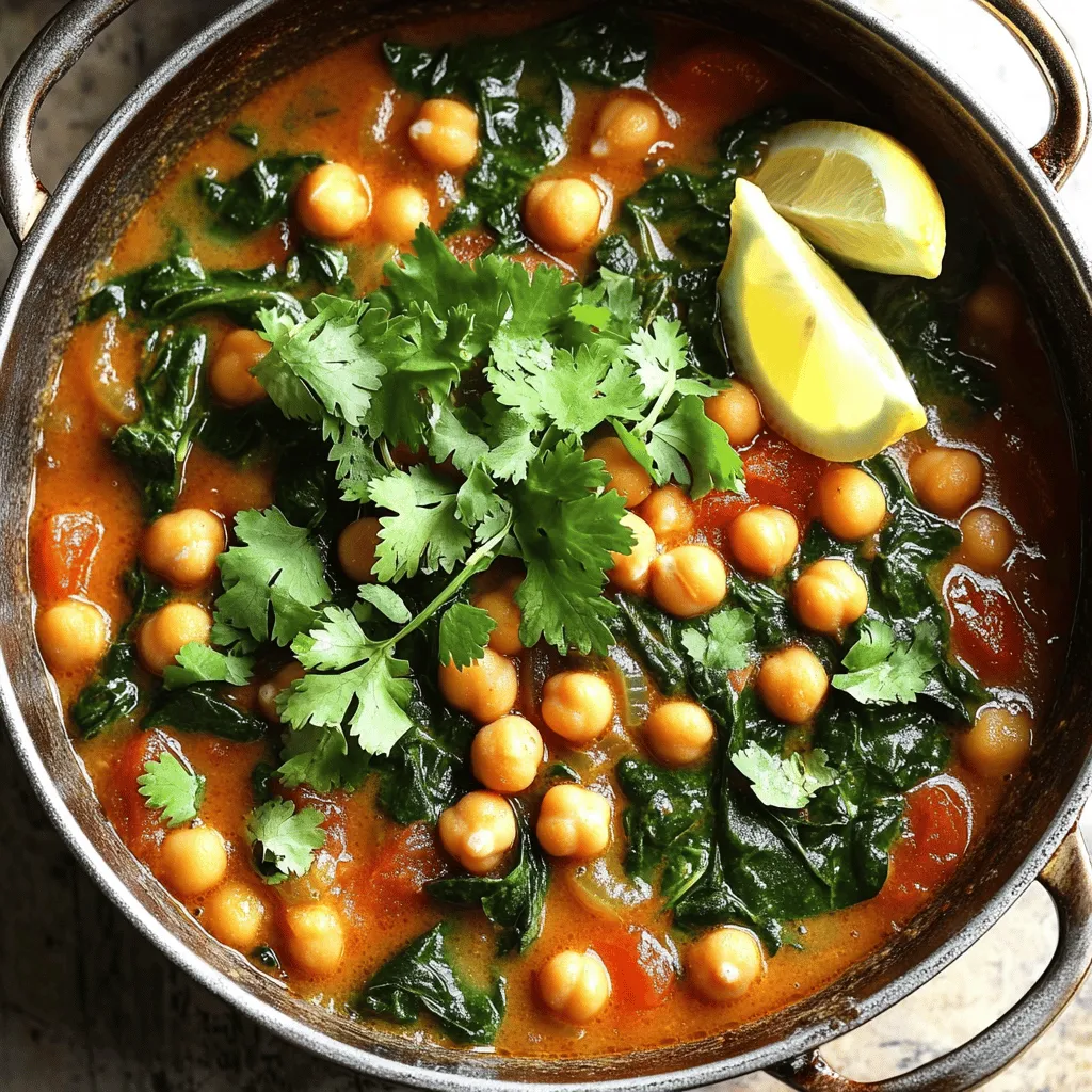 To make a tasty chickpea and spinach stew, gather these ingredients: - 1 can chickpeas, drained and rinsed - 2 cups fresh spinach, roughly chopped - 1 medium onion, diced - 3 cloves garlic, minced - 1 tablespoon olive oil - 1 teaspoon ground cumin - 1 teaspoon smoked paprika - 1/2 teaspoon turmeric - 1 can diced tomatoes (14 oz) - 2 cups vegetable broth - Salt and pepper to taste - Lemon wedges for serving - Fresh cilantro for garnish You can find the full recipe at the end of this article. You can swap some ingredients if needed. Use any beans if you lack chickpeas. Kale or Swiss chard can replace spinach. Yellow or red onion works well if you don’t have a medium onion. If you want a unique flavor, try ginger instead of garlic. This stew is packed with nutrients. A serving offers protein, fiber, and vitamins. Chickpeas provide protein and fiber. Spinach is rich in iron and vitamins A and C. Olive oil offers healthy fats. Each bowl is low in calories, making it a great choice for a filling meal! First, gather all your ingredients. You will need 1 can of chickpeas, 2 cups of fresh spinach, 1 medium onion, and 3 cloves of garlic. Don’t forget the olive oil, spices, diced tomatoes, and vegetable broth. This will make your cooking smooth and easy. Next, rinse and drain the chickpeas. Chop the onion and garlic finely. Roughly chop the spinach. This makes it easier to mix later. Now, let’s cook! Heat 1 tablespoon of olive oil in a large pot over medium heat. Add the diced onion and sauté for about 5 minutes until it is soft and clear. Next, toss in the minced garlic, ground cumin, smoked paprika, and turmeric. Stir well and cook for about 2 minutes. This will make your kitchen smell amazing! Then, pour in the canned diced tomatoes with their juices. Stir to combine and let it simmer for about 3-4 minutes. After that, add the drained chickpeas and 2 cups of vegetable broth. Bring the mix to a gentle boil. Lower the heat and let it simmer for 10-15 minutes. This helps all the flavors mix well. Now, add the chopped spinach. Cook for another 4-5 minutes until the spinach is soft. Season with salt and pepper to taste. If you like, add a squeeze of fresh lemon juice for a bright flavor. For the best stew, use fresh spices. Old spices lose their flavor. If you want more heat, add a pinch of red pepper flakes. Let the stew sit for a few minutes after cooking. This allows the flavors to deepen. Serve the stew hot, garnished with fresh cilantro and lemon wedges on the side. For the full recipe, check the previous sections. Enjoy your Chickpea and Spinach Stew! When making chickpea and spinach stew, it’s easy to make a few mistakes. First, don’t skip the sautéing step. Cooking the onion and garlic first adds depth to your dish. If you rush, your stew might taste bland. Next, be careful with the spices. Too much or too little can change the flavor. Start with the recommended amounts and adjust to your taste. Lastly, avoid overcooking the spinach. You want it tender but not mushy. If you cook it too long, it loses its bright green color. To really make your stew pop, think about layering flavors. You can add a splash of balsamic vinegar for tang. A pinch of red pepper flakes can add some heat without overpowering the dish. Fresh herbs are great too. Try adding basil or parsley at the end for extra freshness. If you like a zesty kick, squeeze lemon juice right before serving. It lifts the flavors and makes everything taste brighter. Chickpea and spinach stew is very versatile. You can serve it on its own or with sides. I love pairing it with warm, crusty bread for dipping. Rice or quinoa also works well to soak up the stew. For a lighter option, a simple green salad adds a nice crunch. Garnish your stew with fresh cilantro and lemon wedges for a pop of color. This not only makes the dish look appealing but also adds more flavor. For the full recipe, check out the details above. {{image_2}} You can make this stew spicy easily! Just add red pepper flakes or diced jalapeños. Start with a small amount and taste as you go. Let the heat blend with the flavors. This adds a fun kick to your meal. This stew is already vegan and gluten-free! Use vegetable broth to keep it plant-based. Make sure your canned tomatoes do not have added sugars or gluten. If you want more protein, add extra chickpeas or some tofu. Feel free to add more veggies! Carrots, bell peppers, or zucchini work well. Dice them up and toss them in with the onions. You can also add cooked chicken or sausage for a heartier stew. Mix and match to find your favorite version! For the full recipe, check out the full recipe section. After you enjoy your chickpea and spinach stew, store any leftovers in a clean container. Make sure the stew cools down first. Seal the container tightly. You can keep it in the fridge for up to three days. This stew makes a quick meal for busy days. Want to save some for later? You can freeze the stew! Pour it into freezer-safe containers. Leave some space at the top for expansion. Label each container with the date. You can freeze it for up to three months. When you're ready to eat, thaw it overnight in the fridge. When it's time to enjoy your stew again, reheat it gently. You can use a pot on the stove over medium heat. Stir it often to heat evenly. If it's too thick, add a splash of vegetable broth. You can also use a microwave. Heat it in a bowl, stirring every minute until hot. Enjoy your delicious, warm meal! For the full recipe, check out the Chickpea & Spinach Stew! Chickpea and Spinach Stew stays fresh in the fridge for about 3 to 5 days. Store it in an airtight container. This keeps it safe and tasty. When you reheat it, make sure it’s hot all the way through. If you want to keep it longer, you can freeze it. Yes, you can use frozen spinach. It works well and saves time. Just thaw and drain the spinach before adding it to the stew. This helps keep the stew from getting too watery. Frozen spinach is just as good as fresh, and it’s easy to find. Chickpea and Spinach Stew pairs nicely with several sides. You can serve it with warm bread, like pita or crusty baguette. Rice or quinoa also make great sides. These options add texture and help soak up the stew. For a fresh touch, add a simple salad on the side. You’ll find this stew is filling and satisfying on its own or with these sides. Check out the Full Recipe for more details! You learned about making a delicious Chickpea and Spinach Stew. We covered key ingredients, cooking steps, and helpful tips. I shared easy substitutions and variations to suit your taste. Remember to avoid common mistakes for a great dish. Store leftovers properly to enjoy later. This stew is a flexible meal that fits many diets and preferences. I hope you find joy in experimenting with this recipe! Happy cooking!