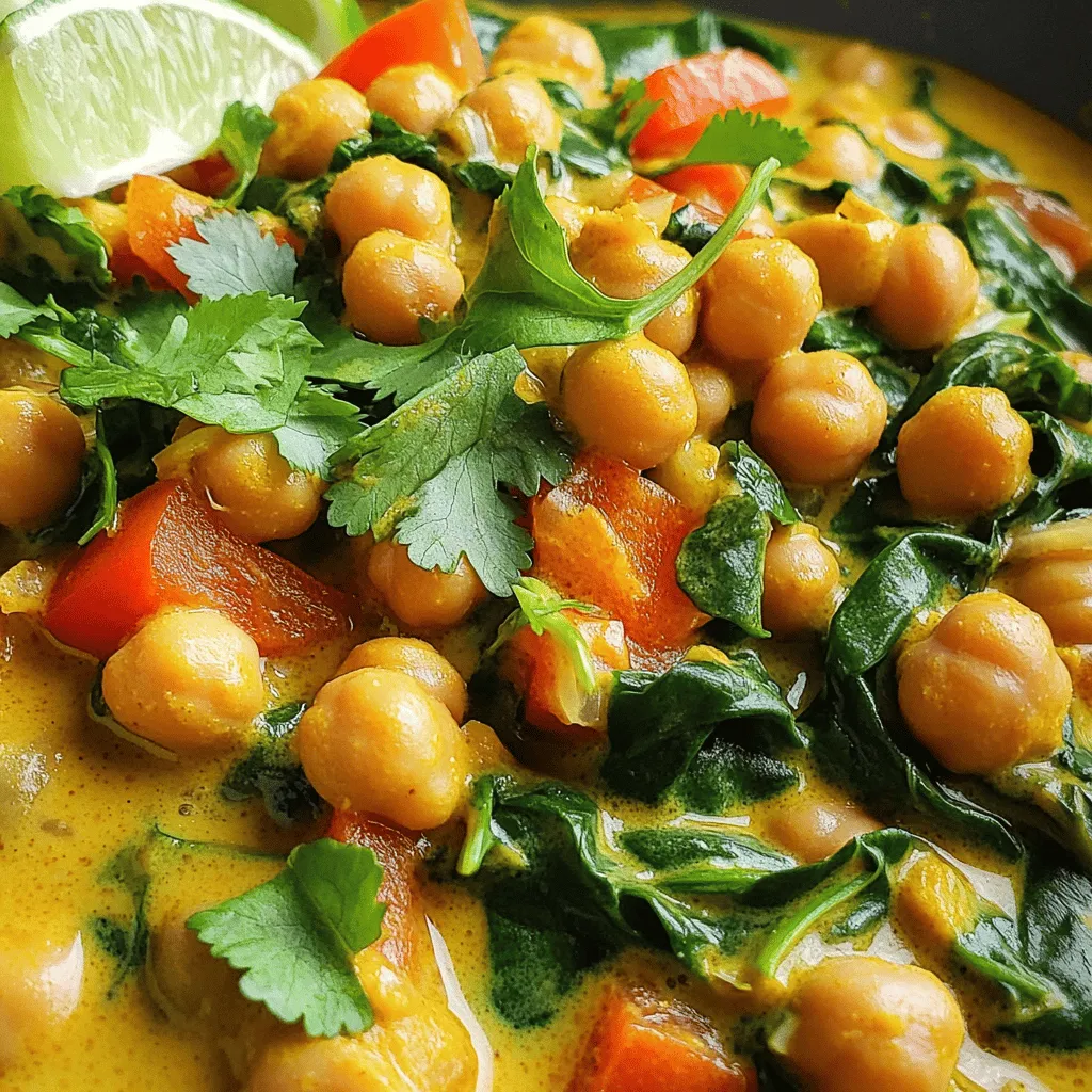 - 2 cups canned chickpeas, drained and rinsed - 1 can (14 oz) coconut milk - 1 medium onion, diced - 3 cloves garlic, minced - 1-inch piece of ginger, grated - 1 medium tomato, diced - 1 bell pepper (red or yellow), diced - 1 cup vegetable broth - 1 cup spinach leaves, roughly chopped Chickpeas form the main protein in this dish. They are nutritious and filling. Coconut milk gives the curry a rich, creamy taste. A mix of fresh vegetables like onion, garlic, ginger, and bell pepper adds both flavor and color. - 2 tablespoons curry powder - 1 teaspoon cumin - 1 teaspoon turmeric - Salt and pepper to taste The spices are key to flavor. Curry powder gives warmth and depth. Cumin adds a nutty taste, while turmeric contributes a lovely yellow hue and health benefits. - Fresh cilantro for garnish - Lime wedges for serving Garnishes elevate your dish. Fresh cilantro adds brightness. Lime wedges bring a zing that balances the creamy curry. For the full recipe, be sure to check out the details on how to bring this flavorful dish to life! 1. Sautéing onions, garlic, and ginger Start by heating 1 tablespoon of olive oil in a large pot over medium heat. Add 1 diced onion and sauté for about 3-4 minutes. You want the onion to turn soft and clear. Next, add 3 minced garlic cloves and 1 grated inch of ginger. Stir for 1 minute until they give off a great smell. 2. Adding spices to enhance flavor Once the onions, garlic, and ginger are ready, it’s time to add your spices. Stir in 2 tablespoons of curry powder, 1 teaspoon of cumin, and 1 teaspoon of turmeric. Toast these spices for about 30 seconds. This step makes the flavors pop! 1. Incorporating vegetables into the mixture Now, add 1 diced medium tomato and 1 diced bell pepper (red or yellow) to the pot. Cook these for about 3-5 minutes until they are soft. This mix gives the curry a nice texture. 2. Combining chickpeas, broth, and coconut milk Pour in 1 can of coconut milk and 1 cup of vegetable broth. Then, add 2 cups of drained and rinsed canned chickpeas. Stir everything together well so the ingredients mix nicely. 1. Simmering and adding spinach Bring the pot to a gentle simmer and let it cook for about 15-20 minutes. This allows the flavors to blend. Just before serving, stir in 1 cup of roughly chopped spinach. Let it wilt for about 2 minutes. 2. Serving suggestions and garnishing When ready, serve your curry hot. Garnish with fresh cilantro and lime wedges on the side for a bright finish. This dish pairs well with rice or naan. You can find the complete details in the Full Recipe. Enjoy your cooking! To boost the taste of your curry, consider adjusting the spices. You can add more curry powder for a richer flavor or increase the cumin for a warm, earthy taste. If you like heat, add chopped chili peppers or a splash of hot sauce. Start with a little, taste, and adjust as needed. This way, you control the spice level to suit your taste. The thickness of your curry matters. If it’s too thick, add a little vegetable broth or water. Stir well, and let it simmer for a few more minutes. For a thicker curry, let it cook longer without a lid. If you want a lighter dish, add more coconut milk for a creamier texture. You can also adjust for dietary needs. For a vegan option, ensure your broth is vegetable-based. Using the right tools helps you create the best curry. A large pot is perfect for cooking. A wooden spoon works well for stirring your ingredients. For speed, a can opener speeds up opening chickpeas. A good knife helps with chopping veggies. If you have an immersion blender, it can blend your curry to a smooth consistency. These tools make cooking easier and quicker. {{image_2}} You can easily change the main protein in this dish. If you want to swap chickpeas, try using lentils or tofu. Both options offer great taste and texture. Lentils cook fast and add a nice bite. Tofu absorbs flavors well and gives a creamy feel. For a non-vegetarian twist, you can add chicken or shrimp. Cook the meat until golden before mixing it in. Both options provide a hearty and satisfying meal. Experiment with different vegetables to keep things fresh. You can add carrots, zucchini, or mushrooms for extra flavor. Seasonal veggies also bring a delightful taste. In spring, toss in fresh peas or asparagus. In fall, try butternut squash or sweet potatoes. Each choice adds new layers to your curry and enhances the dish. Changing the type of coconut milk can give your curry a new flair. Use light coconut milk for a lower-calorie option or full-fat for richer taste. You can also mix in additional herbs and spices. Fresh cilantro adds brightness, while basil or mint gives a unique twist. A pinch of chili flakes can add heat if you like spice. These little changes can make your chickpea curry unique each time. For more ideas, check the full recipe for inspiration. To keep your chickpea curry fresh, use airtight containers. Glass or plastic containers work well. After cooling, store the curry in the fridge. For longer storage, freeze it in small portions. This makes it easy to reheat later. When you want to eat your leftovers, reheat the curry on the stove. Pour it into a pot and warm it over medium heat. Stir often to prevent sticking. If you use a microwave, heat it in short bursts. Stir between each burst to keep it even. This method helps maintain flavor and texture. Chickpea curry stays fresh in the fridge for about three to four days. If you freeze it, it can last up to three months. Always check for signs of spoilage. If you see mold, an off smell, or unusual color, it’s best to toss it. Enjoy your delicious meal without worry! To make chickpea curry, start with these steps: 1. Heat olive oil in a pot. 2. Sauté diced onion until clear. 3. Add minced garlic and grated ginger. 4. Stir in curry powder, cumin, and turmeric. 5. Cook diced tomato and bell pepper until soft. 6. Pour in coconut milk and vegetable broth. 7. Add rinsed chickpeas and mix well. 8. Simmer for 15-20 minutes. 9. Stir in chopped spinach and season. You can find the full recipe above for complete details. Yes, you can freeze chickpea curry. Here’s how: - Allow the curry to cool completely. - Use airtight containers or freezer bags. - Label with the date before freezing. To thaw, place it in the fridge overnight. Reheat on the stove until hot. Chickpea curry pairs well with many side dishes: - Steamed rice or basmati rice. - Warm naan or pita bread. - A fresh salad with cucumbers and tomatoes. - Yogurt or raita to cool the spice. These sides enhance the meal and add flavor. In this blog post, I covered how to make a delicious chickpea curry with coconut milk. We explored key ingredients, like canned chickpeas and fresh vegetables, and outlined step-by-step cooking instructions. Tips helped enhance flavors, control consistency, and provided storage info. Remember, you can modify the recipe to suit your taste. Experiment with different proteins and veggies. Enjoy this dish, knowing it’s not just tasty but also nutritious and easy to prepare. Your kitchen will become a hub of flavor and creativity!