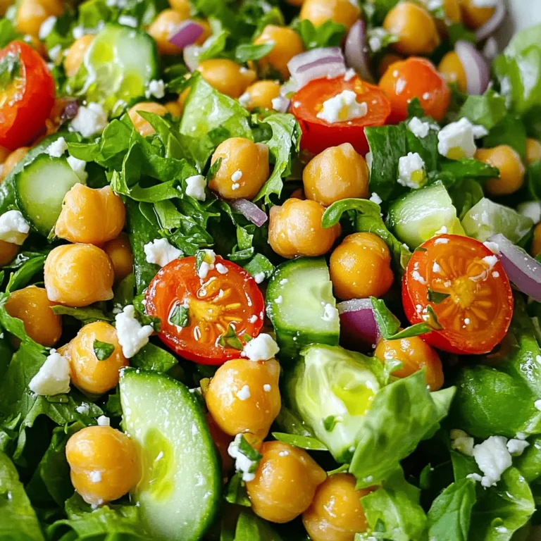 To make a great crispy chickpea salad, you need these main ingredients: - 1 can (15 oz) chickpeas, drained and rinsed - 2 tablespoons olive oil - 1 teaspoon smoked paprika - 1/2 teaspoon garlic powder - Salt and pepper to taste - 4 cups mixed greens (like spinach, arugula, and romaine) - 1 cup cherry tomatoes, halved - 1 cucumber, diced - 1/4 red onion, thinly sliced - 1/4 cup feta cheese, crumbled (optional) - 2 tablespoons lemon juice - Fresh herbs (such as parsley or cilantro) for garnish These ingredients create a delightful mix of flavors and textures. The chickpeas give protein and crunch, while the greens add freshness. You can add more to your salad for extra flavor and fun. Consider these options: - Avocado for creaminess - Bell peppers for sweetness - Olives for a briny kick - Nuts or seeds for added crunch These ingredients can take your salad to the next level, making it even more enjoyable. If you have specific dietary needs, you can easily adjust the recipe. Here are some substitutions: - Use tahini instead of feta for a vegan option. - Swap olive oil with avocado oil for a different taste. - Choose gluten-free grains like quinoa instead of chickpeas if you prefer. These options help you create a dish that fits your needs while keeping it delicious. For the full recipe, check the details above! To make this crispy chickpea salad, start by gathering your ingredients. You need chickpeas, olive oil, spices, and fresh veggies. This salad mixes warm, crispy chickpeas with cool greens and veggies. Follow these steps to create a dish that pops with flavor. First, preheat your oven to 400°F (200°C). This step is key for crispy chickpeas. Drain and rinse your canned chickpeas. Pat them dry with a towel; this helps them crisp up. In a bowl, toss the chickpeas with olive oil, smoked paprika, garlic powder, salt, and pepper. Make sure they are well coated. Next, spread the chickpeas on a baking sheet lined with parchment paper. Keep them in a single layer. Roast them for 20-25 minutes. Don’t forget to shake the pan halfway through. This ensures even cooking. When they turn golden brown, they are ready. While the chickpeas roast, prepare your salad. In a large bowl, add mixed greens, cherry tomatoes, cucumber, and red onion. This mix brings crunch and freshness. Once the chickpeas are crispy, add them to the salad. Toss everything gently to combine. Drizzle lemon juice over the salad for a bright finish. If you like, sprinkle some crumbled feta cheese on top. Garnish with fresh herbs like parsley or cilantro for extra flavor. Serve your salad right away to enjoy the warm, crispy chickpeas. For the full recipe, refer to the recipe section above. To make your chickpeas extra crispy, start by drying them well. After rinsing, use a clean kitchen towel to pat them dry. This step helps remove moisture. Next, spread them in a single layer on your baking sheet. Space is key for even roasting. Toss them with olive oil and spices for flavor. The heat of the oven makes them crunchy. Shake the pan halfway through cooking to ensure all sides crisp up. For an even better texture, you can try using an air fryer if you have one. This salad is versatile! You can serve it as a main dish or a side. For a heartier meal, add grilled chicken or shrimp. You could also include avocado slices for extra creaminess. For a fun twist, try adding roasted sweet potatoes or quinoa. These add both flavor and nutrition. Always serve the salad immediately after mixing. This keeps the chickpeas crunchy and the greens fresh. You can also prepare the salad base ahead and add chickpeas just before serving. Dressings can bring your salad to life! A simple lemon vinaigrette works well. Just mix lemon juice, olive oil, salt, and pepper. For a creamier option, try a tahini dressing. Blend tahini with lemon juice, garlic, and water for a smooth texture. If you like a bit of heat, add a dash of hot sauce or red pepper flakes. You can even use store-bought dressings, but homemade is always best. Drizzle the dressing over the salad right before serving. This keeps everything fresh and vibrant. For the full recipe, check out the details above. {{image_2}} You can make your crispy chickpea salad even heartier by adding protein. Some great options include: - Grilled chicken strips - Shrimp, cooked and chilled - Hard-boiled eggs, sliced - Tofu, cubed and sautéed These add-ins boost the salad's nutrition. They also make it more filling. Just toss them in with the greens and chickpeas. You can change the flavor of your salad with different spices. Here are a few ideas: - Cumin for a warm, earthy taste - Chili powder for some heat - Italian seasoning for a herby touch - Curry powder for a unique twist Mix and match spices to find your favorite. Just remember to adjust the amount based on your taste. Using seasonal veggies makes your salad fresh and tasty. Try adding: - Bell peppers in summer - Roasted squash in fall - Brussels sprouts in winter - Asparagus in spring These veggies add color and crunch. They also keep your salad exciting all year round. For the full recipe, check out the details above. To store leftover crispy chickpea salad, place it in an airtight container. Make sure to cool it down first. Store it in the fridge for up to three days. The salad will stay fresh this way, but the chickpeas may lose some crunch. To keep your chickpeas crispy, store them separately from the salad. Use a small container for the crispy chickpeas. When you’re ready to eat, add them to the salad right before serving. This way, they keep their crunch and add texture. Reheat leftover chickpeas in the oven to regain their crispiness. Preheat your oven to 400°F (200°C). Spread the chickpeas on a baking sheet. Heat for about 5 to 10 minutes until they feel warm and crispy again. Avoid using the microwave, as it can make them soggy. For the salad, you can enjoy it cold or at room temperature. For a fresh taste, consider adding a little more lemon juice or fresh herbs before serving. You can find the full recipe [Full Recipe]. You can make crispy chickpeas on the stovetop. Heat a pan over medium heat. Add olive oil and the rinsed chickpeas. Stir them often for about 10-15 minutes. They will become golden and crispy. You can also use an air fryer. Set it to 400°F and cook for 12-15 minutes. Shake the basket halfway for even crisping. Yes, you can prep parts of the salad ahead. You can wash and chop the veggies. Store them in the fridge in airtight containers. You can also roast the chickpeas in advance. Just keep them in a separate container. This way, they stay crispy. Mix everything together right before serving for the best taste. Chickpeas are very healthy. They are high in protein and fiber. This helps keep you full longer. They also aid digestion and can help with weight management. Chickpeas are packed with vitamins and minerals too, like iron and folate. Eating chickpeas can support heart health and help lower cholesterol levels. This blog post covered how to make a delicious crispy chickpea salad. We explored key ingredients, tasty options, and easy steps. You learned tips for getting extra crispiness, best dressings, and recipe variations. With the right preparation and ingredients, you can enjoy a fresh, healthy salad. Whether you want to add more protein or keep it simple, it's all about your taste. Enjoy your cooking and make this dish yours!