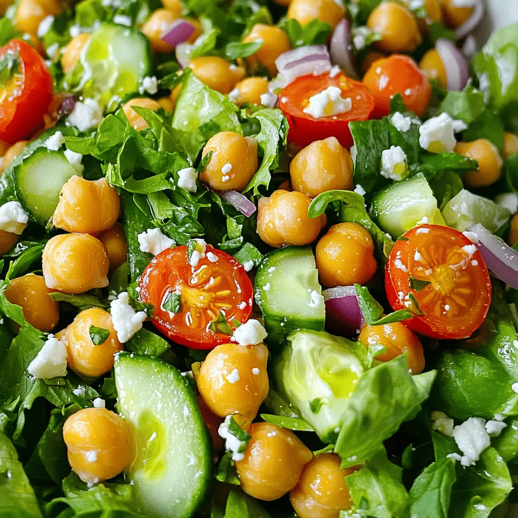 To make a great crispy chickpea salad, you need these main ingredients: - 1 can (15 oz) chickpeas, drained and rinsed - 2 tablespoons olive oil - 1 teaspoon smoked paprika - 1/2 teaspoon garlic powder - Salt and pepper to taste - 4 cups mixed greens (like spinach, arugula, and romaine) - 1 cup cherry tomatoes, halved - 1 cucumber, diced - 1/4 red onion, thinly sliced - 1/4 cup feta cheese, crumbled (optional) - 2 tablespoons lemon juice - Fresh herbs (such as parsley or cilantro) for garnish These ingredients create a delightful mix of flavors and textures. The chickpeas give protein and crunch, while the greens add freshness. You can add more to your salad for extra flavor and fun. Consider these options: - Avocado for creaminess - Bell peppers for sweetness - Olives for a briny kick - Nuts or seeds for added crunch These ingredients can take your salad to the next level, making it even more enjoyable. If you have specific dietary needs, you can easily adjust the recipe. Here are some substitutions: - Use tahini instead of feta for a vegan option. - Swap olive oil with avocado oil for a different taste. - Choose gluten-free grains like quinoa instead of chickpeas if you prefer. These options help you create a dish that fits your needs while keeping it delicious. For the full recipe, check the details above! To make this crispy chickpea salad, start by gathering your ingredients. You need chickpeas, olive oil, spices, and fresh veggies. This salad mixes warm, crispy chickpeas with cool greens and veggies. Follow these steps to create a dish that pops with flavor. First, preheat your oven to 400°F (200°C). This step is key for crispy chickpeas. Drain and rinse your canned chickpeas. Pat them dry with a towel; this helps them crisp up. In a bowl, toss the chickpeas with olive oil, smoked paprika, garlic powder, salt, and pepper. Make sure they are well coated. Next, spread the chickpeas on a baking sheet lined with parchment paper. Keep them in a single layer. Roast them for 20-25 minutes. Don’t forget to shake the pan halfway through. This ensures even cooking. When they turn golden brown, they are ready. While the chickpeas roast, prepare your salad. In a large bowl, add mixed greens, cherry tomatoes, cucumber, and red onion. This mix brings crunch and freshness. Once the chickpeas are crispy, add them to the salad. Toss everything gently to combine. Drizzle lemon juice over the salad for a bright finish. If you like, sprinkle some crumbled feta cheese on top. Garnish with fresh herbs like parsley or cilantro for extra flavor. Serve your salad right away to enjoy the warm, crispy chickpeas. For the full recipe, refer to the recipe section above. To make your chickpeas extra crispy, start by drying them well. After rinsing, use a clean kitchen towel to pat them dry. This step helps remove moisture. Next, spread them in a single layer on your baking sheet. Space is key for even roasting. Toss them with olive oil and spices for flavor. The heat of the oven makes them crunchy. Shake the pan halfway through cooking to ensure all sides crisp up. For an even better texture, you can try using an air fryer if you have one. This salad is versatile! You can serve it as a main dish or a side. For a heartier meal, add grilled chicken or shrimp. You could also include avocado slices for extra creaminess. For a fun twist, try adding roasted sweet potatoes or quinoa. These add both flavor and nutrition. Always serve the salad immediately after mixing. This keeps the chickpeas crunchy and the greens fresh. You can also prepare the salad base ahead and add chickpeas just before serving. Dressings can bring your salad to life! A simple lemon vinaigrette works well. Just mix lemon juice, olive oil, salt, and pepper. For a creamier option, try a tahini dressing. Blend tahini with lemon juice, garlic, and water for a smooth texture. If you like a bit of heat, add a dash of hot sauce or red pepper flakes. You can even use store-bought dressings, but homemade is always best. Drizzle the dressing over the salad right before serving. This keeps everything fresh and vibrant. For the full recipe, check out the details above. {{image_2}} You can make your crispy chickpea salad even heartier by adding protein. Some great options include: - Grilled chicken strips - Shrimp, cooked and chilled - Hard-boiled eggs, sliced - Tofu, cubed and sautéed These add-ins boost the salad's nutrition. They also make it more filling. Just toss them in with the greens and chickpeas. You can change the flavor of your salad with different spices. Here are a few ideas: - Cumin for a warm, earthy taste - Chili powder for some heat - Italian seasoning for a herby touch - Curry powder for a unique twist Mix and match spices to find your favorite. Just remember to adjust the amount based on your taste. Using seasonal veggies makes your salad fresh and tasty. Try adding: - Bell peppers in summer - Roasted squash in fall - Brussels sprouts in winter - Asparagus in spring These veggies add color and crunch. They also keep your salad exciting all year round. For the full recipe, check out the details above. To store leftover crispy chickpea salad, place it in an airtight container. Make sure to cool it down first. Store it in the fridge for up to three days. The salad will stay fresh this way, but the chickpeas may lose some crunch. To keep your chickpeas crispy, store them separately from the salad. Use a small container for the crispy chickpeas. When you’re ready to eat, add them to the salad right before serving. This way, they keep their crunch and add texture. Reheat leftover chickpeas in the oven to regain their crispiness. Preheat your oven to 400°F (200°C). Spread the chickpeas on a baking sheet. Heat for about 5 to 10 minutes until they feel warm and crispy again. Avoid using the microwave, as it can make them soggy. For the salad, you can enjoy it cold or at room temperature. For a fresh taste, consider adding a little more lemon juice or fresh herbs before serving. You can find the full recipe [Full Recipe]. You can make crispy chickpeas on the stovetop. Heat a pan over medium heat. Add olive oil and the rinsed chickpeas. Stir them often for about 10-15 minutes. They will become golden and crispy. You can also use an air fryer. Set it to 400°F and cook for 12-15 minutes. Shake the basket halfway for even crisping. Yes, you can prep parts of the salad ahead. You can wash and chop the veggies. Store them in the fridge in airtight containers. You can also roast the chickpeas in advance. Just keep them in a separate container. This way, they stay crispy. Mix everything together right before serving for the best taste. Chickpeas are very healthy. They are high in protein and fiber. This helps keep you full longer. They also aid digestion and can help with weight management. Chickpeas are packed with vitamins and minerals too, like iron and folate. Eating chickpeas can support heart health and help lower cholesterol levels. This blog post covered how to make a delicious crispy chickpea salad. We explored key ingredients, tasty options, and easy steps. You learned tips for getting extra crispiness, best dressings, and recipe variations. With the right preparation and ingredients, you can enjoy a fresh, healthy salad. Whether you want to add more protein or keep it simple, it's all about your taste. Enjoy your cooking and make this dish yours!