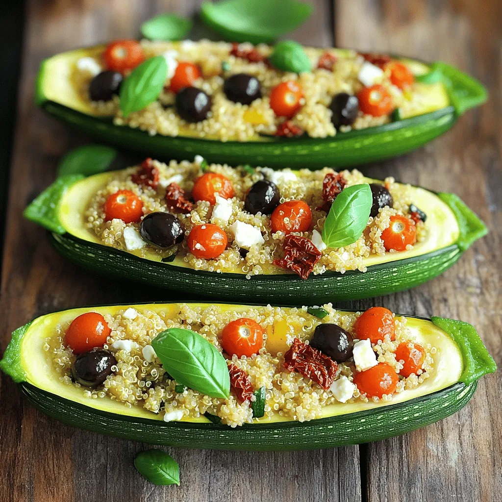 To make your stuffed zucchini boats, gather these ingredients: - 4 medium zucchinis - 1 cup cooked quinoa - 1 cup cherry tomatoes, halved - 1/2 cup black olives, chopped - 1/2 cup feta cheese, crumbled - 1/4 cup sun-dried tomatoes, chopped - 2 cloves garlic, minced - 1 teaspoon dried oregano - 2 tablespoons olive oil - Salt and pepper to taste - Fresh basil for garnish These ingredients create a fresh and tasty dish. Zucchini acts as a great base and holds the filling well. Using fresh ingredients makes a big difference. Look for firm zucchinis and ripe tomatoes. Quality feta cheese adds creaminess. Fresh herbs, like basil, boost flavor. Always choose the best you can find for a great taste. If you have dietary restrictions, there are easy swaps. You can use brown rice or farro instead of quinoa. For a vegan option, skip the feta or use a plant-based cheese. You can also replace olives with capers if you want a different taste. Adapt the recipe to suit your needs! To start, you need to preheat your oven to 375°F (190°C). Take your zucchinis and cut them in half lengthwise. Use a spoon to scoop out the seeds. This creates little boats that will hold your tasty filling. Make sure to leave enough flesh for flavor and support. In a large mixing bowl, combine the cooked quinoa, halved cherry tomatoes, chopped black olives, crumbled feta cheese, chopped sun-dried tomatoes, minced garlic, dried oregano, olive oil, salt, and pepper. Mix everything well until it’s evenly combined. This stuffing is where the magic happens! Each ingredient adds its own unique flavor to the dish. Once your zucchini boats are prepared and stuffed, place them in a baking dish. If you want, drizzle a bit more olive oil over the tops for extra richness. Cover the dish with aluminum foil. Bake the zucchini boats for 20 minutes, then remove the foil. Bake for an additional 10 minutes until the zucchinis are tender and the tops have a nice golden color. When done, let them cool for a few minutes. Garnish with fresh basil. Enjoy your delicious stuffed zucchini boats! For more details, check out the Full Recipe. To make your stuffed zucchini boats extra tasty, use fresh herbs. Fresh basil and parsley add bright flavors. Lemon zest gives a nice, fresh kick. For a spicy twist, add red pepper flakes to the filling. You can also mix in a splash of balsamic vinegar for depth. Always choose firm zucchinis for the best texture. Slice them in half lengthwise, then scoop out the seeds. This creates space for stuffing. Don’t overcook the zucchini. You want them tender but not mushy. Keep an eye on the baking time. Remove the foil after 20 minutes to let the tops brown nicely. A sprinkle of feta before serving adds a creamy touch. These zucchini boats shine as a main dish or side. Serve them with a simple green salad to balance the meal. For a heartier option, pair them with grilled chicken or fish. You can also drizzle a bit of tahini sauce on top for creaminess. For a fun twist, serve them with crusty bread to soak up any leftover sauce. For the full recipe, check out the earlier section. {{image_2}} You can make stuffed zucchini boats with many fresh veggies. Try using bell peppers, mushrooms, or spinach. These add great taste and texture. For a classic twist, add corn and black beans. This mix gives a colorful look and loads of nutrition. You can also top with shredded cheese for a gooey finish. To make your stuffed zucchini vegan, skip the cheese. Use a mix of nuts or seeds instead. Cashews or sunflower seeds work well. They add a creamy texture without dairy. You can also add nutritional yeast for a cheesy flavor. It’s packed with vitamins and makes the dish more hearty. If you want more protein, add ground meat or turkey. They blend well with the other flavors. You can also use lentils for a plant-based option. They are full of protein and keep the dish filling. Another great choice is chickpeas. They add a nice crunch and are very healthy. Check out the Full Recipe for more ideas! To keep your stuffed zucchini boats fresh, store them in an airtight container. Place a paper towel inside to absorb extra moisture. This helps prevent sogginess. Store them in the fridge for up to three days. If you plan to eat them later, don’t add fresh herbs until serving. When you’re ready to enjoy your leftovers, take them out of the fridge. Preheat your oven to 350°F (175°C). Place the zucchini boats in a baking dish. Cover them with foil to keep them moist. Bake for about 15-20 minutes or until heated through. You can also use a microwave, but be careful not to overcook. Heat them for one to two minutes at a time. Freezing stuffed zucchini boats is a great option for meal prep. First, let them cool completely. Wrap each boat in plastic wrap and then in foil. This keeps them safe from freezer burn. Store them in the freezer for up to three months. When you're ready to eat, thaw in the fridge overnight. Reheat them in the oven as mentioned above. For more details on making these delicious stuffed zucchini boats, check out the Full Recipe. You can prep the zucchini boats a day in advance. First, scoop out the seeds and mix the filling. Stuff the zucchini boats, but don’t bake them yet. Store them in the fridge, covered. When ready to eat, bake them as per the recipe. This saves time and makes dinner easy. Yes, you can swap quinoa for other grains. Try rice, farro, or bulgur. Each grain brings a unique taste and texture. If you use rice, make sure it is cooked. This way, it blends well with the other flavors. Experiment with what you like best! Get creative with your fillings! You can use beans, lentils, or ground meat. Veggies like bell peppers, corn, or spinach work great too. Cheese lovers can add more cheese or different types. Mix and match to find your favorite combo. Stuffed zucchini boats can be a fun dish with endless options! We explored how to make delicious stuffed zucchini boats. You learned the key ingredients, cooking steps, and helpful tips for great flavor. I also shared storage solutions and answers to common questions. Now, you can enjoy this dish with various dietary needs in mind. Whether you choose a vegetarian or vegan option, stuffed zucchini boats can fit any meal plan. With these easy tricks and ideas, you can make a tasty dish your family will love.