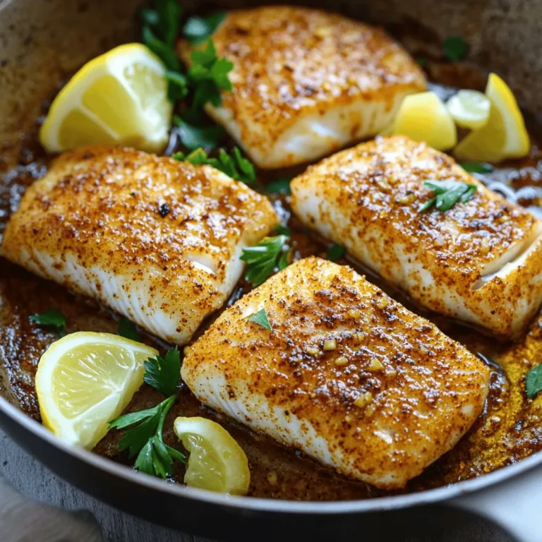 To make Skillet Cajun Spiced Flounder, gather these key items: - 4 flounder fillets - 2 tablespoons Cajun seasoning - 3 tablespoons olive oil - 1 lemon (zested and juiced) - 2 cloves garlic, minced - 1/4 teaspoon smoked paprika - Salt and pepper to taste - Fresh parsley, chopped (for garnish) When choosing flounder, look for fillets that are fresh and firm. The flesh should be translucent and odor-free. For Cajun seasoning, a good quality blend will bring out the best flavor. If you struggle to find Cajun seasoning, you can mix paprika, garlic powder, onion powder, and cayenne pepper. For olive oil, choose extra virgin for a rich taste. If you're out of olive oil, you can use canola or vegetable oil as a substitute. The lemon adds brightness, but lime works well too if you need a quick swap. This list will guide you in creating a simple yet delicious dish. For a full recipe and detailed instructions, check the [Full Recipe]. Start by drying the flounder fillets with paper towels. This step is key to a good sear. It helps the fish cook evenly and prevents it from sticking to the pan. Next, mix your Cajun seasoning, smoked paprika, salt, and pepper in a small bowl. Use your hands to rub this spice mix on both sides of the flounder fillets. This gives the fish a bold flavor. Now, heat your skillet over medium-high heat. Pour in the olive oil and let it heat until it shimmers. This helps create a nice crust on the fish. Once your oil is hot, add the minced garlic to the skillet. Sauté the garlic for about 30 seconds. This will fill your kitchen with a wonderful aroma. Be careful not to burn the garlic; it should just become fragrant. Then, gently place the seasoned flounder fillets in the skillet. Cook them for about 3-4 minutes on each side. The fish is done when it flakes easily with a fork. Cooking time might change based on the thickness of the fillets. While the flounder cooks, squeeze fresh lemon juice over the fillets. This adds brightness to the dish. Don’t forget to sprinkle lemon zest on top for extra flavor. Once the fish is done, take it out of the skillet and let it rest for a minute. Finally, garnish your flounder with freshly chopped parsley. This adds a nice pop of color and freshness. For the full recipe, check out the details provided earlier. Enjoy your delicious meal! Flounder cooks quickly, so keep an eye on it. Here are some best practices: - Dry the fillets: Patting the flounder fillets dry helps them sear well. This step stops sticking and gives a nice crust. - Use the right heat: Medium-high heat is best for searing. If it's too low, the fish will steam, not sear. For perfect searing, aim for a skillet that is hot but not smoking. A shimmering surface shows that the oil is ready. To make your meal even better, consider these side dishes: - Steamed rice: A simple side that soaks up flavors. - Roasted vegetables: Colorful veggies add nutrients and taste. - Salad: A fresh salad gives a nice crunch. Pair your flounder with sauces or dips for extra flavor: - Lemon butter sauce: A classic choice that brightens up the fish. - Tartar sauce: A creamy option that complements the spices. - Garlic aioli: Adds a rich taste that works well with the Cajun spices. For more details, check the Full Recipe section. Enjoy your cooking! {{image_2}} You can change the flavor of your Skillet Cajun Spiced Flounder. Try different spice blends. For example, use blackening seasoning for a smoky taste. You can also add some herbs, like thyme or oregano, for a fresh kick. If you like it hot, add cayenne pepper or crushed red pepper flakes. Start with a small amount, and taste as you go. This way, you can find the right heat for you. Baking or grilling flounder is a great option, too. If you bake it, preheat your oven to 400°F. Place the seasoned flounder on a baking sheet and bake for 15-20 minutes. The fish will be firm and juicy. For grilling, heat your grill to medium-high. Grill each side for about 4-5 minutes. This gives a lovely char and smoky flavor. You can also make this a one-pan meal. Add veggies like bell peppers, zucchini, or asparagus to the skillet. Cook them first, then add the flounder. This way, you get a tasty meal with less cleanup. You can find the full recipe to try these ideas. To store leftover flounder, let it cool first. Place the fillets in an airtight container. You can also wrap them tightly in plastic wrap or foil. This keeps them fresh in the fridge. Store them for up to three days. Recommended container types include glass or BPA-free plastic. These containers seal well and keep the fish from drying out. To freeze cooked flounder, first cool the fillets completely. Wrap each fillet tightly in plastic wrap. Then place them in a freezer bag or container. Remove as much air as possible to prevent freezer burn. You can freeze them for up to three months. For thawing, move the flounder to the fridge for a few hours or overnight. This ensures it thaws evenly. To reheat, place the fillets in a skillet over low heat. Heat gently for about 5-7 minutes, or until warmed through. Avoid high heat to keep the fish tender. For more details, you can check the Full Recipe. What can I substitute for Cajun seasoning? You can use paprika, chili powder, and garlic powder. Mix them in equal parts. This blend gives a similar flavor. You can also try Italian seasoning if you want a milder taste. How do I know when the flounder is done? Flounder is done when it flakes easily with a fork. The internal temperature should reach 145°F. If it's opaque and firm, it's ready to eat. Can I use a different type of fish for this recipe? Yes, you can! Try tilapia, cod, or sole. These fish have a similar texture and flavor. Adjust the cooking time as needed. How to make the flounder crispy? To get crispy flounder, make sure to dry the fillets well. Use a hot skillet with enough oil. Avoid overcrowding the pan to keep the heat steady. Can I prepare this recipe in advance? Yes, you can prep the flounder and season it ahead of time. Store it in the fridge for up to 2 hours. Cook it just before serving for the best taste. What's the best way to reheat this dish? Reheat in a skillet over low heat. Add a splash of olive oil to keep it moist. Heat until warmed through, about 3-5 minutes. Avoid the microwave to keep it crispy. You learned how to make Skillet Cajun Spiced Flounder. We covered all the key ingredients, tips, and cooking steps. You now know how to season and cook it just right. Don't forget to store leftovers properly or try freezing for later. Be creative with flavors and methods to suit your taste. Enjoy this dish as you explore new variations and pairings. Happy cooking!