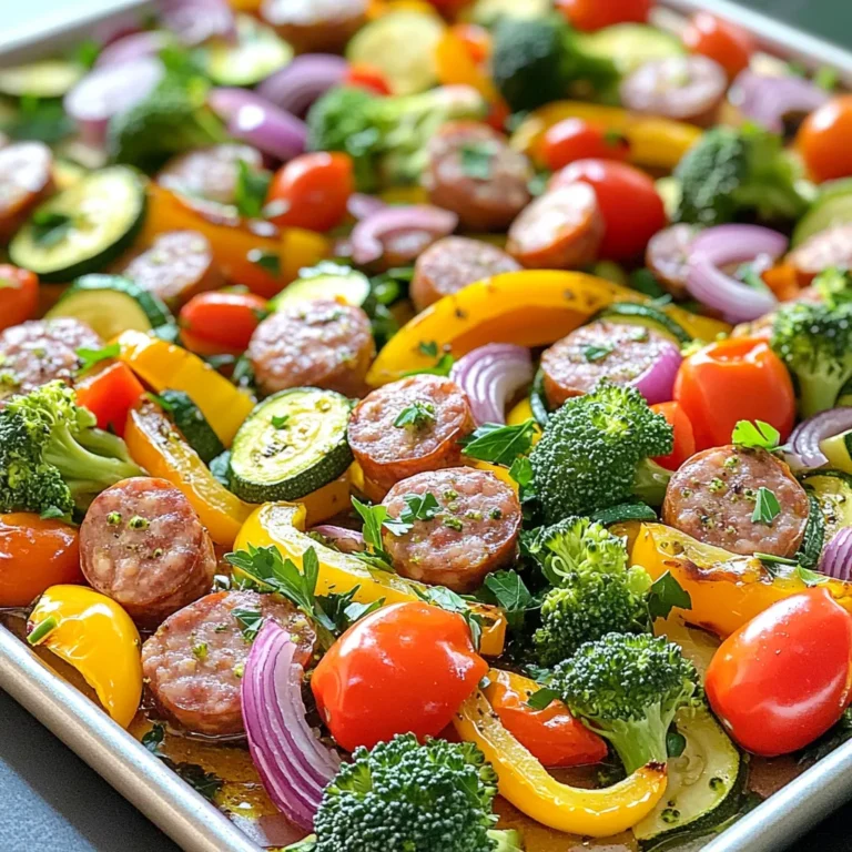 To make this tasty dish, gather the following ingredients: - 1 pound Italian chicken sausage, sliced - 1 bell pepper (any color), sliced - 1 zucchini, sliced - 1 red onion, cut into wedges - 1 cup cherry tomatoes, halved - 2 cups broccoli florets - 3 tablespoons olive oil - 2 teaspoons dried oregano - 1 teaspoon garlic powder - Salt and pepper to taste - Fresh parsley for garnish (optional) When measuring your ingredients, keep these tips in mind: - Use a kitchen scale for precise sausage weight. - Chop vegetables into similar sizes for even cooking. - Measure olive oil with a tablespoon for accuracy. - Use teaspoons for the dried herbs and spices. You can swap some ingredients if needed: - Use turkey sausage for a lighter option. - Try different veggies like carrots or green beans for variety. - Substitute fresh herbs for dried ones for a burst of flavor. - Use avocado oil instead of olive oil for a different taste. For the full recipe, check out the detailed cooking steps above. First, gather all your ingredients. You need: - 1 pound Italian chicken sausage, sliced - 1 bell pepper (any color), sliced - 1 zucchini, sliced - 1 red onion, cut into wedges - 1 cup cherry tomatoes, halved - 2 cups broccoli florets - 3 tablespoons olive oil - 2 teaspoons dried oregano - 1 teaspoon garlic powder - Salt and pepper to taste - Fresh parsley for garnish (optional) Next, preheat your oven to 425°F (220°C). This step is key for even cooking. While the oven heats, slice your sausage and veggies. Make sure to cut them into similar sizes. This helps them cook at the same rate. Now, take a large sheet pan. Spread the sliced sausage evenly across it. Add your sliced bell pepper, zucchini, onion, cherry tomatoes, and broccoli florets on top. Drizzle the olive oil over everything. Then, sprinkle the oregano, garlic powder, salt, and pepper. Toss everything together well. Ensure that each piece gets coated. This makes for great flavor. Spread the mixture in a single layer on the pan. This helps everything cook evenly. Bake in the oven for 25 to 30 minutes. Stir halfway through cooking. This ensures even browning. Your dish will be done when the sausage is cooked and veggies are tender. Once cooked, remove the pan from the oven. Let it cool for a few minutes. Garnish with fresh parsley if you like. This adds a nice touch to the dish. For even cooking, keep these tips in mind: - Cut all ingredients to similar sizes. - Use a large sheet pan to avoid overcrowding. - Stir halfway through baking for even browning. Follow these steps and tips, and you’ll create a delicious meal that everyone will love. For the complete recipe, check out the [Full Recipe]. To make this dish pop, you can try some simple tricks. Use fresh herbs like basil or thyme. They add a bright taste. You can also add a splash of lemon juice before serving. This freshens the dish and lifts the flavors. Don’t shy away from spices. Try adding paprika or red pepper flakes for heat. These will give your meal a fun twist. Cooking time can vary based on your oven and the size of the veggies. If you cut your veggies smaller, they cook faster. Check for doneness around 20 minutes. The sausage should be well-cooked, and the veggies tender. You can always add a few more minutes if needed. Just keep an eye on them to avoid burning. This dish goes great with many sides. You can serve it with rice or quinoa for a filling meal. A simple green salad is also a nice touch. The coolness of the salad balances the warm dish. For a heartier option, serve it with crusty bread. It’s perfect for soaking up the tasty juices. If you want to keep it light, pair it with steamed veggies. This keeps the meal fresh and healthy. {{image_2}} You can change up the sausage to fit your taste. Try using turkey sausage for a lighter dish. Or, use chorizo for a bold flavor. If you prefer plant-based options, try vegan sausage. Each choice adds a unique taste. The cooking time stays roughly the same. Feel free to swap out the veggies. Carrots add sweetness and color. Sweet potatoes give a hearty touch. You can also use asparagus or green beans for a crunchy bite. Just cut them to similar sizes for even cooking. Keep it colorful for a more inviting dish. Want some heat? Add red pepper flakes or jalapeños. They pack a punch without overwhelming the dish. For a milder flavor, skip the spicy additions. You can also use sweet Italian sausage for a gentle taste. Adjust the seasonings to suit your spice level. Store your leftover sheet pan sausage and veggies in an airtight container. Place it in the fridge. It should stay fresh for up to three days. Before you eat it, check for any off smells or changes in texture. Always make sure to use your best judgment. If you want to save some for later, freezing is a great option. Let the dish cool down completely. Then, divide it into single-serving portions. Use freezer-safe bags or containers to avoid freezer burn. It can last for up to three months in the freezer. When you're ready to eat it, just thaw in the fridge overnight. To reheat, use the oven or microwave. For the oven, preheat to 350°F (175°C). Spread the sausage and veggies on a baking sheet. Heat for about 15 minutes or until warm. If using a microwave, place a portion in a bowl and cover it. Heat for 1-2 minutes, stirring halfway. Enjoy your meal again with ease! You can make this dish healthier by using lean sausage. Turkey or chicken sausage works well. You can also add more vegetables. Try adding spinach, carrots, or cauliflower. Using less oil can cut calories. Instead of three tablespoons, use just one or two. Season with herbs and spices for flavor without the extra fat. Yes, you can use frozen vegetables! They save time and are easy to find. Just be sure to thaw them first. Drain any extra water to avoid sogginess. Frozen veggies usually cook faster. Check them a bit early to prevent overcooking. They can be just as tasty as fresh ones. You can customize this recipe in many ways. Start with the sausage type. Use spicy, sweet, or even plant-based sausage. Next, change the veggies based on what you like. Try asparagus, green beans, or mushrooms. Don’t forget to adjust the seasonings too. Add paprika for a smoky flavor or chili flakes for heat. Making it your own is part of the fun! You can find the full recipe [here](#). This blog post covers all aspects of your dish, from the complete ingredient list to storage tips. I shared step-by-step instructions and helpful tips for success. You can explore variations based on your tastes and learn how to adjust flavors. Remember, cooking is fun. Don’t hesitate to make it your own. Use the info here to whip up something delicious, and enjoy every bite. Your kitchen adventures await!