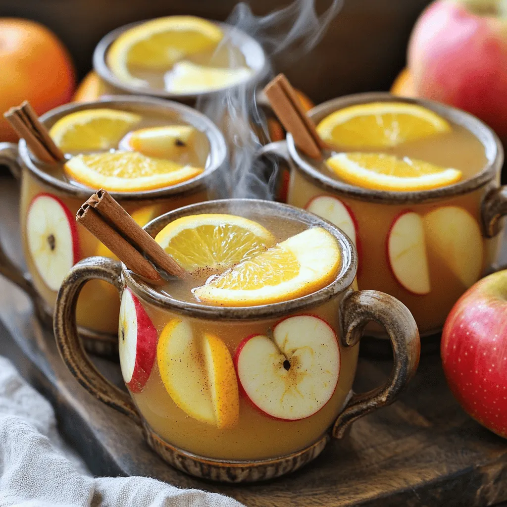 To make spiced apple cider, you need a few key ingredients. Each one adds to the flavor and warmth of this cozy drink. - Fruits: - 6 medium-sized apples (I love using Granny Smith or Honeycrisp for their tartness) - 1 orange, sliced (adds a nice citrus note) - 1 lemon, sliced (for a touch of brightness) - Spices and Flavorings: - 1 tablespoon ground cinnamon (the star of the show) - 1 teaspoon ground nutmeg (adds warmth and depth) - 1/2 teaspoon ground allspice (for a hint of clove-like flavor) - 1 teaspoon whole cloves (these pack a punch of spice) - 1 teaspoon vanilla extract (for sweetness and aroma) - Sweeteners: - 1/2 cup brown sugar (adjust this to your taste; it enhances the drink’s rich flavor) These ingredients combine beautifully in the Instant Pot. They create a drink that warms you from the inside out. With the right balance of sweet and spicy, this cider is perfect for any occasion. Check out the Full Recipe for more details on preparation. To make the best spiced apple cider, you need to prepare your fruits. Start with the apples. Use six medium-sized apples, like Granny Smith or Honeycrisp. Core them, then cut them into quarters. Next, grab an orange. Slice it into rounds. The zest and juice will add great flavor. Do the same with a lemon. Slice it into rounds as well. Here are some tips for slicing and coring: - Use a sharp knife for clean cuts. - A melon baller works well for coring apples. - For even slices, keep your hand steady while cutting. Now, it's time to set up the Instant Pot. Place the cored and quartered apples, orange slices, and lemon slices into the pot. Pour in five cups of water to cover the fruit. Then, add the spices and sweetener. This includes: - 1/2 cup brown sugar - 1 tablespoon ground cinnamon - 1 teaspoon ground nutmeg - 1/2 teaspoon ground allspice - 1 teaspoon whole cloves - 1 teaspoon vanilla extract Secure the lid. Set the Instant Pot to high pressure for 15 minutes. After cooking, let the pot release pressure naturally for about 10 to 15 minutes. Then, carefully release any remaining pressure. Open the lid to reveal your spiced apple mixture. Now, use a potato masher or an immersion blender to mash the mixture. If you prefer a smooth cider, strain it using a fine mesh sieve or cheesecloth. Taste your cider! Adjust flavors as needed. You can add extra cinnamon or more brown sugar for sweetness. Serve the cider hot in mugs, garnished with a cinnamon stick or a slice of apple. Enjoy your warm, spiced apple cider bliss! For the full recipe, check the details above. One common mistake is overcooking the cider. If you set the Instant Pot for too long, the apples can turn mushy and lose their flavor. Stick to 15 minutes, then let the pressure release naturally for 10-15 minutes. This ensures the cider keeps its great taste. Choosing the best types of apples is also key. I suggest using Granny Smith or Honeycrisp apples. They give a nice balance of tartness and sweetness. Avoid apples that are too soft, as they won't hold up well during cooking. To add depth to your cider, consider adding extra spices. A pinch of cardamom or some fresh ginger can elevate the flavor. Experiment with what you like! When serving, garnishes can make your cider look fancy. Add a cinnamon stick for stirring or a slice of apple on the rim of the mug. These small touches make your drink appealing and festive. For the full recipe, check out the Spiced Apple Cider Bliss details to impress your guests! {{image_2}} You can make spiced apple cider even better by adding other fruits. Pears and cranberries work great. Pears add sweetness, while cranberries give a nice tartness. Just chop them up and toss them into the Instant Pot with the apples, orange, and lemon. This mix creates a rich flavor and a colorful drink. You can also try different spices. Ginger adds a warm kick. Star anise brings a unique, sweet flavor. Try adding a teaspoon of either to your mix. Each new spice can change the taste and make your cider special. Want to make an adult version? Try adding whiskey or rum. Both spirits pair well with the sweet and spicy flavors of the cider. For whiskey, I suggest using a smooth bourbon. It will add depth without overpowering the cider. If you prefer rum, go for dark rum. It adds a rich, caramel note that complements the spices. Add about a shot (1.5 ounces) to each mug. This will warm you up on a chilly night. When serving, consider garnishing with a slice of orange or a cinnamon stick. These not only look great but also enhance the flavor. Enjoy your spiced apple cider with a twist! For the full recipe, check out the details above. To keep your spiced apple cider fresh, refrigerate it as soon as it cools. Pour the cider into a clean container. Here are some tips to help you store it well: - Use glass jars or plastic containers with tight lids. - Leave a little space at the top. This helps with any expansion. - Label the containers with the date. This way, you know when you made it. When you want to enjoy your cider again, reheating it is easy. Here’s how to do it without losing flavor: - Pour the cider into a pot and heat over medium-low. - Stir often to help it warm evenly. - Avoid boiling, as this can change the taste. You can also serve leftover cider in fun ways: - Add a splash of rum or whiskey for an adult drink. - Garnish with a fresh cinnamon stick or an apple slice. This adds a nice touch! Yes, you can use different sweeteners. If you want a lighter taste, try using honey or maple syrup. You can also use coconut sugar for a unique flavor. Each sweetener will change the taste a bit. Always adjust to your liking. You can store spiced apple cider in the fridge for about five days. Keep it in an airtight container. If you want to keep it longer, put it in the freezer. It lasts up to six months when frozen. Just remember to leave some space in the container. The cider will expand when frozen. Yes, you can freeze spiced apple cider. Make sure to cool it first. Pour it into freezer-safe containers but leave some space at the top. When you want to use it, let it thaw in the fridge overnight. Reheat it gently on the stove or in the microwave. This will help keep its flavors intact. Check the Full Recipe for more details. This blog post detailed how to make spiced apple cider using fresh fruits, warm spices, and sweeteners. We covered preparing the ingredients, cooking in an Instant Pot, and finalizing flavors. I shared tips to avoid common mistakes and enhance taste. You can also explore variations to create unique versions. Lastly, I explained how to store leftovers and answered some common FAQs. Enjoy your home-cooked spiced apple cider! It’s perfect for sharing and enjoying.