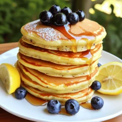 - 1 cup all-purpose flour - 1 tablespoon baking powder - 1/2 teaspoon baking soda - 1/4 teaspoon salt - 1 tablespoon sugar - 1 cup buttermilk (or milk with 1 tablespoon vinegar mixed in) - 1 large egg - 2 tablespoons melted butter - Zest of 1 lemon - 1 tablespoon lemon juice - 1 cup fresh blueberries When I make lemon blueberry pancakes, I focus on using quality ingredients. Fresh blueberries add a burst of flavor. The lemon zest brightens each bite. Buttermilk gives the pancakes a rich, fluffy texture. This mix of ingredients makes every pancake taste special. - Maple syrup for serving - Powdered sugar for garnish - Lemon zest for added flavor You can customize these pancakes easily. Drizzle warm maple syrup on top for sweetness. A sprinkle of powdered sugar adds a nice touch. If you love lemon, add more lemon zest for extra zing. These options let you make the dish your own. - Whisk together dry ingredients in a medium bowl. - Mix wet ingredients in another bowl until well combined. Start by gathering your ingredients. You need all-purpose flour, baking powder, baking soda, salt, and sugar for the dry mix. In another bowl, combine buttermilk, egg, melted butter, lemon zest, and lemon juice. Whisk these until smooth and blended. - Pour wet mixture into dry ingredients and gently stir. - Fold in fresh blueberries carefully. Next, pour the wet mix into the dry mix. Stir gently to combine. It's okay to have some lumps; this helps make the pancakes fluffy. Now, fold in the fresh blueberries. Be gentle to keep them whole. - Preheat skillet and grease it lightly. - Cook pancakes until bubbles form, then flip and cook until golden. - Repeat with the remaining batter, adjusting heat as needed. Heat a non-stick skillet over medium heat. Lightly grease it with butter or cooking spray. Pour about 1/4 cup of batter for each pancake. Cook until bubbles appear on top, usually 2-3 minutes. Flip the pancakes and cook until golden brown, about 1-2 minutes more. Repeat with the rest of your batter. Adjust the heat as needed to avoid burning. Enjoy the sweet smell as they cook! To get the fluffiest pancakes, avoid overmixing the batter. Mix just until the ingredients combine, leaving some lumps. This step keeps air in the batter, which helps the pancakes rise. Letting the batter rest for a few minutes is key too. This allows the flour to absorb the liquid, making the pancakes even softer. Serve your pancakes warm for the best taste. Drizzle them with maple syrup and add a dollop of whipped cream. For an eye-catching look, garnish with extra blueberries and slices of lemon. This adds color and makes your dish more appealing. If you prefer sweeter pancakes, feel free to add more sugar to the batter. You can also experiment with spices like cinnamon to enhance the flavor. This simple tweak offers a new taste and depth in every bite. Enjoy the process and make it your own! {{image_2}} You can switch blueberries for strawberries or raspberries. Each fruit brings a unique taste. Try mixing different fruits for a fun, colorful pancake. A mixed berry pancake can be a real treat! Want gluten-free pancakes? Use gluten-free flour instead of regular flour. This simple swap keeps the pancake light and fluffy. For those who are lactose intolerant, try a dairy-free milk. Almond or oat milk works great here. Add a splash of vanilla extract for a richer taste. This small change makes a big difference. If you enjoy some crunch, toss in nuts or seeds. They add texture and extra nutrition to your pancakes. For the full recipe, don’t forget to check the details we shared before! Store leftover pancakes in an airtight container in the fridge. This keeps them fresh. They taste best within 2-3 days. After that, they may dry out or lose flavor. To freeze pancakes, lay them in a single layer on a baking sheet. Once frozen, transfer them to a freezer bag. This method helps keep them flat. You can reheat them in a toaster or microwave when ready to eat. For the best texture, reheat pancakes on the stovetop. Use low heat to warm them through. If using a microwave, cover them with a damp paper towel. This helps keep them moist and fluffy. For the full recipe, check out the section above. Yes, but do not thaw to prevent extra moisture in the batter. Frozen blueberries can work well. They add a nice burst of flavor. Just toss them in the batter straight from the freezer. They are a balanced breakfast option but can be modified for healthier versions. You can use whole wheat flour or reduce sugar. Adding nuts can also boost nutrition and flavor. Ensure not to overmix and allow the batter to rest before cooking. A rested batter creates lighter pancakes. Let it sit for about 5 minutes after mixing. You can use regular milk with vinegar or lemon juice mixed in as a substitute. Just add one tablespoon of vinegar or lemon juice to one cup of milk. Let it sit for a few minutes to thicken. The recipe typically yields about 4 pancakes. You can easily double or triple the recipe for more servings. Just adjust the ingredients accordingly for a larger group. Lemon blueberry pancakes are easy to make and delicious. We covered the key ingredients, steps, and tips for perfecting your pancakes. Whether you prefer them fluffy or want to add a twist with other fruits, variations are endless. These pancakes are also simple to store and reheat. Enjoy them hot with maple syrup or customize them to fit your taste. Try this recipe for your next breakfast, and savor each bite!