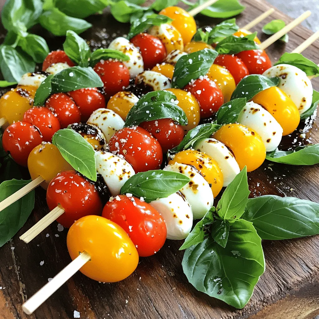 - Cherry tomatoes - Fresh mozzarella balls - Fresh basil leaves - Balsamic glaze - Olive oil - Salt and pepper - Skewers (6-inch or 8-inch) - Mixing bowl - Serving platter The main stars of Caprese Salad Skewers are cherry tomatoes, fresh mozzarella balls, and fresh basil leaves. These ingredients bring color and flavor to your dish. For the cherry tomatoes, choose ripe ones that are bright red. They should feel firm but not hard. Fresh mozzarella balls, also known as bocconcini, should be soft and creamy. Their mild taste pairs well with the tomatoes and basil. Fresh basil leaves add a lovely aroma and a burst of flavor. Look for bright green leaves that are not wilted. These three main ingredients create a classic Caprese that is fresh and tasty. In addition to these, you'll need balsamic glaze, olive oil, and salt and pepper. Balsamic glaze adds sweetness and tang. Olive oil gives richness and depth to the flavors. Salt and pepper are simple but important for seasoning. You also need some basic equipment. Skewers, either 6-inch or 8-inch, help you assemble the ingredients easily. A mixing bowl is useful for combining the olive oil and seasonings. Finally, a serving platter presents your skewers beautifully. This recipe is straightforward, and you can find the full recipe to guide you through each step. Enjoy making this fresh and flavorful treat! - Rinse and dry the cherry tomatoes. - Drain mozzarella balls. First, rinse the cherry tomatoes under cold water. This helps remove any dirt or pesticides. After rinsing, dry them gently with a clean towel. Next, take the mozzarella balls and drain them well. This step keeps the skewers from getting soggy. - Threading cherry tomatoes onto skewers. - Alternating with basil and mozzarella. Now, grab your skewers. Start by threading one cherry tomato onto the skewer. Next, add a fresh basil leaf right on top of the tomato. Follow this with a mozzarella ball. Repeat this process. You can fit 2-3 sets of tomato, basil, and mozzarella on each skewer, based on how long your skewer is. - Drizzling with olive oil and balsamic glaze. - Presentation on a platter. Once you finish assembling all the skewers, it’s time for the finishing touches. In a small bowl, mix olive oil with a pinch of salt and pepper. Drizzle this mixture over the skewers for added flavor. Finally, top each skewer with a drizzle of balsamic glaze. For a nice touch, arrange the skewers on a large platter. You can also sprinkle extra basil leaves around them for a fresh look. This will make your Caprese Salad Skewers not only tasty but also beautiful! For the full recipe, check out the details above. To make great Caprese salad skewers, choose fresh ingredients. Look for bright, plump cherry tomatoes. They should feel firm and have a rich color. For mozzarella, select bocconcini that are soft and moist. Fresh basil leaves should be vibrant green and fragrant. When assembling your skewers, use a simple pattern. Start with a cherry tomato, then add a basil leaf, followed by a mozzarella ball. Repeat this until the skewer is full. This way, you get a good mix of flavors in every bite. Make sure to leave some space at the ends of the skewers for easy handling. Caprese salad skewers work well with drinks. A light white wine like Pinot Grigio pairs nicely. You can also serve them with a refreshing cocktail, like a gin and tonic. For parties, present the skewers on a large platter. This makes them easy for guests to grab. Add a small bowl of balsamic glaze on the side for dipping. Guests will love this extra touch! Want to mix things up? You can add more flavors! Try adding olives or thin slices of prosciutto for a savory twist. If you prefer a vegetarian or vegan version, swap out the mozzarella for marinated tofu or avocado. This keeps the dish fresh and exciting while meeting different dietary needs. For the full recipe, check out the detailed instructions above! {{image_2}} Caprese salad skewers can take on many regional flavors. For a Mediterranean twist, try adding marinated olives or artichoke hearts. These add a briny punch that pairs well with the fresh ingredients. You can also use feta cheese instead of mozzarella. This gives a tangy twist that adds depth to each bite. For Italian-style adaptations, consider using heirloom tomatoes. Their rich flavor makes each skewer more vibrant. You can also drizzle the skewers with a touch of pesto for a burst of flavor. This adds a nice herbal note that enhances the dish. In summer, fresh garden produce shines. Use colorful cherry tomatoes for a bright look. You might even grill the skewers for a smoky flavor. This adds a new layer of taste that is perfect for outdoor gatherings. In autumn, swap the tomatoes for roasted pumpkin cubes. This brings warmth to the dish. Add sage leaves for a seasonal touch that pairs nicely with the other ingredients. This variation is perfect for fall parties. If you're looking for low-carb or keto-friendly options, skip the balsamic glaze. Instead, use extra virgin olive oil and fresh herbs. This keeps the skewers light and healthy without sacrificing flavor. For gluten-free considerations, all the ingredients in Caprese salad skewers are naturally gluten-free. Just be sure to check the labels on any store-bought products like balsamic glaze. This ensures they meet your dietary needs. These variations make Caprese salad skewers fun and adaptable for everyone. You can enjoy them any time of year or for any occasion. For the full recipe, check out the details provided earlier. To store leftover Caprese Salad Skewers, place them in an airtight container. This helps keep them fresh. Refrigerate the container right away. You should consume them within two days for the best taste. To maintain freshness, avoid adding balsamic glaze until you serve them. This keeps the flavors bright. You can freeze Caprese Salad Skewers, but I don’t recommend it. Freezing changes the texture of tomatoes and cheese. If you freeze them, wrap each skewer tightly in plastic wrap. Place the wrapped skewers into a freezer bag. For thawing, move them to the fridge overnight. Serve them cold or at room temperature for the best flavor. In the fridge, these skewers last about two days. Check for signs of spoilage. If the tomatoes look mushy or the cheese smells off, it's best to toss them. Fresh basil will also wilt, indicating they are no longer good. Enjoy them fresh for the best taste! To make Caprese Salad Skewers efficiently, gather all your ingredients first. Rinse the cherry tomatoes and pat them dry. Drain the mozzarella balls. Use skewers that are 6 or 8 inches long for easy handling. Start with a cherry tomato on the skewer. Add a fresh basil leaf on top, then follow with a mozzarella ball. Repeat this pattern. You can fit 2-3 sets of the tomato, basil, and mozzarella on each skewer. This method keeps the flavors balanced and the assembly quick. Yes, you can prepare these skewers ahead. Assemble them up to a day before your event. Store them in the fridge, covered with plastic wrap. This keeps them fresh and tasty. Drizzle the olive oil and balsamic glaze just before serving. This helps maintain their vibrant look and flavor. If you lack balsamic glaze, try these options: - Balsamic vinegar: Use it directly for a tangy taste. - Honey: Drizzle honey for a sweet twist. - Pesto: This adds a fresh herb flavor to the skewers. These alternatives change the taste but keep the dish delicious. The recipe yields about 12 skewers. This is based on using one pint of cherry tomatoes and 8 oz of mozzarella balls. Each skewer typically holds 2-3 sets of the tomato, basil, and mozzarella. Adjust the number of ingredients if you need more or fewer skewers. Caprese Salad Skewers offer several health benefits. They are high in vitamins and minerals from tomatoes and basil. Fresh mozzarella provides protein and calcium. The olive oil adds healthy fats. Just watch the balsamic glaze, as it adds sugar. Overall, these skewers are a tasty and nutritious option for snacks or meals. Now you have all the tools to make perfect Caprese Salad Skewers. We covered the key ingredients, step-by-step instructions, and tips for serving. You can customize the skewers to suit any palate or dietary need. Remember to store leftovers properly to keep them fresh. Making these skewers is easy and fun, and they make great appetizers or snacks. Enjoy creating your delicious skewers for friends and family. With this guide, you’ll impress everyone at your next gathering!