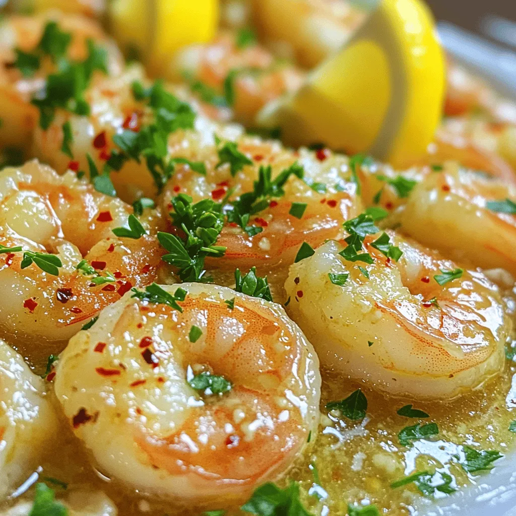 To make simple garlic butter shrimp, you need a few key ingredients: - 1 lb (450g) large shrimp, peeled and deveined - 4 tablespoons unsalted butter - 4 cloves garlic, minced - 1 teaspoon red pepper flakes (adjust to taste) - 2 tablespoons fresh parsley, chopped (plus more for garnish) - 1 tablespoon lemon juice - Salt and pepper to taste - Lemon wedges for serving These ingredients make the dish rich and full of flavor. The garlic and butter create a lovely sauce that clings to the shrimp. I recommend using large or jumbo shrimp for this dish. They cook quickly and stay juicy. You can use fresh or frozen shrimp, but make sure to thaw frozen shrimp before cooking. Wild-caught shrimp often have better taste and texture than farmed shrimp. If you have dietary needs, there are easy swaps. For a dairy-free version, use olive oil instead of butter. If you need a gluten-free option, this recipe is already gluten-free. Just ensure all your ingredients are gluten-free, like the red pepper flakes. If you want to skip shrimp, try using firm tofu or cooked chicken instead. You can find the Full Recipe for more detailed steps! Start by gathering all your ingredients. You will need large shrimp, unsalted butter, garlic, red pepper flakes, parsley, lemon juice, salt, and pepper. I recommend peeling and deveining the shrimp ahead of time. This saves you time when you cook. Measure out your butter and chop your parsley. Have everything ready before you start cooking. It makes the process smooth and quick. 1. Heat a large skillet over medium heat. Add the butter and let it melt until bubbling. 2. Once the butter is bubbling, add the minced garlic and red pepper flakes. Sauté for 1-2 minutes. Keep an eye on the garlic. You want it to be golden, not burnt. 3. Raise the heat to medium-high. Add the shrimp to the skillet. Season with salt and pepper. Cook for about 2-3 minutes. Flip the shrimp occasionally. They will turn pink and opaque when done. 4. Drizzle lemon juice over the shrimp. Add the chopped parsley and toss everything together. Make sure the shrimp are well coated in the garlic butter. 5. Remove the skillet from the heat. Let the shrimp sit for a minute. This helps the flavors blend. 6. Serve the shrimp right away. Add lemon wedges on the side and garnish with more parsley if you like. To make your dish look amazing, serve the shrimp on a nice plate. Arrange them neatly and scatter some parsley on top. Place lemon wedges beside the shrimp for a pop of color. You can also serve this dish with rice or crusty bread. Both pair well with the garlic butter sauce. For an extra touch, try using a fancy dish or bowl. Enjoy your beautiful meal! For more details, check out the Full Recipe. When choosing shrimp, look for a few key signs. Fresh shrimp should smell like the ocean, not fishy. The shells should be shiny and firm. If you see black spots, skip that shrimp. Opt for shrimp that are still in their shells. They often taste better this way. If buying peeled shrimp, check for a clean look. Always buy shrimp from a trusted source to ensure quality. One common mistake is overcooking the shrimp. They cook quickly, usually in just 2-3 minutes. Keep a close eye on them. If they turn rubbery, they are overdone. Another mistake is not seasoning enough. A little salt and pepper go a long way. Don't forget the lemon juice; it brightens the dish. Lastly, avoid burning the garlic. Cook it just until golden for the best flavor. Herbs and spices can take your garlic butter shrimp to new heights. Fresh parsley adds a nice touch. You can also try basil or cilantro for a different flavor. For some heat, add more red pepper flakes. A pinch of smoked paprika gives a lovely depth. Don’t shy away from experimenting with flavors. Just remember to keep the balance right. Enjoy finding the mix that suits your taste! For the complete recipe, check out the Full Recipe section. {{image_2}} You can easily add veggies to your garlic butter shrimp. This gives your dish more taste and nutrients. Try adding bell peppers, zucchini, or spinach. These cook fast, so add them when you cook the shrimp. Cut the veggies into small pieces. This will help them cook evenly. You can also toss in some cherry tomatoes for a burst of sweetness. This makes your meal colorful and fun! If you love heat, spice up your shrimp! Start with the same base recipe. Add more red pepper flakes for extra kick. You can also add diced jalapeños for a fresh heat. If you like it super spicy, try adding hot sauce while cooking. Just a dash can change everything. The heat pairs perfectly with the buttery garlic flavor. For a rich twist, make your garlic butter shrimp creamy. After you cook the shrimp, lower the heat. Add a splash of cream or a dollop of sour cream. Stir it in to blend with the garlic butter. This creates a velvety sauce that hugs each shrimp. Serve it over pasta or rice for a complete meal. You will love the new texture and taste! For the full recipe, check out the Garlic Butter Shrimp Delight. After enjoying your garlic butter shrimp, let it cool down. Place the shrimp in an airtight container. Keep it in the fridge for up to two days. Make sure to seal it well to keep the flavors fresh. If you plan to eat it later, don’t leave it out for too long. When you are ready to eat the leftovers, reheat them gently. You can use a skillet over low heat. Add a little butter or oil to prevent sticking. Stir often until the shrimp is warm. You can also microwave it for about one minute. Just be careful not to overheat it, as shrimp can become tough. If you want to save garlic butter shrimp for later, freezing works well. Place the cool shrimp in a freezer-safe bag. Squeeze out as much air as you can before sealing. You can freeze it for up to three months. When you’re ready to eat, thaw it in the fridge overnight. Then, reheat as mentioned above. Enjoy your delicious shrimp any time! Yes, you can use frozen shrimp. Just thaw them first. Place them in cold water for about 15 minutes. This keeps them firm and fresh. Pat them dry before cooking. This helps the shrimp sear nicely in the butter. Shrimp cook quickly. They turn pink and opaque when done. Check the shape too; they curl into a C shape. If they form an O shape, they are overcooked. Cooking time is usually 2-3 minutes. Garlic butter shrimp pairs well with many sides. Here are some tasty options: - Steamed rice - Pasta - Crusty bread - Salad - Roasted vegetables These sides complement the rich flavors of the shrimp. Try them out to create a complete meal. For the full recipe, check the section above. You learned about the best shrimp options and tasty substitutes for your cooking needs. I shared simple steps for preparation and cooking. We explored tips for selecting fresh shrimp and avoiding common mistakes. You saw how to enhance flavors and add variations, like spicy or creamy twists. Finally, I covered storage and reheating methods to keep your shrimp delicious. Keep these ideas in mind as you cook. Enjoy your flavorful shrimp dishes!