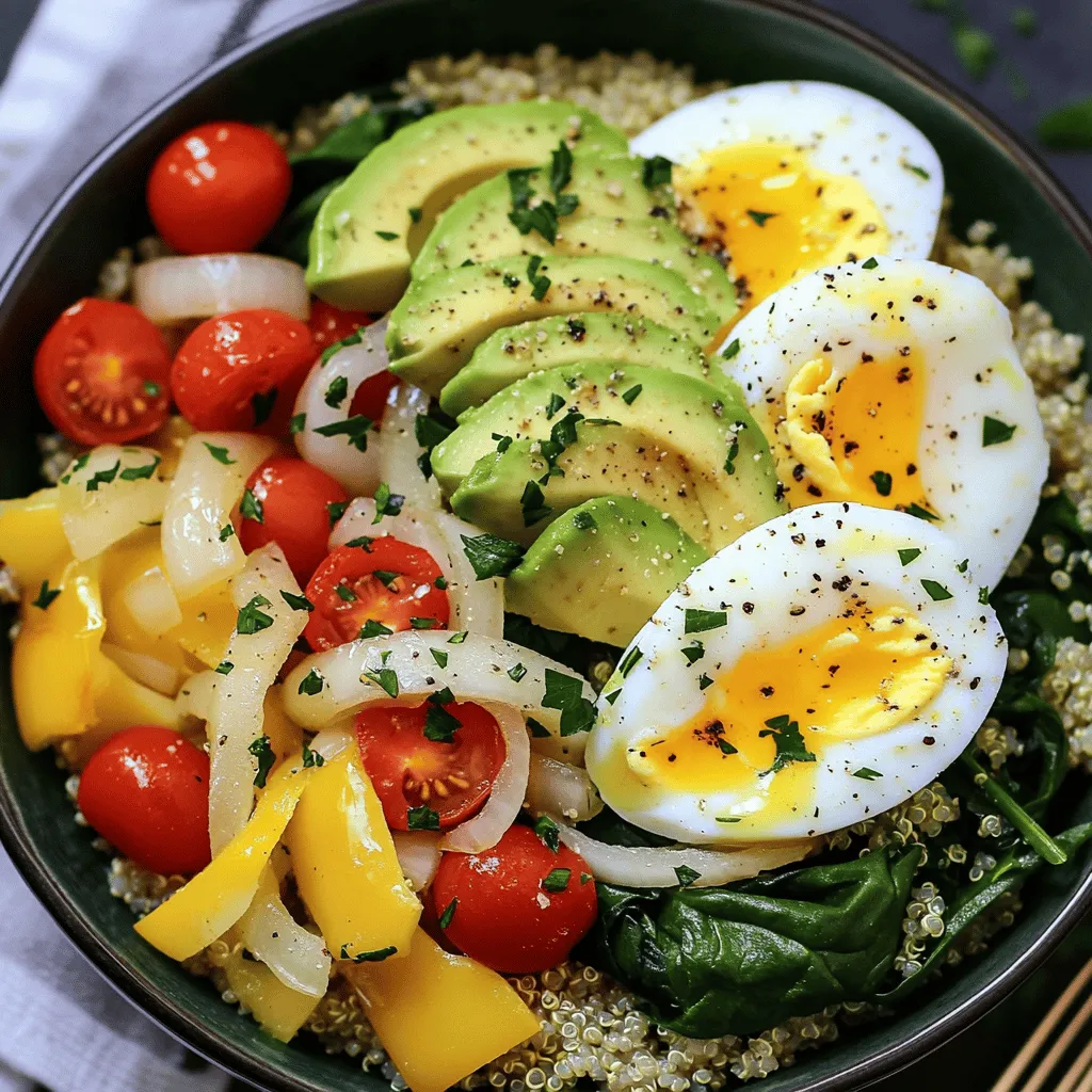 - Quinoa: 1 cup rinsed - Vegetable broth or water: 2 cups - Olive oil: 1 tablespoon - Onion, diced - Bell pepper, diced (any color) - Cherry tomatoes, halved - Spinach or kale, chopped - Eggs: 2 medium - Avocado, sliced - Seasoning: Salt, pepper, smoked paprika - Fresh herbs for garnish - Lime wedges - Additional fresh herbs Creating a savory breakfast quinoa bowl is simple and fun. First, you need quinoa. This grain is full of protein and fiber. It helps keep you full and gives you energy. Use one cup of rinsed quinoa. Rinse it well to remove any bitterness. Next, you want flavor. You can use vegetable broth for cooking quinoa. If you don’t have it, water works too. You’ll need two cups of liquid. For cooking, add olive oil to a pan. One tablespoon is perfect. It adds taste and helps cook the onions and peppers. Diced onion and bell pepper make great base flavors. Chop them up and add them to the hot oil. Cherry tomatoes are sweet and juicy. Halve one cup and toss them in the mix. Spinach or kale adds color and nutrients. Use one cup, chopped. Eggs are a classic breakfast choice. You’ll need two medium eggs. Cook them to your liking—scrambled, poached, or fried. Lastly, slice up one avocado. It adds creaminess and healthy fats. Season your bowl with salt, pepper, and smoked paprika. Fresh herbs like parsley or cilantro make great garnishes. You can also add lime wedges for a zesty touch. This bowl is not only healthy but also looks beautiful. For more details, check the full recipe. - Bring 2 cups of vegetable broth or water to a boil. - Add 1 cup of rinsed quinoa. Cover and reduce the heat. Cook until fluffy, about 15 minutes. - After cooking, let it sit covered for 5 minutes. Fluff the quinoa with a fork. - Heat 1 tablespoon of olive oil in a large skillet over medium heat. - Add 1 small diced onion and 1 diced bell pepper. Sauté for 5-7 minutes until the onion is clear and the peppers are soft. - Stir in 1 cup of halved cherry tomatoes and 1 cup of chopped spinach. Cook for another 3-4 minutes. Season with salt, pepper, and 1 teaspoon of smoked paprika. - You can scramble, poach, or fry 2 medium eggs. Each method adds a unique touch. - If frying, use a bit of olive oil or butter to stop sticking. - Start with a base of fluffy quinoa in each bowl. - Layer the sautéed vegetables on top. - Finally, place an egg on each bowl. - Garnish with sliced avocado and fresh herbs for a vibrant finish. - You can drizzle a bit more olive oil for extra flavor. Follow these steps for a delightful Savory Breakfast Quinoa Bowl. For the full recipe, check the earlier section. To boost flavor, try adding spices like cumin or turmeric. Fresh herbs like basil or dill also work well. For added nutrition, you can sprinkle nuts or seeds on top. Chopped almonds or pumpkin seeds add a nice crunch. When meal prepping, store cooked quinoa in airtight containers. You can keep it in the fridge for up to five days. For veggies, sauté and store them the same way. For eggs, you can cook them in advance. Hard-boiled eggs are easy to store and reheat nicely. When serving, use a deep bowl for a vibrant look. Layer the quinoa, veggies, and egg for a colorful display. Add lime wedges on the side for a fresh burst of flavor. Arrange the avocado slices artfully on top for a beautiful finish. {{image_2}} You can switch up the protein in your Savory Breakfast Quinoa Bowl. Tofu and tempeh are great choices. They soak up flavors well and add a nice texture. Just cube them and sauté until golden. You can also try different egg cooking methods. Scrambling gives a fun mix, while poaching adds a soft touch. Frying can give a crispy edge. Each option brings a unique taste. Feel free to change the vegetables based on what’s fresh. Seasonal veggies can make your bowl special. Try zucchini in summer or squash in fall. You can also mix in root vegetables like sweet potatoes. When sautéing greens, remember to start with the tougher ones first. Cook kale longer, while spinach wilts quickly. This keeps every veggie at its best. To really make your bowl pop, experiment with sauces. A splash of hot sauce can wake things up. You might also want to try different grains like farro or barley. These grains add a hearty feel and unique flavor. Mix and match spices, too. Cumin or curry powder can give an exciting twist. Your breakfast can be anything but boring! To keep your savory breakfast quinoa bowl fresh, you should store the leftovers properly. First, let the quinoa and veggies cool down. Place them in an airtight container. They can stay in the fridge for up to four days. Make sure to keep the eggs separate if you have leftovers. Eggs can get rubbery if stored with the other ingredients. Store them in a different container for best results. When it's time to eat again, you must reheat the quinoa and veggies safely. You can use a microwave or a stovetop. For the microwave, heat in short bursts, stirring in between. For the stovetop, add a splash of water to a pan and heat over low. Cover it to steam the food gently. Eggs require special care when reheating. If they are scrambled, you can reheat them in the microwave. Use low heat and stir often. For fried eggs, it’s best to reheat them in a skillet. Add a little oil and heat on low until warm. This keeps them from getting tough. For the full recipe, check back to make your own delicious breakfast bowl! Yes, you can easily make this recipe vegan. Simply replace the eggs with tofu or chickpeas. You can scramble firm tofu with your spices. If you prefer beans, add cooked chickpeas to the bowl. Both options give great protein. Quinoa cooks in about 15 minutes. Start by boiling your broth or water first. Then add the rinsed quinoa, cover it, and reduce the heat. Let it simmer until fluffy. Make sure to let it sit for 5 minutes after cooking. Yes, this breakfast bowl is gluten-free. Quinoa is a gluten-free grain. Just ensure any broth or other ingredients you use are also gluten-free. Always check labels for hidden gluten in sauces or seasonings. You can prepare this dish ahead of time. Cook the quinoa and veggies, then store them in the fridge. Keep the eggs separate until ready to eat. You can also reheat the quinoa and veggies easily. Just warm them on the stove or in the microwave. This blog post laid out a simple way to create a tasty breakfast quinoa bowl. You learned about key ingredients, step-by-step cooking, and tips for a perfect dish. Remember, you can easily customize flavors and add nutrition. This bowl is versatile and quick, making it great for any morning. Enjoy experimenting with different veggies and proteins. With easy storage tips, your leftovers stay fresh. Grab your ingredients and let your creativity shine in the kitchen!