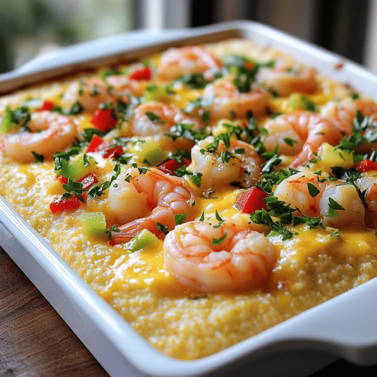 The key to making a great Shrimp and Grits Casserole lies in using fresh and quality ingredients. Here’s what you need: - 1 cup grits (stone-ground preferred) - 4 cups chicken broth - 1 pound shrimp, peeled and deveined - 1 cup shredded cheddar cheese - 1/2 cup cream cheese, softened - 1 small red bell pepper, diced - 1 small green bell pepper, diced - 1 small onion, finely chopped - 3 cloves garlic, minced - 4 tablespoons butter - 1 teaspoon paprika - 1/2 teaspoon cayenne pepper (adjust to taste) - Salt and pepper to taste - 1/4 cup chopped fresh parsley (for garnish) This mix of ingredients brings a depth of flavor to your dish. Stone-ground grits are the best choice. They cook up creamy and have a nice texture. Chicken broth adds rich taste. Fresh shrimp provides a sweet and savory bite. Cheddar and cream cheese create a dreamy, cheesy finish. Bell peppers and onion add crunch and sweetness. Garlic and spices elevate every bite. Having quality ingredients makes all the difference in comfort food. You can find most of these items at your local grocery store. You can check out the Full Recipe for more cooking details. Enjoy preparing this dish! First, set your oven to 350°F (175°C). This is the perfect temperature for baking. Next, grease a 9x13-inch casserole dish with butter or cooking spray. This helps prevent sticking. In a medium saucepan, bring 4 cups of chicken broth to a boil. Once boiling, slowly whisk in 1 cup of grits. Lower the heat to low and let it cook for about 20 minutes. Stir often until the grits become thick and creamy. While the grits cook, melt 2 tablespoons of butter in a skillet over medium heat. Add 1 small chopped onion, 1 small diced red bell pepper, and 1 small diced green bell pepper. Sauté these for about 5-7 minutes until soft. Then, add 1 pound of shrimp to the skillet. Season with 1 teaspoon of paprika, 1/2 teaspoon of cayenne pepper, and salt and pepper to taste. Cook for about 3-4 minutes until the shrimp turn pink and opaque. In a large bowl, mix the cooked grits with 1/2 cup of softened cream cheese and 1 cup of shredded cheddar cheese until well blended. Fold in the shrimp and vegetable mixture. Make sure everything is evenly incorporated. Pour the mixture into the prepared casserole dish. Smooth the top with a spatula. Bake in the preheated oven for 25-30 minutes. Check to see if it’s bubbly and slightly golden on top. Remove from the oven and let it cool for 5 minutes. Garnish with fresh parsley before serving. For the full recipe, refer to the earlier section. - Using the right type of grit: Stone-ground grits give you the best texture. They cook slowly and become creamy. Instant grits may save time, but they lack that rich flavor. Look for stone-ground grits at your local store. - Avoiding lumps: To avoid lumps, whisk the grits into the boiling broth slowly. Stir constantly as they cook. This helps them mix well and stay smooth. If lumps do form, use a whisk to break them up gently. - Additional seasoning suggestions: Besides paprika and cayenne, try adding garlic powder or Old Bay seasoning. These spices enhance the shrimp's natural taste. You can also squeeze fresh lemon juice for a bright kick. - Cooking shrimp to the right texture: Cook shrimp just until they turn pink. This usually takes 3-4 minutes. Overcooking makes shrimp rubbery. It’s best to take them off the heat as soon as they look opaque. - Recommended side dishes: Serve this casserole with a fresh salad or some roasted vegetables. These side dishes balance the rich flavors of the casserole. You can also pair it with crusty bread for a complete meal. - Garnishing ideas: Fresh parsley adds a nice touch. You can also sprinkle some extra cheese on top before serving. A few slices of green onions can add color and crunch. {{image_2}} You can switch up the cheese in your casserole to change the taste. Try different cheeses like gouda or pepper jack for a twist. These cheeses melt well and add great flavor. If you want a dairy-free option, look for vegan cheese blends. Many brands offer tasty substitutes that melt nicely. Nutritional yeast is another option that adds a cheesy flavor without any dairy. Shrimp is classic, but you can try other seafood too. Scallops add a sweet taste, while crab gives a rich flavor. Both options will work well with the grits. If you prefer a vegetarian dish, use mushrooms or zucchini. These veggies will soak up the flavors and add great texture. Boost the flavor by adding spices or herbs. Fresh herbs like thyme or basil can brighten up the dish. A pinch of smoked paprika can also add depth. You can also mix in vegetables like spinach or corn for added nutrition and taste. These additions will make your casserole more colorful and delicious. Remember, cooking is all about personal taste, so feel free to experiment! For the full recipe with steps, check out the [Full Recipe]. After you enjoy your Shrimp and Grits Casserole, you might have some left. To keep it fresh, store leftovers in the fridge. Use airtight containers for best results. The casserole will last up to three days. If you want to save it longer, freezing is a great option. Just place the cooled casserole in a freezer-safe container. It can stay in the freezer for up to three months. When you are ready to eat your leftovers, reheating is key. The best method is to use the oven. Preheat it to 350°F (175°C). Place the casserole in a baking dish and cover it with foil. This helps keep it moist. Heat for about 20 minutes, or until warmed through. You can also use the microwave for quicker reheating. Just use a microwave-safe dish and cover it loosely. Heat in short intervals to avoid overcooking. For both methods, check the texture and flavor. Adding a little butter or cream can help revive the dish. Enjoy your meal as if it were fresh from the oven! To make grits from scratch, start with stone-ground grits. Bring 4 cups of chicken broth to a boil. Slowly whisk in 1 cup of grits. Reduce the heat and cook for about 20 minutes. Stir often until they become thick and creamy. This method gives you the best texture and flavor. Yes, you can prepare the casserole ahead of time. Make the grits and shrimp mixture. Then, store it in the fridge for up to 24 hours. When you’re ready, pour it into your greased casserole dish and bake it. Just add a few extra minutes to the baking time. This casserole pairs well with several sides. You can serve it with a fresh salad. Sautéed greens make a great match too. For a heartier meal, cornbread or garlic bread is perfect. Choose sides that balance the rich flavors of the casserole. Shrimp are fully cooked when they turn pink and opaque. They should curl into a C shape. If they look gray or feel rubbery, they need more time. Cooking shrimp too long makes them tough, so keep an eye on them. You can use vegetable broth as a good substitute for chicken broth. If you want a richer flavor, try seafood broth. For a lighter option, water with seasonings works too. Just remember to adjust the seasoning in your dish as needed. For the full recipe, check out the detailed instructions above. Shrimp and grits casserole is a tasty dish packed with flavor. We discussed key ingredients like stone-ground grits, fresh shrimp, and various cheeses. The step-by-step guide helped simplify the cooking process. You learned tips for perfecting creamy grits and enhancing shrimp flavor. We even explored fun variations and storage tips. Overall, this dish is versatile and easy to adapt. Enjoy making your own casserole, and let the flavors shine in your kitchen.
