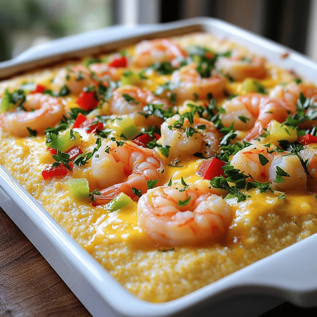 The key to making a great Shrimp and Grits Casserole lies in using fresh and quality ingredients. Here’s what you need: - 1 cup grits (stone-ground preferred) - 4 cups chicken broth - 1 pound shrimp, peeled and deveined - 1 cup shredded cheddar cheese - 1/2 cup cream cheese, softened - 1 small red bell pepper, diced - 1 small green bell pepper, diced - 1 small onion, finely chopped - 3 cloves garlic, minced - 4 tablespoons butter - 1 teaspoon paprika - 1/2 teaspoon cayenne pepper (adjust to taste) - Salt and pepper to taste - 1/4 cup chopped fresh parsley (for garnish) This mix of ingredients brings a depth of flavor to your dish. Stone-ground grits are the best choice. They cook up creamy and have a nice texture. Chicken broth adds rich taste. Fresh shrimp provides a sweet and savory bite. Cheddar and cream cheese create a dreamy, cheesy finish. Bell peppers and onion add crunch and sweetness. Garlic and spices elevate every bite. Having quality ingredients makes all the difference in comfort food. You can find most of these items at your local grocery store. You can check out the Full Recipe for more cooking details. Enjoy preparing this dish! First, set your oven to 350°F (175°C). This is the perfect temperature for baking. Next, grease a 9x13-inch casserole dish with butter or cooking spray. This helps prevent sticking. In a medium saucepan, bring 4 cups of chicken broth to a boil. Once boiling, slowly whisk in 1 cup of grits. Lower the heat to low and let it cook for about 20 minutes. Stir often until the grits become thick and creamy. While the grits cook, melt 2 tablespoons of butter in a skillet over medium heat. Add 1 small chopped onion, 1 small diced red bell pepper, and 1 small diced green bell pepper. Sauté these for about 5-7 minutes until soft. Then, add 1 pound of shrimp to the skillet. Season with 1 teaspoon of paprika, 1/2 teaspoon of cayenne pepper, and salt and pepper to taste. Cook for about 3-4 minutes until the shrimp turn pink and opaque. In a large bowl, mix the cooked grits with 1/2 cup of softened cream cheese and 1 cup of shredded cheddar cheese until well blended. Fold in the shrimp and vegetable mixture. Make sure everything is evenly incorporated. Pour the mixture into the prepared casserole dish. Smooth the top with a spatula. Bake in the preheated oven for 25-30 minutes. Check to see if it’s bubbly and slightly golden on top. Remove from the oven and let it cool for 5 minutes. Garnish with fresh parsley before serving. For the full recipe, refer to the earlier section. - Using the right type of grit: Stone-ground grits give you the best texture. They cook slowly and become creamy. Instant grits may save time, but they lack that rich flavor. Look for stone-ground grits at your local store. - Avoiding lumps: To avoid lumps, whisk the grits into the boiling broth slowly. Stir constantly as they cook. This helps them mix well and stay smooth. If lumps do form, use a whisk to break them up gently. - Additional seasoning suggestions: Besides paprika and cayenne, try adding garlic powder or Old Bay seasoning. These spices enhance the shrimp's natural taste. You can also squeeze fresh lemon juice for a bright kick. - Cooking shrimp to the right texture: Cook shrimp just until they turn pink. This usually takes 3-4 minutes. Overcooking makes shrimp rubbery. It’s best to take them off the heat as soon as they look opaque. - Recommended side dishes: Serve this casserole with a fresh salad or some roasted vegetables. These side dishes balance the rich flavors of the casserole. You can also pair it with crusty bread for a complete meal. - Garnishing ideas: Fresh parsley adds a nice touch. You can also sprinkle some extra cheese on top before serving. A few slices of green onions can add color and crunch. {{image_2}} You can switch up the cheese in your casserole to change the taste. Try different cheeses like gouda or pepper jack for a twist. These cheeses melt well and add great flavor. If you want a dairy-free option, look for vegan cheese blends. Many brands offer tasty substitutes that melt nicely. Nutritional yeast is another option that adds a cheesy flavor without any dairy. Shrimp is classic, but you can try other seafood too. Scallops add a sweet taste, while crab gives a rich flavor. Both options will work well with the grits. If you prefer a vegetarian dish, use mushrooms or zucchini. These veggies will soak up the flavors and add great texture. Boost the flavor by adding spices or herbs. Fresh herbs like thyme or basil can brighten up the dish. A pinch of smoked paprika can also add depth. You can also mix in vegetables like spinach or corn for added nutrition and taste. These additions will make your casserole more colorful and delicious. Remember, cooking is all about personal taste, so feel free to experiment! For the full recipe with steps, check out the [Full Recipe]. After you enjoy your Shrimp and Grits Casserole, you might have some left. To keep it fresh, store leftovers in the fridge. Use airtight containers for best results. The casserole will last up to three days. If you want to save it longer, freezing is a great option. Just place the cooled casserole in a freezer-safe container. It can stay in the freezer for up to three months. When you are ready to eat your leftovers, reheating is key. The best method is to use the oven. Preheat it to 350°F (175°C). Place the casserole in a baking dish and cover it with foil. This helps keep it moist. Heat for about 20 minutes, or until warmed through. You can also use the microwave for quicker reheating. Just use a microwave-safe dish and cover it loosely. Heat in short intervals to avoid overcooking. For both methods, check the texture and flavor. Adding a little butter or cream can help revive the dish. Enjoy your meal as if it were fresh from the oven! To make grits from scratch, start with stone-ground grits. Bring 4 cups of chicken broth to a boil. Slowly whisk in 1 cup of grits. Reduce the heat and cook for about 20 minutes. Stir often until they become thick and creamy. This method gives you the best texture and flavor. Yes, you can prepare the casserole ahead of time. Make the grits and shrimp mixture. Then, store it in the fridge for up to 24 hours. When you’re ready, pour it into your greased casserole dish and bake it. Just add a few extra minutes to the baking time. This casserole pairs well with several sides. You can serve it with a fresh salad. Sautéed greens make a great match too. For a heartier meal, cornbread or garlic bread is perfect. Choose sides that balance the rich flavors of the casserole. Shrimp are fully cooked when they turn pink and opaque. They should curl into a C shape. If they look gray or feel rubbery, they need more time. Cooking shrimp too long makes them tough, so keep an eye on them. You can use vegetable broth as a good substitute for chicken broth. If you want a richer flavor, try seafood broth. For a lighter option, water with seasonings works too. Just remember to adjust the seasoning in your dish as needed. For the full recipe, check out the detailed instructions above. Shrimp and grits casserole is a tasty dish packed with flavor. We discussed key ingredients like stone-ground grits, fresh shrimp, and various cheeses. The step-by-step guide helped simplify the cooking process. You learned tips for perfecting creamy grits and enhancing shrimp flavor. We even explored fun variations and storage tips. Overall, this dish is versatile and easy to adapt. Enjoy making your own casserole, and let the flavors shine in your kitchen.