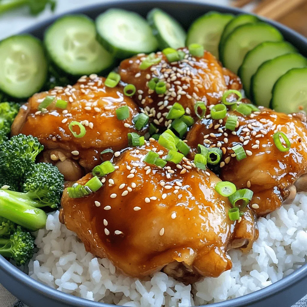 To make mouthwatering teriyaki chicken, you need these items: - 4 boneless, skinless chicken thighs - 1/4 cup soy sauce (low sodium for a healthier option) - 1/4 cup honey - 2 tablespoons rice vinegar - 2 cloves garlic, minced - 1 tablespoon fresh ginger, grated - 1 tablespoon sesame oil - 1 tablespoon cornstarch - 1/4 cup water - 1 tablespoon vegetable oil - 2 green onions, chopped (for garnish) - Sesame seeds (for garnish) If you lack any ingredients, here are some options: - Use chicken breast instead of thighs. They will work well too. - Swap honey for maple syrup for a different sweet taste. - If you don’t have rice vinegar, use apple cider vinegar. - Replace sesame oil with olive oil for a lighter flavor. - Cornstarch can be replaced with arrowroot for the glaze. Garnishes enhance visual appeal and taste. Try these: - Chopped green onions give a fresh bite. - Sesame seeds add crunch and flavor. - A sprinkle of chopped cilantro adds color and zest. - Serve with cucumber slices for a refreshing crunch. For the full recipe, check out the detailed steps on how to prepare this dish! To start, gather your ingredients for the marinade. In a medium bowl, mix together: - 1/4 cup soy sauce - 1/4 cup honey - 2 tablespoons rice vinegar - 2 cloves garlic, minced - 1 tablespoon fresh ginger, grated - 1 tablespoon sesame oil Whisk these together until smooth. This marinade gives the chicken its rich flavor. Next, you need to marinate the chicken. Take 4 boneless, skinless chicken thighs and place them in a large ziplock bag or a shallow dish. Pour the marinade over the chicken, making sure it’s well coated. Seal the bag or cover the dish with plastic wrap. Refrigerate it for at least 30 minutes, but 2 hours will give you more flavor. When you're ready to cook, remove the chicken from the marinade. Keep the marinade for later. Heat 1 tablespoon of vegetable oil in a large skillet over medium-high heat. Add the marinated chicken thighs and cook them for about 5-7 minutes on each side. They should be cooked through and lightly browned. While the chicken cooks, it's time to make the glaze. In a small saucepan, combine the reserved marinade with 1 tablespoon of cornstarch and 1/4 cup of water. Bring this mixture to a boil over medium heat, stirring often. Cook it until it gets thick and syrupy. This is your teriyaki glaze. Once the chicken is cooked, drizzle the thickened glaze over it in the skillet. Toss the chicken so it gets coated well. Cook for an extra 1-2 minutes to blend the flavors. After that, remove it from the heat. Let it rest for a few minutes before slicing. Garnish with chopped green onions and sesame seeds for a nice touch. For the full recipe, check out the details provided. When cooking chicken thighs, choose bone-in or skin-on for more flavor. If you prefer boneless thighs, marinate them well. Use a hot skillet to get a nice sear. Cook until the internal temperature reaches 165°F. This keeps the chicken juicy and tender. To boost the flavor, marinate the chicken for at least 30 minutes. You can also add a splash of orange juice for a fruity twist. Fresh herbs like cilantro or basil can brighten the dish. For spice lovers, a pinch of red pepper flakes works wonders. Always drizzle the thickened sauce over the chicken before serving. Serve your teriyaki chicken over steamed rice for a complete meal. Add vegetables like broccoli or snap peas for color and crunch. Garnish with chopped green onions and sesame seeds for a nice touch. This not only looks great but adds extra flavor. For a fun twist, serve with lettuce wraps for a lighter option. Check out the Full Recipe for more ideas! {{image_2}} Adding vegetables to your teriyaki chicken makes it colorful and healthy. You can use broccoli, bell peppers, or snap peas. Just chop them into bite-sized pieces. Sauté them in the skillet before adding the chicken. This adds flavor and crunch. You can also steam them for a softer texture. The veggies soak up the teriyaki sauce. This makes every bite taste great. If you want a change from chicken, try tofu or beef. For tofu, use firm or extra-firm varieties. Cut the tofu into cubes and sauté them until golden brown. For beef, use flank steak or sirloin. Slice the beef thinly against the grain. Cook it quickly for a tender bite. Both options work well with the same teriyaki marinade. They absorb the flavors nicely and are delicious. You can play with the teriyaki marinade to create new tastes. For a spicy kick, add sriracha or chili flakes. If you prefer a sweeter glaze, mix in pineapple juice or brown sugar. You can also add sesame seeds or scallions for more depth. Each change gives your dish a unique twist. Feel free to experiment and find your favorite flavor! To store leftover teriyaki chicken, let it cool first. Place it in an airtight container. You can keep it in the fridge for up to three days. Make sure to cover it well to keep it fresh. To reheat your teriyaki chicken, use the microwave or stovetop. If using the microwave, place it on a plate and cover it with a damp paper towel. Heat for 1-2 minutes or until hot. For the stovetop, warm it in a skillet over medium heat. Add a splash of water or extra glaze to keep it moist. Stir occasionally until hot. You can freeze teriyaki chicken for longer storage. First, let it cool completely. Then, place it in a freezer-safe bag or container. Remove as much air as possible before sealing. You can freeze it for up to three months. When you’re ready to eat, thaw it in the fridge overnight. Reheat as mentioned above for a tasty meal. You can find the Full Recipe for this dish to make fresh teriyaki chicken anytime! You should marinate the chicken for at least 30 minutes. This time allows the flavors to soak in. For a deeper taste, you can marinate it for up to 2 hours. Longer marination can make the chicken more tender and flavorful. Yes, you can use chicken breast instead of thighs. However, chicken thighs are juicier and more forgiving when cooking. If you choose chicken breast, be careful not to overcook it. This will keep the meat tender and moist. Some great sides for teriyaki chicken include: - Steamed rice - Stir-fried vegetables - Cucumber salad - Broccoli - Sesame noodles These sides add color and balance to your meal. To make a keto version, you can swap honey for a sugar-free sweetener. You can also use coconut aminos instead of soy sauce. This will cut down on carbs while still giving you great flavor. You can find the full recipe for Mouthwatering Teriyaki Chicken above. It includes all the ingredients and steps needed to make this easy and tasty dish. Enjoy cooking! This blog post covers teriyaki chicken from ingredients to storage tips. You learned about ingredient options and how to adjust recipes. I shared key steps for marinating and cooking chicken. You also found ways to enhance flavor and serve your dish. Variations let you explore new tastes and proteins. Finally, I covered storage and reheating methods. Enjoy making your teriyaki chicken just the way you like it!