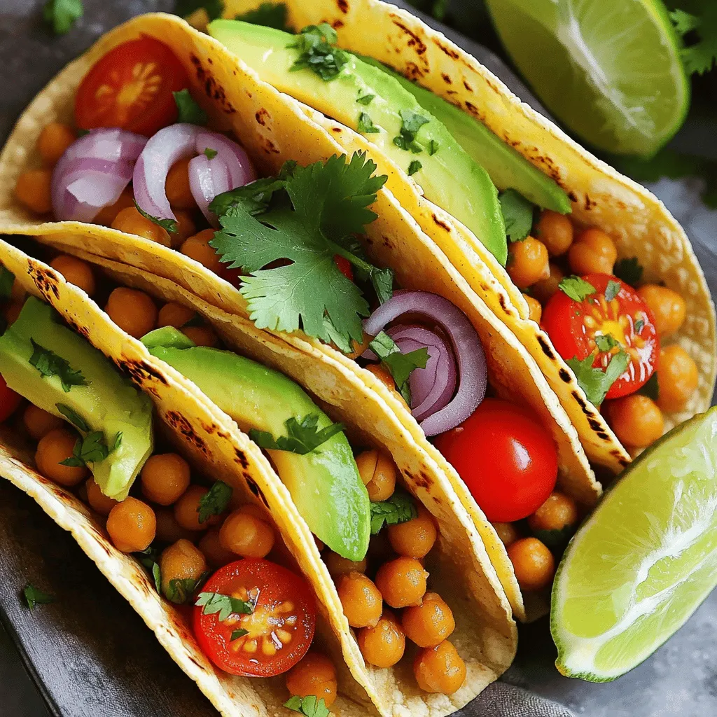 For these tasty tacos, you need a few key ingredients: - 1 can (15 oz) chickpeas, drained and rinsed - 1 tablespoon olive oil - 1 teaspoon smoked paprika - 1 teaspoon cumin - ½ teaspoon chili powder - ½ teaspoon garlic powder - Salt and pepper to taste - 6 small corn tortillas - 1 avocado, sliced - ½ cup cherry tomatoes, halved - ¼ cup red onion, finely chopped - Fresh cilantro for garnish - Lime wedges for serving These ingredients come together to create a flavorful dish. The chickpeas are the star. They provide protein and a nice texture. The spices bring warmth and depth to the tacos. To make these spicy chickpea tacos, you will need: - A medium-sized bowl - A fork or potato masher - A skillet for cooking - A spatula for stirring - A serving platter for tacos This simple equipment helps you easily mix, cook, and serve your tacos. You can find most of these items in any kitchen. If you need to swap out some ingredients, here are a few ideas: - Use canned black beans instead of chickpeas for a different taste. - If you don’t have smoked paprika, regular paprika works too. - For a fresh twist, try lime juice instead of lime wedges. - You can use flour tortillas if you prefer them over corn. These substitutions keep the dish tasty while allowing you some flexibility. Feel free to get creative and make it your own! For the full recipe, check out the recipe section. First, grab a can of chickpeas. Drain them well and rinse under cool water. This helps remove extra salt and makes them taste better. Next, place the chickpeas into a medium bowl. Using a fork or potato masher, smash them slightly. You want them chunky, not pureed. This gives texture to your tacos. Now, heat one tablespoon of olive oil in a skillet over medium heat. Once it’s hot, add the mashed chickpeas to the pan. Sprinkle in one teaspoon of smoked paprika, one teaspoon of cumin, half a teaspoon of chili powder, and half a teaspoon of garlic powder. Season with salt and pepper to your taste. Stir all the ingredients well. Cook for about three to five minutes. This warms everything through and makes it aromatic. Your kitchen will smell amazing! While the chickpeas cook, warm six small corn tortillas. You can do this in another skillet or even in the microwave. Once they are soft and warm, it's taco time! Take a tortilla and add a generous spoonful of the spicy chickpea mix. Next, top with sliced avocado, halved cherry tomatoes, and finely chopped red onion. For a fresh touch, add cilantro on top. Finally, squeeze a lime wedge over each taco. Enjoy your tasty meal! For the complete recipe, check out the Full Recipe. To make your tacos burst with flavor, try adding fresh herbs. Chopped cilantro brings a bright note. You can also use fresh lime juice for zing. If you like more heat, add sliced jalapeños. A dash of hot sauce can kick it up a notch. These simple additions give your dish a tasty twist. If you’re short on time, use canned chickpeas. They cook quickly and save you time. For a quicker taco assembly, warm the tortillas in the microwave. Just wrap them in a damp paper towel and heat for 30 seconds. This keeps them soft and ready to fill. You’ll have a delicious meal in just 20 minutes. Make your tacos look amazing by stacking them on a colorful plate. Use a mix of toppings for a fun look. Arrange avocado slices and cherry tomatoes artfully on top. A sprinkle of cilantro adds a pop of green. Serve with lime wedges for a fresh touch. For the full recipe, check out the details above. {{image_2}} You can easily add protein to your spicy chickpea tacos. Try using black beans or lentils for a hearty twist. You could even add shredded chicken or beef if you want more flavor. Each option boosts protein and adds a new texture. Mix and match to find your favorite! These tacos fit well with vegan and gluten-free diets. The chickpeas are already vegan, and you can use corn tortillas to keep them gluten-free. If you want a creamier texture, try a vegan sour cream or yogurt on top. Always check labels to ensure all ingredients are gluten-free. Toppings can change your taco game. Add fresh corn, diced mango, or jalapeños for a kick. You can also try pickled onions for a zingy taste. For a creamy touch, consider a drizzle of tahini or a homemade avocado crema. The more toppings, the better the flavor! For the full recipe, check out the Spicy Chickpea Tacos section. Enjoy experimenting! If you have extra tacos, store them in an airtight container. Keep them in the fridge. They taste best within two days. Make sure to separate the chickpea mixture from the tortillas. This keeps them fresh and prevents sogginess. You can freeze the chickpea mixture for later use. Place it in a freezer-safe bag. Make sure to remove as much air as possible. Label the bag with the date. The mixture lasts up to three months in the freezer. When you're ready, thaw it in the fridge overnight before reheating. To reheat the chickpea mixture, use a skillet over medium heat. Stir it often until it’s hot. You can also microwave it in short bursts. Just make sure to cover it to keep moisture in. For tortillas, warm them on a skillet or in the microwave. This helps them stay soft and tasty. Enjoy your tacos just like fresh! For the full recipe, check it out above. You can add more chili powder or cayenne pepper to the chickpeas. A dash of hot sauce also works well. Try mixing in fresh jalapeños for an extra kick. If you love heat, experiment with different spices like chipotle or harissa. Spicy chickpea tacos pair well with a fresh salad or rice. You might enjoy a side of black beans or corn salsa. Avocado or guacamole adds creaminess and balances the spice. For drinks, a cold margarita or sparkling water with lime complements the flavors nicely. To make homemade taco shells, preheat your oven to 375°F. Take corn tortillas and brush both sides with olive oil. Then, drape them over the rungs of an oven rack. Bake for about 10 to 12 minutes until crispy. This method creates a perfect shape and texture for your tacos. For the full recipe, check out the Spicy Chickpea Tacos. In this post, we explored how to make yummy spicy chickpea tacos. We covered key ingredients, helpful equipment, and tasty substitutions. You learned step-by-step how to prepare, cook, and assemble your tacos. I shared tips to boost flavor, quick cooking tricks, and fun ways to present your dish. With variations for proteins and toppings, there’s something for everyone. Finally, I gave storage tips to keep leftovers fresh. Enjoy your cooking adventure and make it your own!
