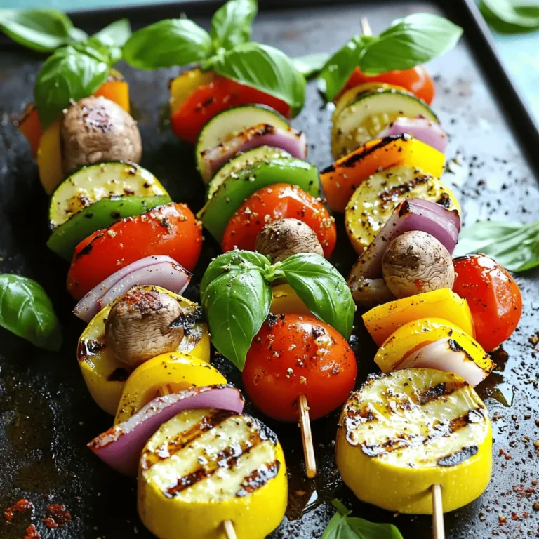 - 1 zucchini, cut into thick slices - 1 yellow squash, cut into thick slices - 1 bell pepper (red or yellow), cut into chunks - 1 red onion, cut into wedges - 1 cup cherry tomatoes - 1 cup mushrooms, whole or halved - 3 tablespoons olive oil - 2 teaspoons garlic powder - 1 teaspoon smoked paprika - Salt and pepper to taste - Fresh basil leaves for garnish Gather these ingredients before you start. Fresh vegetables make your skewers bright and tasty. Olive oil adds flavor and helps the seasonings stick. Garlic powder and smoked paprika give a nice kick. Using salt and pepper is key to enhance all the flavors. Feel free to add your favorite veggies. Eggplant, asparagus, or even corn can work well. This recipe is flexible. The fresh basil at the end adds a pop of green and a hint of freshness. After you prep, you’ll be ready for the next steps in the [Full Recipe]. When making grilled vegetable skewers, start with your skewers. If you use wooden skewers, soak them in water for about 30 minutes. This step stops them from burning on the grill. If you choose metal skewers, you can skip this soaking step. They are safe to use right away. Next, prepare your vegetables. Cut them into similar sizes. For example, slice zucchini and yellow squash into thick rounds. You want chunks that can hold their shape while cooking. Cut bell peppers into thick squares and onion into wedges. Keep cherry tomatoes whole or cut mushrooms in half. Consistent sizes help them cook evenly. Now, let’s marinate the vegetables. In a large bowl, add all your cut veggies. Pour in olive oil, which helps the spices stick. Then add garlic powder and smoked paprika for flavor. Sprinkle salt and pepper to taste. Toss everything gently to coat the veggies well. After marinating, it’s time to thread the vegetables onto the skewers. Alternate colors for a fun look. Aim for 5-6 pieces per skewer. This step makes your dish colorful and inviting. Before grilling, preheat your grill to medium-high heat. A hot grill gives those nice grill marks and helps the veggies cook well. Cook the skewers for about 10-12 minutes. Turn them often. This helps all sides get that perfect char. The veggies should be tender and bright in color. Once done, carefully take the skewers off the grill. Let them cool a bit before serving. Add fresh basil leaves for a burst of flavor. Enjoy your grilled vegetable skewers! For the full recipe, check the above section. To grill vegetables well, follow a few key tips. First, cut your veggies into even sizes. This helps them cook at the same time. Use fresh, firm vegetables for the best taste. Soak wooden skewers in water for 30 minutes. This prevents them from burning. If you use metal skewers, skip this step. Watch for common grilling mistakes. Don’t overcrowd the skewers. Leave space between pieces for even cooking. Avoid flipping too often. Let the grill work its magic. Marinades and seasonings can bring your skewers to life. Try a simple mix of olive oil, garlic powder, and smoked paprika. This blend gives a nice smoky flavor. You can also add salt and pepper to taste. For a brighter taste, squeeze fresh lemon juice over the grilled veggies. Herbs add a special touch. Fresh basil works well for a sweet hint. You can also try rosemary or thyme for a more earthy flavor. Experiment with your favorite herbs to find the best match for your palate. For the full recipe, check out Grilled Garden Delight Skewers. Enjoy your flavorful creation! {{image_2}} You can switch up the veggies for your skewers. Seasonal vegetables add color and taste. Try using: - Eggplant, cut into thick cubes - Asparagus, trimmed - Cherry peppers, halved - Carrots, sliced into thick rounds These options make your skewers fun and fresh. You can also substitute veggies based on what you have. If you don't have zucchini, use summer squash. If you can't find bell peppers, use sweet onions instead. The key is to choose what you love. For extra protein, add tofu or tempeh to your skewers. These add a hearty bite. They soak up flavors well, making your dish even tastier. You can also serve your skewers with flavorful sauces. Try a tahini dip or a spicy peanut sauce. These dips make your meal more exciting. You can also use hummus or a yogurt-based sauce for a creamy touch. Feel free to mix and match flavors. The goal is to make your skewers delicious and satisfying. Explore the [Full Recipe] for ideas on how to get started. After enjoying your grilled vegetable skewers, you may have some left. To store them well, let the skewers cool down first. This step helps keep them fresh. Once cooled, wrap them in plastic wrap or aluminum foil. This keeps moisture in and prevents drying out. For best results, place the wrapped skewers in an airtight container. Glass or plastic containers work great. Make sure they are sealed tightly to keep out air. You can store them in the fridge for up to three days. When you are ready to eat leftovers, reheating is key. The best way to reheat grilled skewers is in an oven or on a grill. If using the oven, preheat it to 350°F (175°C). Place the skewers on a baking sheet and heat for about 10 minutes. If you prefer the grill, heat it to medium. Place the skewers on the grill for about 5 minutes. Turn them halfway through to warm evenly. To keep the texture nice, avoid microwaving them. Microwaves can make the veggies soggy. Instead, use these methods to keep those grill marks and great taste. Enjoy your delicious Grilled Garden Delight Skewers again! How do I choose the best vegetables for grilling? When picking vegetables, look for firm, fresh options. Great choices include zucchini, bell peppers, and mushrooms. They hold up well on the grill. You want colors that pop too. Mixing bright veggies makes your skewers look fun and tasty. Can I use frozen vegetables for skewers? Yes, but fresh is best for grilling. Frozen veggies may be softer when cooked. If you use frozen, thaw and drain them first. This helps keep the skewers from being too watery. What are some tasty dipping sauces for grilled veggie skewers? Dipping sauces add extra flavor. Try a simple garlic aioli or a tangy yogurt sauce. A balsamic glaze works well too. You can also make a zesty herb vinaigrette. These sauces make your skewers even more delicious. For the full recipe, check out Grilled Garden Delight Skewers! Grilling vegetable skewers is simple and fun. You learned about the needed ingredients and simple steps, from grilling to storing leftovers. I shared helpful tips on enhancing flavor and avoiding common mistakes. Remember, you can mix up the veggies and try new sauces. Grilled vegetable skewers are not only healthy but tasty, too. Now, apply these ideas and enjoy delicious meals that impress family and friends.