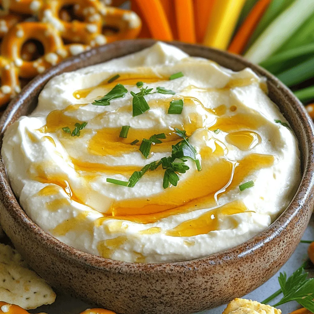 To make this tasty dip, gather these ingredients: - 8 oz cream cheese, softened - 1/2 cup sour cream - 1/4 cup honey - 2 tablespoons hot honey (or regular honey with a pinch of cayenne) - 1 tablespoon fresh lemon juice - 1/2 teaspoon garlic powder - 1/4 teaspoon salt - 1/4 teaspoon black pepper - 1/4 cup crumbled feta cheese (optional) - Fresh herbs for garnish (like chives or parsley) - Assorted dippers (crackers, pretzels, or vegetable sticks) You will need some basic tools to make this dip: - Medium mixing bowl - Electric mixer or whisk - Spatula for serving - Serving bowl for presentation Choosing the best ingredients can make your dip stand out. Here are some tips: - Select full-fat cream cheese for a rich texture. - Use fresh sour cream for a tangy flavor. - Look for high-quality honey, as it adds sweetness. - Check for fresh herbs that are vibrant and fragrant. - If using feta, buy it in blocks for better flavor than crumbled. Using quality ingredients ensures your Hot Honey Cream Cheese Dip tastes great. For the full recipe, check the provided details. First, gather your ingredients. You need cream cheese, sour cream, honey, hot honey, lemon juice, garlic powder, salt, black pepper, and optional feta cheese. This dip is quick and easy to make. You can prep all your ingredients in about 10 minutes. 1. In a medium mixing bowl, add the softened cream cheese and sour cream. 2. Use an electric mixer or a whisk to blend them well. Make sure the mix is smooth and creamy. 3. Next, pour in the honey and hot honey. Add the lemon juice, garlic powder, salt, and black pepper. 4. Blend everything together until it is fully mixed and creamy. 5. If you want a bit of tang, gently fold in crumbled feta cheese. This adds nice flavor. 6. Transfer the dip to a serving bowl. Smooth the top with a spatula for a nice look. 7. To make it pretty, garnish with fresh herbs like chives or parsley. 8. Serve right away or cover with plastic wrap. You can chill it for up to 2 hours to let the flavors blend. The entire dip takes only about 10 minutes to prepare. If you chill it, the flavors will deepen. Serve it cold or at room temperature. Keep an eye on the dip if it sits out; it tastes best fresh. To make your cream cheese dip super creamy, start with softened cream cheese. If it’s too cold, it will not mix well. You can leave it out for about 30 minutes before mixing. Use an electric mixer for the best results. Mix until it’s smooth and free of lumps. Adding sour cream also helps make it creamy. Blend it well with the cream cheese until they look like one smooth mixture. You can boost the flavor of your dip with a few extra touches. Try adding crumbled feta cheese. It adds a nice salty flavor. Fresh herbs like chives or parsley also give a fresh taste. If you want more heat, add extra cayenne or even diced jalapeños. Lemon juice brightens the dip and balances the sweetness. You can play around with these options to find what you love most. For serving, present the dip in a rustic bowl. Surround it with colorful dippers. Use crunchy crackers, pretzels, or fresh vegetable sticks. Carrots, celery, and bell peppers look great and taste good too. You can also serve it with sliced baguette for a more filling option. This dip works well as an appetizer for gatherings or a fun snack while watching a movie. Enjoy it with friends and family for a great time. Check the [Full Recipe] for more details on making this delicious dip! {{image_2}} If you want to kick up the spice, add more hot honey. You can also mix in diced jalapeños or red pepper flakes. These options bring a nice heat that pairs well with the dip's creamy texture. For a fun twist, consider adding a splash of sriracha or a dash of chipotle powder. These spicy additions will give your taste buds a thrill. If you're looking for a healthier option, swap the cream cheese for Greek yogurt. Greek yogurt gives you a tangy flavor and is lower in fat. You can use a mix of Greek yogurt and a bit of cream cheese for creaminess. This way, you still get that smooth texture while keeping things light. It's a great way to enjoy the dip without the extra calories. You can change this dip to fit the season or a theme. In fall, add pumpkin puree and a touch of cinnamon for a cozy flavor. In summer, mix in fresh herbs like basil or dill for a bright taste. For a party, try adding colorful toppings like chopped tomatoes or olives to match your theme. These variations keep the dip exciting and fun for any occasion. To keep your Hot Honey Cream Cheese Dip fresh, store it in an airtight container. Make sure to seal it tightly. This helps prevent the dip from drying out. Place it in the fridge within two hours of making it. If you leave it out too long, bacteria can grow. When you’re ready to enjoy the dip again, take it out of the fridge. Let it sit at room temperature for 15 minutes. This helps it get creamy again. If you want to warm it up, put it in the microwave. Heat it in short bursts, about 15 to 30 seconds. Stir it well between each burst to avoid hot spots. Your dip will last in the fridge for about three days. If you want to keep it longer, you can freeze it. Store it in a freezer-safe container. It can last for up to three months in the freezer. To use it later, thaw it in the fridge overnight. Once thawed, stir it well. You may need to add a little sour cream to bring back its creamy texture. Enjoy your delicious dip again! For the full recipe, check out the section above. Yes, you can make this dip ahead of time. Prepare it up to two hours before serving. Just cover it tightly with plastic wrap. Refrigerate it to keep it fresh. This gives the flavors time to mix. If you want, you can also make it a day in advance. Just remember to let it sit at room temperature for a bit before serving. You have many options for dippers! Here are a few great choices: - Crackers - Pretzels - Vegetable sticks like carrots and celery - Pita chips - Bread slices Mix and match to create a fun platter. The dip pairs well with both crunchy and soft dippers. The sweet and spicy flavor of the dip makes everything taste better! You can easily change the sweetness or spice level. To make it sweeter, add more honey. Start with one tablespoon at a time until it’s just right. If you want more heat, use extra hot honey. You could also add a pinch of cayenne or red pepper flakes. Taste the dip after each addition. This way, you can find your perfect balance. Enjoy experimenting until you find what you love! This blog post gave you all you need for Hot Honey Cream Cheese Dip. We looked at ingredients, tools, and cooking steps. You learned how to make it creamy and flavorful. We also covered storage tips and fun variations. In the end, this dip is simple, tasty, and perfect for any occasion. Now, it’s time to gather your ingredients and enjoy!