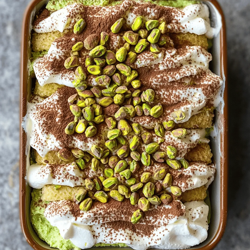 To make a delicious pistachio tiramisu, you need only a few key ingredients. Here’s the complete list: - 1 cup unsalted pistachios, shelled and finely ground - 1 cup mascarpone cheese - 1 cup heavy cream - 3/4 cup powdered sugar - 1 teaspoon vanilla extract - 1 cup brewed coffee (cooled) - 12 ladyfinger cookies - 2 tablespoons cocoa powder (for dusting) - Additional chopped pistachios for garnish These ingredients create a rich and creamy dessert with a nutty twist. The pistachios give a unique flavor that sets this tiramisu apart. Remember, using fresh, finely ground pistachios will enhance the taste. Mascarpone cheese brings a luxurious texture, while the heavy cream adds volume and lightness. The coffee and vanilla extract balance the sweetness, keeping the dessert from being too rich. Ladyfingers help layer the dessert, soaking up all the flavors. Finally, cocoa powder and extra pistachios on top add a beautiful finish. For the full recipe and steps, check out the link! - Step 1: Combine pistachios and mascarpone Start by adding the finely ground pistachios to a bowl. Then, add the mascarpone cheese. Mix them together well until they blend into a smooth mixture. This is the base of your pistachio flavor. - Step 2: Whip heavy cream with sugar and vanilla In a second bowl, pour in the heavy cream. Add the powdered sugar and vanilla extract. Whip this mixture until you see stiff peaks forming. This gives your dessert a light and airy texture. - Step 3: Fold whipped cream into the mixture Now, take the whipped cream and gently fold it into the pistachio and mascarpone mix. Be careful not to mix too hard, or you might deflate the whipped cream. This step is key for a creamy, fluffy filling. - Step 4: Dip and layer ladyfingers Take each ladyfinger and quickly dip it into the cooled coffee. Make sure they soak just enough but don’t get soggy. This adds a nice coffee flavor to your dessert. - Step 5: Spread pistachio-cream mixture In a rectangular dish, place a layer of the coffee-soaked ladyfingers at the bottom. Next, spread half of the pistachio-cream mixture over them. Use a spatula to smooth it out evenly. - Step 6: Chill for optimal flavor Repeat the process with another layer of dipped ladyfingers and the remaining pistachio-cream mixture. Cover the dish with plastic wrap and refrigerate. Let it chill for at least 4 hours, but overnight is best. This lets all the flavors meld beautifully. For the full recipe, check out the link provided. - Tip 1: Use freshly ground pistachios Freshly ground pistachios give the best taste. They add a rich, nutty flavor. Buy shelled pistachios and grind them just before using. This way, you keep all the oils and flavors intact. - Tip 2: Opt for high-quality mascarpone Quality mascarpone cheese is key. It should be smooth and creamy. High-quality mascarpone makes your tiramisu richer and more delicious. Look for mascarpone that has a good texture and flavor. - Tip 3: Allow adequate chilling time Chilling your tiramisu is important. It helps the flavors mix well. I recommend chilling for at least 4 hours. For the best results, chill overnight. This way, each bite is creamy and flavorful. - Mistake 1: Over-whipping the cream Over-whipping can ruin the texture. You want stiff peaks, but not dry cream. Stop whipping as soon as you see stiff peaks. This keeps the cream light and fluffy. - Mistake 2: Soggy ladyfingers Do not soak ladyfingers too long. A quick dip in the coffee is enough. If you soak them too long, they become mushy. You want them to hold their shape while still being soft. For a complete guide on making this dessert, check out the Full Recipe. {{image_2}} - Variation 1: Adding chocolate layers You can easily mix in some chocolate. I recommend using dark chocolate. Melt it and layer it between the pistachio-cream mixture. This adds a rich taste and a lovely contrast to the pistachio. You can even sprinkle chocolate shavings on top for a beautiful finish. - Variation 2: Using different nuts If you want to change the flavor, try different nuts. Almonds or hazelnuts work well. Simply grind them the same way you do with pistachios. You can also mix two or more nuts for a unique taste. Each nut brings its own flavor and texture. - Substitution 1: Dairy-free options To make this dessert dairy-free, swap mascarpone with a dairy-free cream cheese. Use coconut cream instead of heavy cream for a rich texture. Sweeten with a dairy-free powdered sugar. This keeps it creamy while making it suitable for those with lactose intolerance. - Substitution 2: Sugar-free alternatives You can use a sugar substitute like erythritol or stevia. This option is great for those watching their sugar intake. Just make sure to follow the package's conversion guidelines. Your dessert will still taste great but with fewer calories. For the complete cooking instructions, check out the [Full Recipe]. - Refrigerating the tiramisu: Keep the tiramisu in the fridge. It stays fresh for about 3 days. Cover it tightly with plastic wrap. This keeps it moist and flavorful. - Best storage containers: Use a glass or plastic container with a lid. Make sure it seals well. Avoid metal containers, as they can affect taste. - Freezing individual portions: Cut the tiramisu into slices. Wrap each piece in plastic wrap. Place them in a freezer-safe bag. This way, you can enjoy a slice anytime. - Thawing for serving: To serve, take out a slice and let it thaw in the fridge overnight. It’s best to enjoy it cold and creamy. For the complete recipe, check the Full Recipe link. Q1: How long can Pistachio Tiramisu be stored? You can store Pistachio Tiramisu in the fridge for up to four days. Make sure to cover it well to keep it fresh. Q2: Can I make this dessert ahead of time? Yes, you can make it a day or two before serving. This dessert tastes even better after a night in the fridge. Q3: What can I use instead of ladyfingers? If you don’t have ladyfingers, you can use sponge cake or even graham crackers. Just soak them briefly in coffee. Q4: How to enhance pistachio flavor? To boost the pistachio taste, use high-quality, fresh pistachios. You can also add pistachio extract for an extra punch. Q5: Is Pistachio Tiramisu gluten-free? The traditional recipe is not gluten-free due to ladyfingers. However, you can use gluten-free cookies as a substitute. For the Full Recipe, click here for comprehensive cooking instructions. This blog shared a simple guide to making Pistachio Tiramisu. We covered key ingredients, easy preparation steps, and helpful tips. You can also explore fun variations and find ways to store leftovers. Enjoying this dessert is easy and rewarding. With the right ingredients and steps, you can create a tasty treat. Remember to avoid common mistakes for the best results. Now, you’re ready to impress with your own Pistachio Tiramisu!