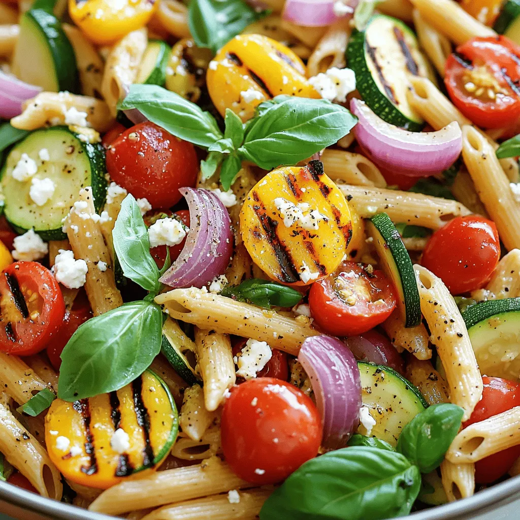 To make a tasty grilled vegetable pasta salad, you'll need the following ingredients: - 8 oz whole grain pasta (like penne or fusilli) - 1 medium zucchini, sliced into rounds - 1 red bell pepper, chopped into chunks - 1 yellow bell pepper, chopped into chunks - 1 cup cherry tomatoes, halved - 1 red onion, cut into wedges - 3 tablespoons olive oil - 2 tablespoons balsamic vinegar - 1 teaspoon garlic powder - 1 teaspoon dried oregano - Salt and pepper to taste - ½ cup feta cheese, crumbled (optional) - Fresh basil leaves for garnish When picking vegetables, choose fresh and vibrant ones. Look for firm zucchini and bright bell peppers. The tomatoes should be plump and juicy. A good onion should feel heavy for its size. Freshness affects taste and texture. Organic options often have better flavor and fewer chemicals. You can enhance this salad with extra ingredients. Add olives for a briny kick. A squeeze of lemon juice brightens flavors. You can also use fresh herbs like parsley or thyme for depth. If you want heat, add red pepper flakes. These options let you customize the dish to your taste. For the full recipe and detailed instructions, check out the [Full Recipe]. First, fill a large pot with water and add salt. Bring it to a boil. Once the water is boiling, add 8 oz of whole grain pasta. I like penne or fusilli for this dish. Cook the pasta according to the directions on the package until it is al dente. This usually takes about 8 to 10 minutes. After cooking, drain the pasta in a colander and set it aside to cool. Cooling helps the pasta not stick together. While the pasta cools, prepare the veggies. In a large bowl, combine: - 1 medium zucchini, sliced into rounds - 1 red bell pepper, chopped into chunks - 1 yellow bell pepper, chopped into chunks - 1 cup cherry tomatoes, halved - 1 red onion, cut into wedges Drizzle these with 2 tablespoons of olive oil. Add salt, pepper, 1 teaspoon of garlic powder, and 1 teaspoon of dried oregano. Toss the veggies well to coat them. Next, preheat your grill to medium-high heat. Place the seasoned vegetables on a grill pan or directly on the grill. Grill them for about 5 to 7 minutes. Turn them occasionally. You want them to be tender and have lovely grill marks. Now, it’s time to mix everything together. In a large mixing bowl, combine the grilled vegetables with the cooled pasta. Drizzle 2 tablespoons of balsamic vinegar and the remaining olive oil over the mixture. Toss gently to mix everything well. If you like cheese, sprinkle ½ cup of crumbled feta over the top. To finish, add fresh basil leaves for a burst of flavor. Let the salad sit for at least 15 minutes. This allows the flavors to blend nicely. You can serve it at room temperature or chilled. Enjoy your fresh and flavorful grilled vegetable pasta salad! For the full recipe, check out the recipe card above. To get those great grill marks, heat your grill to medium-high. Make sure it is hot before adding the vegetables. Place them on the grill and don’t move them for a couple of minutes. This lets them sear well. Flip them after a few minutes and grill the other side. Aim for about 5-7 minutes total. This gives you the best flavor and those nice lines. You can change this dish by using seasonal vegetables. In spring, add asparagus or peas. In summer, try eggplant or corn. In fall, use butternut squash or Brussels sprouts. Each season brings new flavors, and you can keep the dish fresh. This way, you can enjoy grilled vegetable pasta salad all year long. This pasta salad is not only tasty but also healthy. Whole grain pasta provides fiber, which helps digestion. The zucchini and bell peppers are packed with vitamins A and C. Cherry tomatoes add antioxidants, which help fight disease. Olive oil is a healthy fat that supports heart health. Feta cheese adds flavor and protein. Each ingredient works together to make this dish healthy and delicious. {{image_2}} You can boost your grilled vegetable pasta salad with protein. Chicken, shrimp, or tofu work well. For chicken, grill pieces until cooked through. For shrimp, skewer them and grill for a quick cook. Tofu adds a nice texture. Just press it first to remove extra moisture. If you need a gluten-free option, choose gluten-free pasta. Many brands offer great choices. Quinoa or brown rice pasta also works well. They keep the dish tasty and satisfying. Just follow cooking times on the package for the best results. To make this salad vegan, skip the feta cheese. You can use avocado for creaminess instead. Nutritional yeast is a great option for a cheesy flavor. It adds a nice twist without any dairy. This keeps the salad fresh and full of flavor. For extra crunch, toss in some toasted nuts or seeds. To keep your grilled vegetable pasta salad fresh, store it in an airtight container. This helps keep away air and moisture. If you have leftovers, place them in the fridge within two hours of making the salad. The salad stays good for about 3-5 days. If you notice any signs of spoilage, like an off smell, it’s best to toss it. To enjoy your salad warm, you can reheat it. Place the salad in a microwave-safe bowl and heat it for 30 seconds. Stir and check the heat. If it needs more time, heat in short bursts. Do not overheat, as this can make the pasta mushy. If you like it cold, just enjoy it straight from the fridge! To keep your ingredients fresh, store vegetables separately. Keep them in a cool, dark place. For herbs like basil, place them in water like a bouquet. Cover with a bag and store in the fridge. You can also freeze leftover grilled veggies for later use. Just place them in a freezer bag and squeeze out the air. When you're ready, thaw and mix them back into your pasta salad. You can make grilled vegetable pasta salad ahead of time easily. First, cook the pasta and let it cool. Next, grill the vegetables and let them cool as well. Combine the pasta and vegetables in a bowl. Drizzle with dressing just before serving to keep it fresh. Store in the fridge for up to three days. This allows the flavors to mix well. Yes, you can use different vegetables! Feel free to swap out any veggies you like. Some good choices include eggplant, asparagus, or mushrooms. The key is to grill them until they are tender. This adds a nice smoky flavor to your salad. Experimenting with different vegetables keeps the dish exciting. A simple balsamic vinaigrette works great with this salad. The tangy flavor complements the grilled vegetables. You could also try a lemon-based dressing for a fresh twist. If you like it creamy, a yogurt dressing is a good choice. Just be sure to drizzle it on just before serving for the best taste. For the full recipe, please refer to the main recipe section. This article covered how to make a tasty grilled vegetable pasta salad. We explored the best ingredients, cooking steps, and useful tips. You learned about variations and how to store leftovers properly. With fresh ingredients and simple steps, you can create a dish that’s healthy and fun. Enjoy making this recipe your own and share it with loved ones. Happy cooking!
