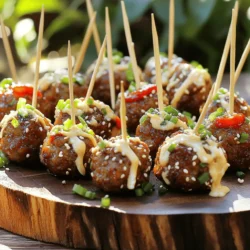 - 1 pound ground beef or ground turkey - 1/2 cup cooked short-grain sushi rice - 1/4 cup finely chopped green onions - 1/4 cup breadcrumbs or panko - 2 cloves garlic, minced - 1 tablespoon ginger, grated - 1/4 cup soy sauce - 2 tablespoons sesame oil - 1 tablespoon brown sugar - 1 teaspoon Korean chili paste (gochujang) - Salt and pepper to taste - Sesame seeds for garnish - 1/2 cup mayonnaise - 1 tablespoon sriracha (adjust to taste) - 1 teaspoon lemon juice - Pinch of salt When I make these Korean BBQ meatballs, I love the balance of flavors. The ground meat pairs perfectly with rice and green onions. The breadcrumbs add nice texture. I often use beef, but turkey works well too. Next, I add garlic and ginger, which gives a warm kick. Soy sauce and sesame oil enhance the savory notes. Brown sugar adds a touch of sweetness, while gochujang brings heat. Adjust the salt and pepper to taste. For the spicy mayo, I mix mayonnaise with sriracha for a creamy kick. A splash of lemon juice brightens the sauce. I finish with a pinch of salt. This sauce complements the meatballs so well. Make sure to check the full recipe for all the steps and details to create this delightful dish! - Preheat your oven to 400°F (200°C). - In a large bowl, mix all meatball ingredients. This includes the ground beef, cooked rice, chopped green onions, breadcrumbs, minced garlic, grated ginger, soy sauce, sesame oil, brown sugar, gochujang, and salt and pepper. - Make sure to combine them well, but don’t overmix. - Use your hands to shape the mixture into meatballs about the size of a golf ball. - Place the meatballs evenly on a lined baking sheet. - Bake them in the oven for 20-25 minutes. They should be golden brown and cooked through. - In a small bowl, whisk together mayonnaise, sriracha, lemon juice, and a pinch of salt. - You can adjust the sriracha to make it spicier or milder, depending on your taste. Once the meatballs are cooked, let them cool for a minute. Then, drizzle the spicy mayo over them. For a full recipe, check the details above. To make the best Korean BBQ meatballs, focus on a few key steps. First, avoid overmixing the meatball mixture. Overmixing makes them tough. You want your meatballs to be tender. Mix just until the ingredients come together. Next, ensure even cooking on the baking sheet. Place the meatballs with some space between them. This helps them cook evenly and brown nicely. You can switch things up by substituting ground turkey for a leaner option. Ground turkey keeps the meatballs light but still tasty. You can also experiment with different spices in the meatball mixture. Try adding garlic powder or onion powder for more flavor. When it’s time to serve, arrange the meatballs on a platter. Sprinkle sesame seeds and chopped green onions on top for a nice look. You can also add toothpicks for easy serving. This makes it fun for your guests! For the best experience, check out the Full Recipe to see how everything comes together. {{image_2}} You can switch up the meat in these Korean BBQ meatballs. Try using ground chicken or pork for a new taste. Both options add their own unique flavors. If you want a vegetarian dish, use lentils or chickpeas instead. They offer a hearty texture and soak up the sauce well. To make your meatballs even more fun, think about adding crushed pineapple. This gives a sweet twist that balances the spicy mayo. You can also mix in chopped mushrooms. They bring extra umami flavor and moisture to the meatballs. If spicy mayo isn't your thing, don’t worry! You can use sweet chili sauce instead. It adds a nice sweetness that pairs well with the meatballs. Another option is teriyaki sauce. Just drizzle it on for a different taste that still feels like a treat. For the full recipe, check out the Korean BBQ Meatballs with Spicy Mayo. To keep your Korean BBQ meatballs fresh, place the cooked meatballs in an airtight container. This helps prevent them from drying out. You can refrigerate them for up to 3 days. Remember to label the container with the date. This way, you know when to use them! If you want to save some meatballs for later, freezing is a great choice. You can freeze either uncooked or cooked meatballs. Make sure to store them in an airtight container or a freezer bag. This keeps them fresh and ready for your next meal. Just remember to label your bags or containers! When it's time to enjoy your meatballs again, you have a couple of options. Baking them in the oven gives a nice texture. Alternatively, you can microwave them for a quicker option. Just make sure the meatballs are heated through before you serve. No one likes a cold meatball! To check if your meatballs are cooked, use a meat thermometer. The internal temperature should reach 165°F (74°C). This ensures they are safe to eat. When they reach this temperature, you can be confident they are done. Yes, you can make the meatballs ahead of time. Prepare them and keep them in the fridge for a few days. You can also freeze them for later use. Just thaw them before cooking if you freeze them. Korean BBQ meatballs pair well with several sides. You can serve them with steamed rice, which balances the flavors. Vegetable stir-fry adds a nice crunch. Noodles are also a great option for a filling meal. For the full recipe, check out the detailed instructions above. Enjoy your cooking! In this post, we covered how to make delicious Korean BBQ meatballs. We discussed key ingredients, gave detailed cooking steps, and shared tips for perfect meatballs. You can customize flavors with various proteins and sauces. Storing leftovers and reheating them is also easy. Now, you can enjoy these tasty meatballs at your next meal. Try them out and impress your friends and family!