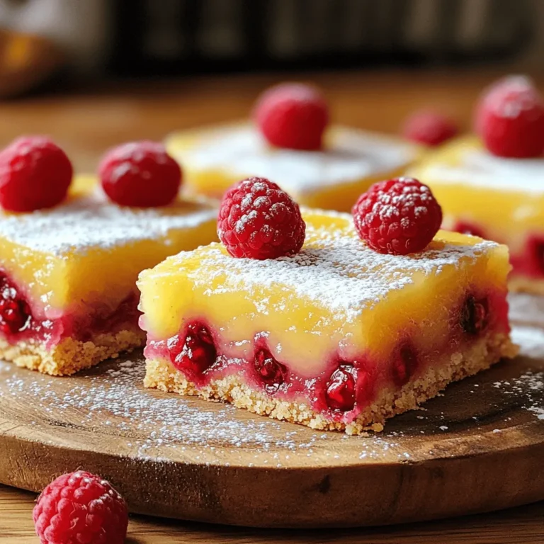 To make the best raspberry lemonade bars, you need fresh, high-quality ingredients. Here’s what you should gather: - 1 cup all-purpose flour - 1/4 cup powdered sugar - 1/2 cup unsalted butter, softened - 1/2 cup granulated sugar - 2 large eggs - 1/3 cup fresh lemon juice - Zest of 1 lemon - 1/2 cup fresh raspberries (plus extra for topping) - 1 teaspoon baking powder - Pinch of salt Each ingredient plays a key role in creating a sweet and tangy treat. The flour forms the base, while powdered sugar adds sweetness. Unsalted butter gives a rich flavor and smooth texture. Granulated sugar sweetens your filling, and eggs help bind everything together. Fresh lemon juice and zest brighten the dish. Raspberries provide a burst of flavor. Baking powder helps the bars rise, and salt balances the sweetness. For the full recipe, check out the entire list and instructions! - Preheat your oven to 350°F (175°C). - Line an 8x8 inch baking dish with parchment paper. Make sure to leave some overhang. This helps with easy removal later. - In a bowl, mix 1 cup of all-purpose flour, 1/4 cup of powdered sugar, and a pinch of salt. - Add in 1/2 cup of softened unsalted butter. Mix until it looks crumbly. - Press this crumbly mix evenly into the bottom of the baking dish. - In a separate bowl, whisk together 1/2 cup of granulated sugar and 2 large eggs. - Add 1/3 cup of fresh lemon juice, the zest of 1 lemon, and 1 teaspoon of baking powder. Mix until smooth. - Gently fold in 1/2 cup of fresh raspberries. Be careful not to break them. - Pour the filling over the crust. Spread it evenly with a spatula. - Bake in the oven for 20-25 minutes. The filling should be set and slightly golden around the edges. For the full recipe, check out the section above! To make the best Raspberry Lemonade Bars, start with softened butter. Softened butter mixes easier and gives a smooth crust. Always use fresh ingredients. Fresh lemons and ripe raspberries give the bars their sweet and tangy taste. Remember to adjust your baking time. Each oven is different, so watch the bars closely. Presentation matters when serving these bars. Dust them with powdered sugar right before serving. This adds a nice touch and makes them look fancy. For extra color, garnish with fresh raspberries and lemon wedges. This not only looks great but also adds flavor. {{image_2}} You can switch things up with flavor tweaks. If you want a different taste, substitute blueberries for the raspberries. Blueberries add a sweet touch that pairs well with lemon. You can also add a touch of mint for a refreshing twist. Mint gives a cool burst of flavor that brightens each bite. For those with dietary needs, there are great options. If you want a gluten-free crust, use almond flour or a gluten-free mix. These work well and still taste great. You can also explore vegan substitutes for eggs and butter. Use flax eggs or chia seeds for the eggs, and coconut oil in place of butter. This way, everyone can enjoy these bars! To keep your raspberry lemonade bars fresh, refrigerate them in an airtight container. This helps lock in moisture and flavor. You can store them in the fridge for up to five days. If you want to enjoy them later, freezing is a great option. To freeze the bars, first, let them cool completely. Then, cut them into squares. Wrap each square tightly in plastic wrap. Place the wrapped bars in a freezer-safe bag or container. They can last in the freezer for about three months. When you want to enjoy a bar, take it out of the freezer. Let it thaw in the fridge for a few hours or at room temperature for about an hour. This way, you can savor that sweet and tangy flavor whenever you like. For the full recipe, check the earlier sections. You can use frozen raspberries instead of fresh ones. They work well, too. Just be sure to thaw and drain them before using. You can also try other berries like strawberries, blueberries, or blackberries. Each berry gives a different taste, so feel free to mix them! Yes, you can make these bars a day in advance. They taste great after chilling in the fridge overnight. Just cover them well to keep them fresh. If you want the best flavor, serve them within two days. To check if the bars are done, look for a slight golden edge. You can also insert a toothpick in the center. If it comes out clean, they are ready! Let them cool completely before cutting for the best texture. This blog post showed you how to make tasty lemon raspberry bars. You learned about the key ingredients, the steps to prepare them, and tips for success. Keep fresh ingredients on hand for the best flavor. Remember, you can swap ingredients for fun variations. Store leftovers properly to enjoy them later. With this knowledge, you can bake these delightful bars for any occasion, impressing everyone with your skills. Dive in and start baking!