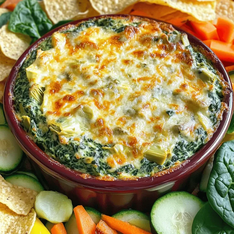 - 1 cup frozen spinach, thawed and drained - 1 cup canned artichoke hearts, drained and chopped - 1 cup cream cheese, softened - ½ cup sour cream - ½ cup mayonnaise - 1 cup shredded mozzarella cheese - ½ cup grated Parmesan cheese - 2 cloves garlic, minced - 1 teaspoon onion powder - ½ teaspoon red pepper flakes (optional for spice) - Salt and pepper to taste When making Creamy Spinach Artichoke Dip, each ingredient plays a key role. The frozen spinach gives a nice green color and earthy taste. Canned artichoke hearts add a unique flavor that you can't resist. Cream cheese brings a rich, creamy base. Sour cream and mayonnaise enhance the dip's smooth texture. Cheeses like mozzarella and Parmesan not only add flavor but also create a lovely, gooey melt. Garlic and onion powder bring depth to the dip. Red pepper flakes give a hint of heat, which you can adjust to your liking. Don’t forget to add salt and pepper to make all the flavors pop! - Alternatives for cream cheese: You can use Greek yogurt or a nut-based cream cheese. - Non-dairy options for sour cream and mayonnaise: Use cashew cream or coconut yogurt. - Using fresh spinach or artichokes: Fresh spinach can be sautéed, and fresh artichokes can be cooked and chopped for a more vibrant taste. These substitutions let you enjoy the dip while catering to different diets. They help keep the dip tasty, no matter the choice! For the full recipe, refer to the section above. 1. Preheat your oven to 375°F (190°C). This helps the dip cook evenly. 2. Grab a medium mixing bowl. Combine the softened cream cheese, sour cream, and mayonnaise. Mix until smooth and creamy. This base is key for a rich dip. 1. Now, add in the thawed, drained spinach and chopped artichoke hearts. These add tasty flavor and texture. 2. Stir in minced garlic, onion powder, and optional red pepper flakes. These seasonings give the dip a nice kick. 3. Finally, add the shredded mozzarella and grated Parmesan cheese. Mix well until everything is combined. This blend makes the dip cheesy and delicious. 1. Transfer the dip mixture into a baking dish. Spread it evenly across the dish. This ensures even cooking. 2. Bake in the preheated oven for 25 to 30 minutes. Look for a bubbly surface that is lightly golden on top. This shows your dip is ready. 3. Once done, remove it from the oven and let it cool slightly before serving. Enjoy your warm, creamy spinach artichoke dip! For exact details, you can check the Full Recipe. To make your dip creamy, use softened cream cheese. This helps it blend well. Mix it with sour cream and mayonnaise for a smooth base. If the dip feels too thick, add a little milk. This keeps it creamy without making it watery. To avoid a watery dip, drain the spinach and artichokes well. Squeeze out excess moisture from the spinach. Use a towel if needed. This step is key to keeping your dip thick and rich. Adding seasonings can elevate your dip. Try garlic powder or a sprinkle of Italian herbs. You can also toss in fresh herbs like basil or parsley for a fresh touch. Incorporating different cheeses can change the flavor. Mixing in some cheddar or cream cheese can add depth. Experiment to find your favorite blend. Each cheese brings a unique taste to the mix. Serve your creamy spinach artichoke dip warm. Pair it with crispy tortilla chips or fresh veggie sticks. Sliced baguette also works well for dipping. For a party, present the dip in an attractive dish. Arrange your dippers around the dip for a colorful spread. Garnish with extra Parmesan or fresh spinach leaves for a lovely finish. These small touches make a big impact! For the full recipe, check out the details above. {{image_2}} You can make a lighter version of creamy spinach artichoke dip. Use low-fat cream cheese, sour cream, and mayonnaise. This keeps the flavors while cutting calories. Adding more veggies boosts nutrition. Try mixing in chopped bell peppers or diced zucchini. These add color and crunch. You can also use fresh spinach instead of frozen for extra vitamins. Want a little heat? Make a spicy spinach artichoke dip! Add more red pepper flakes for a kick. You can also mix in jalapeños for extra spice. Different cheese blends can change the taste. Try mixing in smoked gouda or pepper jack cheese. These cheeses add depth and a unique twist to the classic flavor. For a Mediterranean flair, add sun-dried tomatoes and olives. This twist gives a fresh taste that surprises your guests. You can also sprinkle in fresh herbs like basil or oregano. During the holidays, consider adding festive ingredients. Cranberries or nuts can create a unique dip. These additions make it perfect for holiday gatherings. Check the full recipe for more ideas! To keep your creamy spinach artichoke dip fresh, store it in an airtight container. Place it in the fridge within two hours of cooking. This helps keep the dip tasty and safe. You can freeze the dip too. Just use a freezer-safe container and leave some space at the top. The dip can last up to three months in the freezer. When you want to eat it, thaw it in the fridge overnight before reheating. Reheating the dip is easy. The best method is in the oven. Preheat your oven to 350°F (175°C). Place the dip in an oven-safe dish. Heat it for about 20 minutes, or until it’s warm. You can also use the microwave for quick reheating. Heat it in short bursts, around 30 seconds, stirring in between. This keeps the dip smooth and creamy. Your creamy spinach artichoke dip lasts about three to four days in the fridge. Always check for signs of spoilage. If you see any mold or if it has an off smell, it’s best to throw it away. Keeping track of how long it’s been in the fridge helps ensure you enjoy every bite of this delicious dip. Yes, you can prepare this dip in advance. Make it up to a day before your event. Store it in an airtight container in the fridge. When ready to serve, simply bake it as directed. This saves you time and lets the flavors meld. You have many options for dippers. Try these: - Tortilla chips - Sliced carrots - Cucumber rounds - Toasted baguette slices - Pita chips Pairing it with a fresh salad or veggie platter adds a nice touch. Absolutely! You can make this dip fit various diets: - For gluten-free, use gluten-free dippers. - For vegan, swap cream cheese with cashew cheese and sour cream with coconut yogurt. - For low-carb, serve with veggies instead of chips. These changes keep the dip tasty while meeting your needs. For the complete recipe and details, check the Full Recipe above. In this blog, I shared a simple recipe for creamy spinach artichoke dip. You learned about the key ingredients, how to prepare them, and baking instructions. I also included tips for perfecting texture and flavor. The variations offer different twists and healthy options. If you follow the storage tips, you can enjoy leftovers later. Keep this recipe handy for gatherings or a cozy night in. Experiment and make it your own! Enjoy your delicious dip!